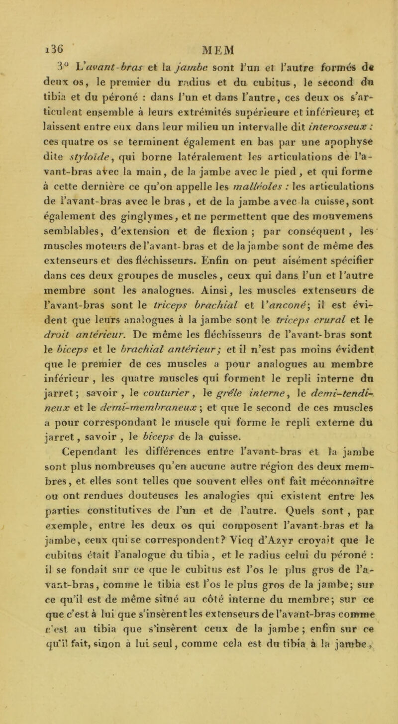 \Javant-bras et la jambe sont l’un eJ l’autre formés d« deux os, le premier du radius et du cubitus, le second dn tibia et du péroné : dans l’un et dans l’autre, ces deux os s’ar- ticulent ensemble à leurs extrémités supérieure et inférieure; et laissent entre eux dans leur milieu un intervalle dit interosseux : ces quatre os se terminent également en bas par une apophyse dite stjloïdey qui borne latéralement les articulations de l’a- vant-bras aVec la main, de la jambe avec le pied, et qui forme à cette dernière ce qu’on appelle les malléoles : les articulations de l’avant-bras avec le bras , et de la jambe avec la cuisse, sont également des ginglyines, et ne permettent que des mouveiuens semblables, d’extension et de flexion; par conséquent, les muscles moteurs de l’avant-bras et de la jambe sont de même des extenseurs et des fléchisseurs. Enfin on peut aisément spécifier dans ces deux groupes de muscles, ceux qui dans l’un et l’autre membre sont les analogues. Ainsi, les muscles extenseurs de l’avanl-bras sont le triceps brachial et Vanconé\ il est évi- dent que leurs analogues à la jambe sont le triceps crural et le droit antérieur. De même les fléchisseurs de l’avant-bras sont le biceps et le brachial antérieur ; et il n’est pas moins évident que le premier de ces muscles a pour analogues au membre inférieur , les quatre muscles qui forment le repli interne dn jarret; savoir, \e couturier, \e grele interne ^ \e demi-tendi~ neux et le demi-membraneux ; et que le second de ces muscles a pour correspondant le muscle qui forme le repli externe du jarret, savoir , le biceps de la cuisse. Cependant les différences entre l’avant-bras et la jambe sont plus nombreuses qu’en aucune autre région des deux mem- bres, et elles sont telles que souvent elles ont fait méconnaître ou ont rendues douteuses les analogies qui existent entre les parties constitutives de l’un et de l’autre. Quels sont , par exemple, entre les deux os qui composent l’avant-bras et la jambe, ceux qui se correspondent? Vicq d’Azyr croyait que le cubitus était l'analogue du tibia, et le radius celui du jx’roné : il se fondait sur ce que le cubitus est l’os le plus gros de l’a- vant-bras, comme le tibia est l’os le plus gros de la jambe; sur ce qu’il est de même situé au côté interne du membre; sur ce que c’est à lui que s’insèrent les extenseurs de l’avant-bras comme c’est au tibia que s’insèrent ceux de la jambe ; enfin sur ce qu'il fait, sinon à lui seul, comme cela est dn tibia à la jambe,