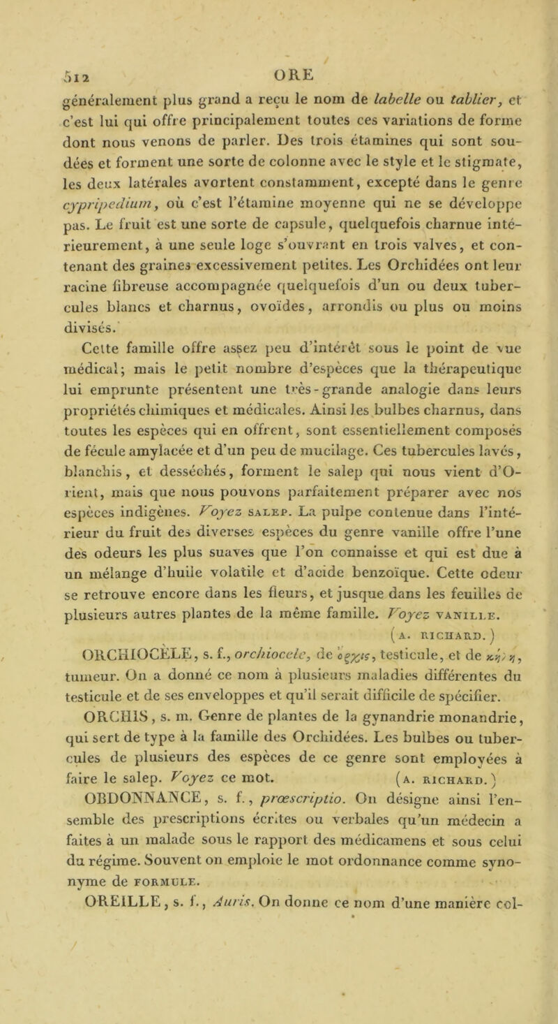 / 5i2 ORE généralement plus grand a reçu le nom de labelle ou tablier, et c’est lui qui offre principalement toutes ces variations de forme dont nous venons de parler. Des trois étamines qui sont sou- dées et forment une sorte de colonne avec le style et le stigmate, les deux latérales avortent constamment, excepté dans le genre cypripediuiny où c’est l’étamine moyenne qui ne se développe pas. Le fruit est une sorte de capsule, quelquefois charnue inté- rieurement, à une seule loge s’ouvrant en trois valves, et con- tenant des graines excessivement petites. Les Orchidées ont leur racine fibreuse aecompagnée quelquefois d’un ou deux tuber- cules blancs et charnus, ovoïdes, arrondis ou plus ou moins divisés. Celte famille offre assez peu d’intérél sous le point de vue médical; mais le petit nombre d’espèces que la théi’apeutique lui emprunte présentent une très-grande analogie dans leurs propriétés chimiques et médicales. Ainsi les bulbes charnus, dans toutes les espèces qui en offrent, sont essentiellement composés de fécule amylacée et d’un peu de mucilage. Ces tubercules lavés, blanchis, et desséchés, forment le salep qui nous vient d’O- rieut, mais que nous pouvons parfaitement préparer avec nos espèces indigènes. Voyez salep. La pulpe contenue dans l’inté- rieur du fruit des diverses espèces du genre vanille offre l’une des odeurs les plus suaves que l’on connaisse et qui est due à un mélange d’huile volatile et d’acide benzoïque. Cette odeur se retrouve encore dans les fleurs, et jusque dans les feuilles de plusieurs autres plantes de la même famille. Voyez vanille. (a. niCHAUD. ) ORCrllOCÈLE, s. f., orchiocclc, de testicule, et de tumeur. On a donné ce nom à plusieurs maladies différentes du testicule et de ses enveloppes et qu’il serait difficile de spécifier. ORCHIS , s. m. Genre de plantes de la gynandrie monandrie, qui sert de type à la famille des Orchidées. Les bulbes ou tuber- cules de plusieurs des espèces de ce genre sont employées à faire le salep. Voyez ce mot. (a. richard.) OBDONNANCE, s. f., prœscriptio. Ou désigne ainsi l’en- semble des prescriptions écrites ou verbales qu’un médecin a faites à un malade sous le rapport des médicamens et sous celui du régime. Souvent on emploie le mot ordonnance comme syno- nyme de formule. OREILLE, s. 1., Auns, On donne ce nom d’une manière ccl- /