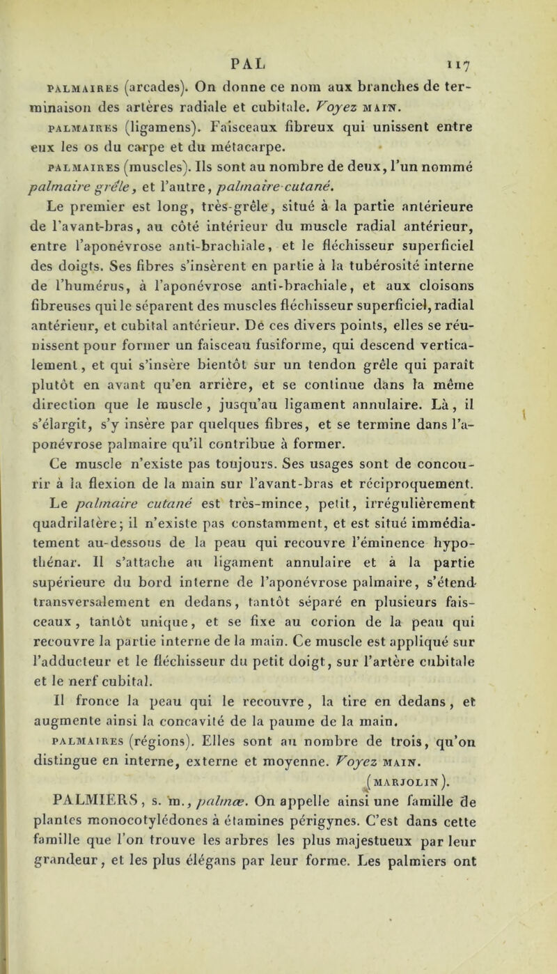 PALMAIRES (arcades). On donne ce nom aux branches de ter- rninaisou des arlères radiale et cubitale. Voyez main. PALMAIRES (ligamens). Faisceaux fibreux qui unissent entre eux les os du carpe et du métacarpe. PALMAIRES (muscles). Ils sont au nombre de deux, l’un nommé palmaire grêle, et l’autre, palmaire cutané. Le premier est long, très-grêle, situé à la partie antérieure de l’avant-bras, au côté intérieur du muscle radial antérieur, entre l’aponévrose anti-brachiale, et le fléchisseur superficiel des doigts. Ses fibres s’insèrent en partie à la tubérosité interne de l’humérus, à l’aponévrose anti-brachiale, et aux cloisons fibreuses qui le séparent des muscles fléchisseur superficiel, radial antérieur, et cubital antérieur. Dé ces divers points, elles se réu- nissent pour former un faisceau fusiforme, qui descend vertica- lement , et qui s’insère bientôt sur un tendon grêle qui paraît plutôt en avant qu’en arrière, et se continue dans la même direction que le muscle, jusqu’au ligament annulaire. Là, il s’élargit, s’y insère par quelques fibres, et se termine dans l’a- ponévrose palmaire qu’il contribue à former. Ce muscle n’existe pas toujours. Ses usages sont de concou- rir à la flexion de la main sur l’avant-bras et réciproquement. Le palmaire cutané est très-mince, petit, irrégulièrement quadrilatère; il n’existe pas constamment, et est situé immédia- tement au-dessous de la peau qui recouvre l’éminence hypo- tliénar. Il s’attache au ligament annulaire et à la partie supérieure du bord interne de l’aponévrose palmaire, s’étend- transversalement en dedans, tantôt séparé en plusieurs fais- ceaux, tantôt unique, et se fixe au corion de la peau qui recouvre la partie interne de la main. Ce muscle est appliqué sur l’adducteur et le fléchisseur du petit doigt, sur l’artère cubitale et le nerf cubital. Il fronce la peau qui le recouvre, la tire en dedans, et augmente ainsi la concavité de la paume de la main. PALMAIRES (régions). Elles sont au nombre de trois, qu’on distingue en interne, externe et moyenne. Voyez main. J^marjolin). PALMIERvS, s. va,, palmœ. On appelle ainsi une famille de plantes monocotylédones à étamines pérlgyncs. C’est dans cette famille que l’on trouve les arbres les plus majestueux par leur grandeur, et les plus élégans par leur forme. Les palmiers ont