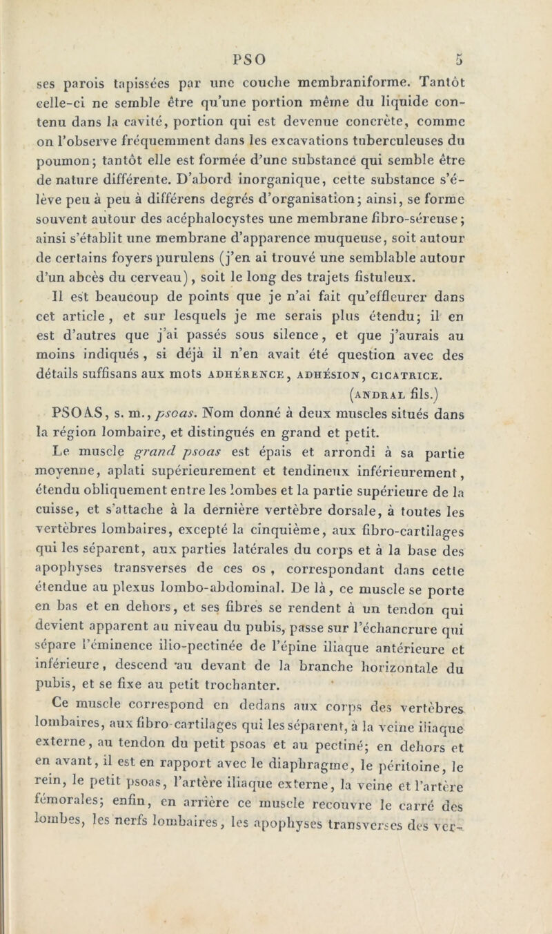 ses parois tapissées par une couche mcmbraniforme. Tantôt celle-ci ne semble être qu’une portion même du liquide con- tenu dans la cavité, portion qui est devenue concrète, comme on l’observe fréquemment dans les excavations tuberculeuses du poumon; tantôt elle est formée d’une substance qui semble être dénaturé différente. D’abord inorganique, cette substance s’é- lève peu à peu à différens degrés d’organisation; ainsi, se forme souvent autour des acéphalocystes une membrane lîbro-séreuse ; ainsi s’établit une membrane d’apparence muqueuse, soit autour de certains foyers purulens (j’en ai trouvé une semblable autour d’un abcès du cerveau), soit le long des trajets fistuleux. Il est beaucoup de points que je n’ai fait qu’effleurer dans cet article, et sur lesquels je me serais plus étendu; il en est d’autres que j’ai passés sous silence, et que j’aurais au moins indiqués , si déjà il n’en avait été question avec des détails suffisans aux mots adhérence, adhésion, cicatrice. (andral fils.) PSOA.S, s. m., psoas. Nom donné à deux muscles situés dans la région lombaire, et distingués en grand et petit. Le muscle grand psoas est épais et arrondi à sa partie moyenne, aplati supérieurement et tendineux inférieurement, étendu obliquement entre les lombes et la partie supérieure de la cuisse, et s’attache à la dernière vertèbre dorsale, à toutes les vertèbres lombaires, excepté la cinquième, aux fibro-cartilages qui les séparent, aux parties latérales du corps et à la base des apophyses transverses de ces os , correspondant dans cette étendue au plexus lombo-abdominal. De là, ce muscle se porte en bas et en dehors, et ses fibres se rendent à un tendon qui devient apparent au niveau du pubis, passe sur l’échancrure qui sépare l’éminence ilio-pectinée de l’épine iliaque antérieure et inférieure, descend -au devant de la branche horizontale du pubis, et se fixe au petit trochanter. Ce muscle correspond en dedans aux corps des vertèbres lombaires, aux fibro cartilages qui les séparent, à la veine iliaque externe, au tendon du petit psoas et au pectiné; en dehors et en avant, il est en rapport avec le diaphragme, le péritoine, le rein, le petit psoas, l’artère iliaque externe, la veine et l’artère fémorales; enfin, en arrière ce muscle recouvre le carré des lombes, les nerfs lombaires, les apophyses transverses des ver-