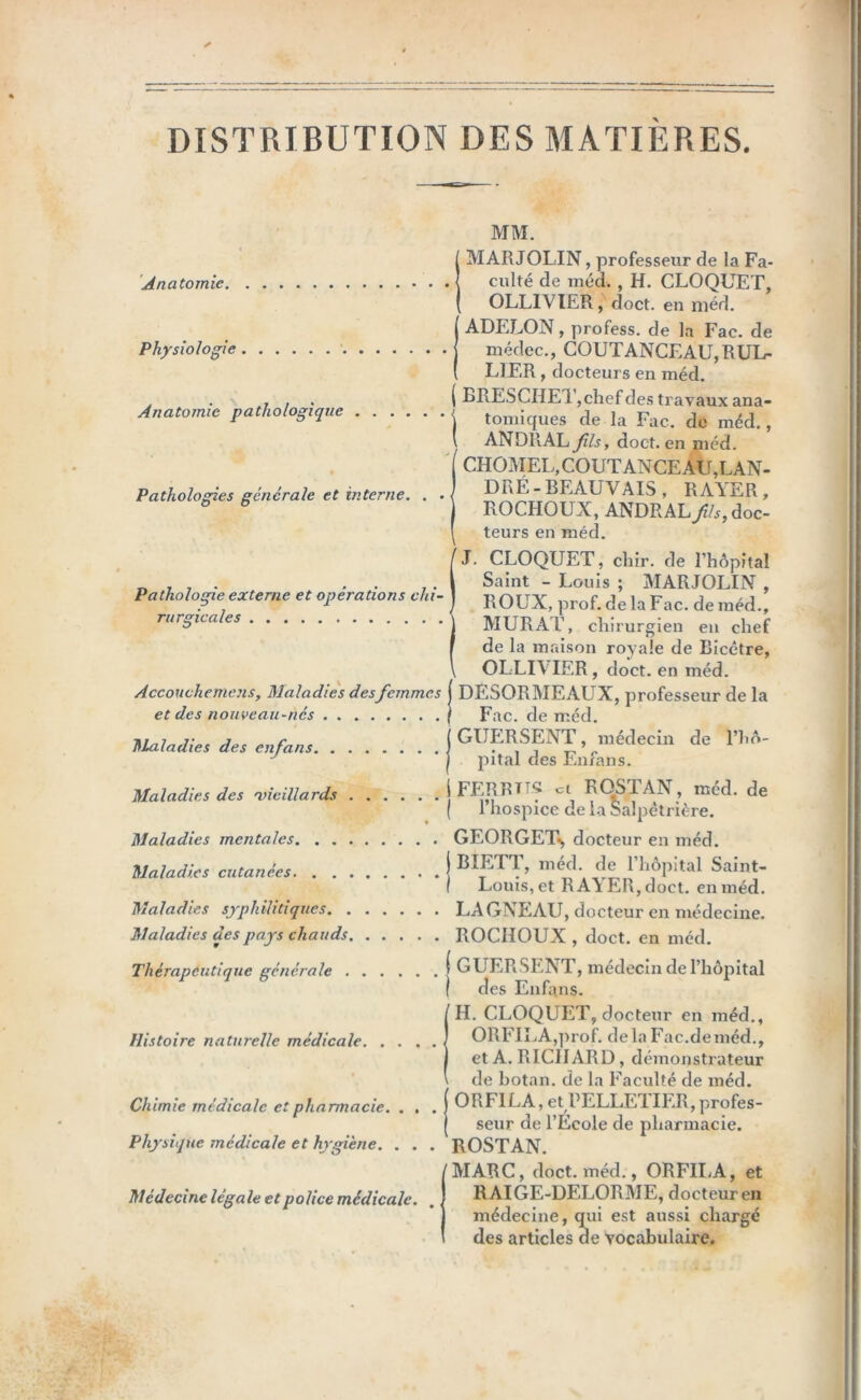 DISTRIBUTION DES MATIÈRES. Anatomie. Physiologie Anatomie pathologique Pathologies générale et interne. . . Pathologie externe et opérations chi- rurgicales Accouchements, Maladies desfemmes et des nouveau-nés . . Maladies des enfans. . , Maladies des 'vieillards Maladies mentales. . . Maladies cutanées. . . Maladies syphilitiques. . Maladies des pays chauds MM. MARJOLIN, professeur de la Fa- culté de raéd. , H. CLOQUET, OLLIVIER, doct. en méd. ADELON, profess. de la Fac. de médec., COUTANCEAU,RUL- L1ER , docteurs en méd. BRESCHET, chef des travaux ana- tomiques de la Fac. de méd., ANDRAL fis, doct. en méd. CHOMEE,COUT ANCEAU,LAN- DRÉ-BEAUVAIS , RAYER, ROCIIOUX, ANDRAL//^doc- teurs en méd. J. CLOQUET, cliir. de l’hôpîtal Saint - Louis ; MARJOLIN , ROUX, prof, de la Fac. de méd., MURAT, chi rurgien en chef de la maison royale de Bicétre, OLLIVIER, doct. en méd. DÉSORMEAUX, professeur de la GUERsÏnt?''médecin de Hô- pital des Enfans. iFERBTTS ci ROSTAN, méd. de ( l’hospice de la oalpètrière. GEORGET^ docteur en méd. ) B1ETT, méd. de l’hôpital Saint- I Louis, et RAYER, doct. en méd. LA GNEAU, docteur en médecine. ROCHOUX , doct. en méd. Thérapeutique générale ( GUERSENT, médecin de l’hôpital ) des Enfans. Histoire naturelle médicale Chimie médicale et p h armacie. . . . Physique medicale et hygiène. . . . Médecine légale et police médicale. . [H. CLOQUET, docteur en inéd., | ORFILA,prof. delà Fac.deméd., 1 et A. RICHARD, démonstrateur \ de botan. de la Faculté de méd. 0RF1LA, et PELLETIER,profes- seur de l’Ecole de pharmacie. ROSTAN. MARC, doct. méd., ORF1LA, et RAIGE-DELORME, docteur en médecine, qui est aussi chargé des articles de vocabulaire.