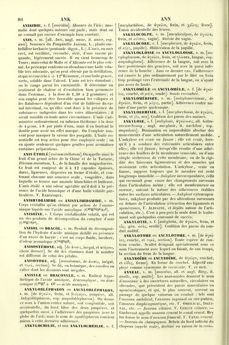 AIVIRIDIE, s. f. [aniridia]. Absence de I'iris; ano- malie dont quelques auteurs out parle, niais dont on ne connait pas encore d'exemple bien constate. AIMS, s. m. [all. Anis, angl. anise, it. anice, esp. anis\. Semence du Pimpinella Anismn, L.; planteoni- bellifere herbacee (pentandr. digyn., L.). Vanis, ou anis vert, est verdatre, reconrbe, stiie, d'nne saveur pi- quante, legerement sucree. II en vient beaucoup dc Tours; maiscelui de Malte et d'Alicante est le plus csti- me. Le pericarpe renl'ermeenabondanceune huilc vola- tile tres odorante, qu'on peut obtenir par la distillation, etqui se concrete a ~\- 1 2° Reaumur, etune huilc grasse, verte, soluble dans I'alcool. L'anis est tres stimulant; on le range parmi les carminatifs. 11 determine un sentiment de chaleur ct d'excitation bien prononcee dans I'estomac, a la dose de 1,30 a 2 grammes; et son emploi peut etrc favorable quand les coliques et les fiatulences dependent d'un etat de faiblesse du ca- nal intestinal, ou qu'elles sont dues a la presence de substances indigestes dans les voies alimentaires : il serait nuisible en toute autre circonstance. L'anis s'ad- rninistre ordinairemenl en infusion theiforme a la dose de i gram, a 8 par pinte d'eau, mais il en faudrait le double pour avoir un effet marque. On Temploie sou- vent pour masquer la saveur des purgatifs. L'huile es- sentielle est trop active pour etre employee seule ; on en ajoute seulement qudqucs gouttes pour aromatiser certaines prepaiations. ANIS KTOILE [anisumsleUatum].OnappeWc ainsi le fruit d'un grand arbre dc la Chine ct de la Tartaric, lUicium anisatum, L., de la famille des magnoliacees. Ce fruit est compose de 6 a 12 capsules epaisses, dures, ligneuses, disposees en forme d'etoile, et con- tenant chacune une semence ovale , rougeatre, dans laquelle se trouve une amande blanchatre et huileuse. L'anis etoile a une odeur agreable qu'il doit a la pre- sence de I'acide henzoique et d'une huile volatile par- ticuliere. V. Badianique. A1\1SHYDRA\IIDE OU AIXISYLIMIDAMIDE, s. ni. Corps cristalhn qu'on obtient par action de Uammo- niaque liquide sur I'acide anisylique {Vjm'^iO^Az^}. ANISOi'lVE, s. f. Corps cristallisable volatil, qui est un des produits de decomposition du camphre d'anis _ AIVISOL ou DRACOL, s. m. Produit de decomposi- tion de I'hydrate d'acide anisique distille en presence d'un execs de baryte ; c'est un corps fluide, incolore, d'odeur aromatique (C'-'HSO^). ANISOSTEMOIVE, adj. [de avirjcj, inegal, et arrlu.Mv, chose dressee]. Se dit des litamines dont le nombre est different de celui des petales. AAilSOTOlUE, adj. [anisotomus, de aviao;, inegal, et TO[j.r„ section]. Se dit, cn botanique, des corolles ou calice dont les divisions sont inegales. AIVISYLE ou DRACOIVYLE, s. m. Radical hypo- thetique de r^/c(V/p anisique, dracoin/lique, ou dra- coniqiie (C'H'+ 03 = acide anisique). AIVKYLOBLEPHARUIM ou AINCYLOBLKPHAROIV, s. m. [de a-'/.'j>./, frein, el fi/.;ta;ov, ]iaupi(''rc, all. Anhyloblepharon, esp. anqiiilobiepharon]. On donne ce noiu a I'union conlre nature, soit congenitale, soit accidcntellc, du bord libre des deux paujiieres, et quelquefois aussi a I'adhcrence des paupieres avec le globe de I'lril; mais le nom de symblepharon convient mieux a cette derniere adherence. ANKYLOCHIME, et non ANKYLOCHEIKIE, s. f. [anciilochUio)}, de a-j'y.'jXvi, frein, et yjI'Mi, levre]. Union accidentelle des levres. ANKYLOCOLPE, s. m. [ancylocoJpiis, de ij/M\-n, frein, et jco'/.tto;, vagin]. Atresie du vagin.' Al\KYLOCORE, s. f. [ancyJocore, de iy-u/.n, frein, ct/.ci'p'.-,, pupille]. Obliteration de la pupille. ANKYLOGLOSSE ou AIVCYLOGLOSSE, s. m. [rt;i- cyloglossum, de a-^/.uXr,, frein, et cXwtKra, langue, esp. anquiloglosso]. .\dherence dc la langue, soit avec la face posterieure des gencives, soit avec la parol infe- reure dc la bouche : dans ce dernier cas, radherencc est causee le plus ordinairement par le filet ou frein trop prolonge vers I'extremite de la langue, ou n'ayant pas assez de laxite. ANKYLOMELE ou AIVCYLOIWfeLE, s. f. [de a-yxu- Ac;, courbe, et fj.r.'i-r,, sonde]. Sonde recourbee. AIVKYLOMERISiWE, s. m. [ankylomerismus, de a-j'x.uXr,, frein, ct f.:'po;, partie]. Adherence centre na- ture d'une partie quelconque. AIV'KYLORRHII^IE, s. f. [anojlorrhinia, de ky/jXr,, frein, et plv, ncz]. Coalition des parois des narines. ARiKYLOSE, s.f. [ankylosis, a-jxuAwai?, all. Gelen- verwachsung , angl. ancylosis, it. anchilosi, esp. anquilosis]. Diminution ou impossibilite absolue des mouvements d'une articulation naturellement mobile. L'ankylose est vmie ou fausse : elle est rraie, lors- qu'il y a soudure des extremites articulaifes entre ellos; elle est fausse, lorscju'elle resulte d'une adhe- rence des feuillets de la membrane synoviale, ou d'une simple secheresse de cette membrane, ou de la rigi- dite des faisceaux ligamenteux et des muscles qui avoisinent cette articulation. L'ankylose, vraie ou fausse, suppose toujours que le membre est reste longtemps immobile.—Anhjlose intracapsulaii'e, celle qui reconnait pour cause des changements survenus dans I'articulation menie; elle est membraneuse ou osseu.'<e, suivant la nature des adherences etablies entre les surfaces articulaires.—Ankylose extracapsu- laire, ankylose produite par des alterations survenues en dehors de I'articulation (retraction des ligaments et aponuvroses, V. Albugine, et depots autour de I'arti- culation, etc.). C'est a peu pres la seule dont le traite- ment soit quelquefois couronn6 de succes. Ai\KYLOTIE, s. f. [ankylotia, de dydkr,, frein, et oi;, gen. wro;, oreille]. Coalition des parois du con- duit auditif. ANKYLOTOME ou ANCVLOTOIHE, s. m. [de i.y\j- Xo;, courbe, et zcu.ri, section]. Toute espece de cou- teau courbe. Scultet dcsignait specialement sous ce nom I'instrument avec lequel on faisait, de son temps, la section du frein de la langue. AIVKYROIDE OU AKCYROIDE, de ay.upa, crochet, c\, dS'o;, forme]. En forme de crochet. Adjectif em- ploye comme synonynie de coracuide. V. ce mot. Al\l\EAll, s. m. [annuhis, all. et angl. Ring, it. anello, esp. aniHo\. Les anatomistes donnent le nom A'anneaux a des ouvertures naturellcs, circulaires ou obi'ondes, que presentent des parois muscvdaires ou apoiuHrotiques, et qui, le plus souvcnt, servent au passage de quelque vaisseau ou conduit : tels sont Vanneau ombilical, Vanneau inguinal ou sus-pubien, Vanneau diaphragmatique, etc. V. Ombii.icai,, Ingiu- NAL, etc.—Anneau viliaire. V. Cerci.e riliaire.— Gimbernat appelle anneau crural le canal crinal. Hey lui donne le nom (Vanneau femoral. V. Ca^AL crural. —Anneau du champignon. Debris du bord indechi du chapeau (appcle voile), dechire en raison de la crols-