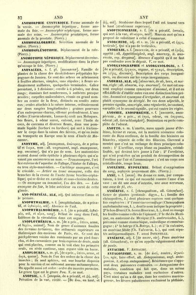 AIVOMORPHIE CYSTDRIOHE. Forme anomale de la vessie. — Anomorphie hepatique, forme ano- male du foie. — Anomorphie ncphrique, forme ano- male des reins. — Anomorphie prostatique, forme anomale de la prostate. (Piorry.) ANOMOSIALORRHEE. SecrfMion anomale de la salive. (Piorry.) ANOIMOSPLENOTOPIE. Deplacement de la rate. (Piorry.) ANOMOTOPIE IMEPHRJOUE. Deplacement des reins. — Anomotopie hepatique, modifications dans la place qu'occupe le foie. (Piorry.) ANOIVACEES, s. f. pi. [anonacecB]. Famille de plantes de la classe des dicotyledones polypetales hy- pogynes de Jussieu. Ce sent des arbres ou arbrisseaux a feuilles alternes, simples, sans stipules; a fleurs or- dinairement axillaires, quelquefois terminales. Calice persistant, a 3 divisions; coroUe a 6 petales, sur deux rangs; etamines fort nombreuses, a antheres presque sessiles; carpelles uniloculaires, reunis en grand nom- bre au centre de la fleur, distincts ou sondes entre eux; ovules attaches a la suture interne, ordinairement sur deux rangees longitudinales ; graines pourvues d'un endosperme charnu, sillonne profondement. L'une d'eWes (Uvariaodorata, Lamarck) croit aux Moluques. Ses fleurs, a odeur suave, entreat, avec I'huile de coco, de curcuma et diverses fleurs, dans une pom- made liquide {borbori on boribori) qui sert a friction- ner le corps dans la saison des iievres, et qu'on imite ou transporte en Europe sous le nom d'huile de Ma- cassar. ANONYME, adj. [anonymus, avwvuy.o;, de a priva- tif et ovou.a, nom ; all. ungenannt, angl. anonymous, esp. anonimo']. Qui n'a pas de nom. Les anatomistes avaient donne cette epilhete a plusieurs objets qui n'a- vaientpas encorereruun nom.— Trouanonyme, I'ori- ficeexternederaqueduc de Fallope, I'liiatus de Fallope, ou troii stylo-mastoidien. —CartHage anonyme, c'est le cricoide. — Artere ou tronc anonyme, celle des branches de la crosse de I'aorle (tronc brachio-cepha- lique) quise divise en carotide et sous-clavieredroites. — Os anonyme ou innomine, I'os des iles. — Lobe anonyme dw foie, le lobe anlcrieur ou carre de celte glande. AIVO-PERIIVEAL, ALE, adj. Qui interesse I'anus et le perinee. _ ANOPHTHALIUIE, s. f. [anophthalmia, de apriva- tif, et i&SaXij.o;, reil]. Absence de I'oeil. ^ ANOPHTHALMOHEMIE, s. f. [de a privatif, i'^bxl- [j.ci;, ceil, et aiy.-/., sang]. Defaut de sang dans I'ceil, faiblesse de la circulation dans cet organe. ASVOPLOTHERIUH, s. m. [de apriv., iVAov, arme, et O/ip'sv, animal]. Nom de genre d'animaux fossiles des terrains tcrliaires, des sediments supe'rieurs ou ihalassiques des environs de Paris, etc. Ce sont des pachydermes voisins des ruminants par un pied four- chu, et des carnassiers par trois especes de dents, mais qui sont placees, comma on le voit chez les primates seuls, en serie continue, sans espace vide ou barre. AWIOPLOURES, s. m. pi. [de xpriv., ottXsv, arme, et oupa, queue]. Nom de I'un des ordres de la classe des insectes ; ils sont apteres, out une bouche disposee pour la succion et ne subissent aucune metamorphose. On appelle aussi cet ordre : ordre des insectes parasites. Le genre type est le genre Pom. V. ce mot. AIVOPSIE, s. f. [anopsia, de a privatif, et ceil]. Privation de la vue, cccite. — [De «vto, en iiaut, et w'l, ocil]. Strabisme dans lequel I'ceil est tourne vers le liaut (strabismus supernus). ANOPTICOIVERVIE, s. f. [de a privatif, oirrab;, qui sert a la vue, etvejpov, nerf]. Mauvais mot qu'on a propose de substituer a celui d'amaurose. AIVORCHIDE, adj. et s. m. [de a privatif, et opy/,-, testicule]. Qui n'a pas de testicules. AIVOREXIE, s. f. [anorexia, de a privatif, et appetit ; all. Appetitlosigkeit, angl. anorejcy, it. ano- ressia, esp. desgana]. Absence d'appetit qu'il ne faut pas confondre avec le degout. V. ce mot. AniORGAIVOGRAPHIE et ANORGAIVOLOGIE, S. f. [de a privatif, op-^'avov, organe, et ^pacpyi, description, ou /.i-]fc;, discours]. Description des corps inorgani- ques, ou discours sur les corps inorganiques. AIVORIVIAL,ALE, adj.[abHocmi's,de ab, hors, elnor- ma, regie ; all. abnorni, esp. anormal]. Ce mot est sou- vent employe comme synonyme iVanomal, et il est en effet difficile d'etablir entre eux une distinction bien pre- cise..'loomfti est synonyme d'irreg^ilier, et anormal est plutot synonyme de deregle. De ces deux adjectifs, le premier signifie, sans regie, sans regiilarite, inconstant, variable ;et le second signifie, qui est contre les regies. AiVOSlMIE, AIMOSPHRESIE, s. f. [anosmia, anos- phresia, de a priv., et oap.r;, odeur, ou oGopviai;, odorat; all. Geruchlosigkeit]. Diminution ou perte com- plete de I'odorat. ANOTTO, s. m. L'anotto, aussi appele jaune d'Or- leans, bixine et rocoii, est la matiere resineuse colo- rante du Bixa orellana, de la famille des bixinees ou bixacees, scparee de celle des filiacees. Chevreul a montre que c'est un melange de deux principes colo- rants: 1 L'orelline, corps blanc ou jaunatre, cristal- lisable, qui devient tres jaune a Fair ; 2° I'orellein'e, qui n'est peut-etre qu'un produit de decomposition de l'orelline par Fair et Fammoniaque : c'est un corps non cristallisable, rouge brun. AlVOXEMIE, HYPOXEIMIE. Defaut d'oxygenation du sang, asphyxie proprement dite. (Piorry.) A!\SE, s. f. [ansa]. On donne ce nom, par compa- raison, a tout ce qui est recourbe comme Fanse d'un vase : on dit une anse d'intestin, une anse nerveuse, une anse de fil, etc. ANSERIIVE, s. f. [chenopodium, all. Gdnsefuss]. Genre de plantes (pentandr. digyn., L.; famille des chenopodees, J.) dout plusieurs especes sont quelque- fois employees ; i Vanserine vermifuge [Chenopodium anlhehninthicum, L.), dontlenom indique lapropriete ; 2°\ebon-Henri(Ch. bonusHenricus, L.), dont on mange les feuilles comme cellesde I'epinard; 3le the'du Mexi- que, ou ambroisie du Mexique [Ch. ambrosioides, L.), preconise comme stomachique, sudorifique etemmena- gogue ; 4 le botrys [Ch.Botrys, L.); et 3 la vulvaire, ou anserine fetide (Ch. Vnlvaria, L.), qui sont repu- tes antispasmodiques. V. aussi Potentille. AlVSERlNE, adj. f. [de anser, oie]. Peau anserine (all. Giinsehaut), ce qu'on appelle vulgairement c/»a»r de poule. AIVTACIDE. V. AnTIACIDE. ANTAGONISME, s. m. [de dvT;, conlre, a-juv!- ■(=.1/, agir, faire effort, all. Antagonismus, angl. anta- gonism, it. et esp. anfagiontsmo]. Resistance que s'oppo- sent deux puissances contraires. — Anlagonisme des maladies, condition qui fait que, dans un meme pays, ccrtaines maladies sont exclusives d'autres. C'est ainsi qu'on a dit que, dans les contrees mareca- geuses, les fievres paludeennes excluaient la phthisic.