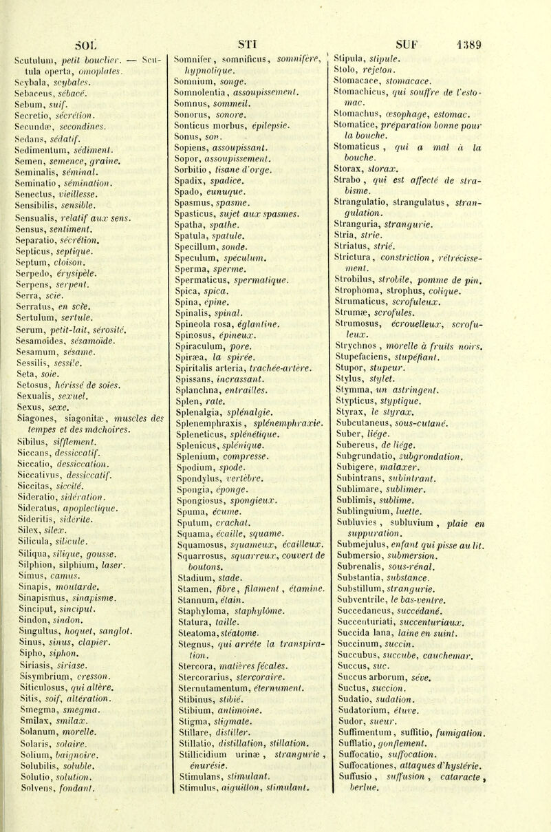 SOL Scutuliuii, pelil hourlirr. — Scu- tula operta, omophiles. Scybala, scybalrs. Sebarpns, scbace. Sebum, suif. Secretio, secretion. SecuncliiP, sccondines. Sedans, sc'dalif. Sedimentum, sedimenl. Semen, semence, graine. Seminalis, seminal. Seminatio, seminalion. Senectus, vieillesse. Sensibilis, sensible. Sensualis, relatif mix sens. Sensus, sentiment. Separatio, secretion. Septicus, seplique. Septum, cloison. Serpedo, erysipele. Serpens, serpent. Serra, scie. Serratus, en scte. Sertulum, sertule. Serum, petit-lait, se'rosite, Sesamoides, scsamo'ide. Sesamum, sesame. Sessilis, sessile. Seta, soie. Setosus, herissc de soies. Sexualis, sexuel. Sexus, sexe. Siagones, siagonita?, muscles des tempes et des mdchoires. Sibihis, sifflement. Siccans, dessiccatif. Siccatio, dessiccation. Siccativus, dessiccatif. Siccitas, siccile. Sideratio, siderotion. Sidcratus, apoplectique. Sideritis, siderite. Silex, silex. Silicula, silicule. Siliqua, silique, gousse. Silphion, silpbium, laser. Simus, camus. Sinapis, moutarde. Sinapismus, sinapisme. Sinciput, sinciput. Sindon, sindon. Singultus, hoquet-, sanglot. Sinus, sinus, clapier. Sipho, siphon. Siriasis, siriase. Sisymbrium, cresson. Siticulosus, qui alters. Sitis, soj/, alteration. Smegma, smegma. Smilax, smilax. Solanum, morelle. Solaris, solaire. Solium, baignoire. Solubilis, soluble. Solutio, solution. Solvens, fondant. STI Somnifcr, somnificus, somnifi-re, liypnolique. Somnium, songe. Somnolentia, assoupissetnenl. Somnus, sommeil. Sonorus, sonore. Sonticus morbus, epilepsie. Sonus, son. Sopiens, assoupissant. Sopor, assoupissement. Sorbitio, tisane d'orge. Spadix, spadice. Spado, eunuque. Spasmus, spasme. Spasticus, sujet aux spasmes. Spatha, spathe. Spatula, spatule. Specillum, sonde. Speculum, speculum. Sperma, sperme. Spermaticus, spermalique. Spica, spica. Spina, epine. Spinalis, spinal. Spineola rosa, eglantine. Spinosus, epineux. Spiraculum, pore. Spirfpa, la spire'e. Spiritalis arteria, trachee-artere. Spissans, incrassant. Splancbna, entrailles. Splen, rale. Splenalgia, splenalgie. Splenemphraxis, splenemphraxie. Spleneticus, splenelique. Splenicus, splenique. Splenium, compresse. Spodium, spode. Spondylus, vertebre. Spongia, cponge. Spongiosus, spongieux. Spuraa, ecume. Sputum, crachat. Squama, ecaille, squame. Squamosus, squameux, ecailleux. Squarrosus, squarreu r, couverl de boutons. Stadium, stade. Stamen, fibre, filament, etamine. Stannum, etain. Staphyloma, staphylOme. Statura, taille. Slealoma,stealome- Stegnus, qui arrele la transpira- tion. Stercora, matieres fecales. Stercorarius, stercoraire. Sternutamentum, eternument. Stibinus, stibie. Stibium, antimoine. Stigma, stigmate. Stillare, distiller. Stillalio, distillation, sfitlation. Stillicidiiim urina), slrangurie , enuresis. Stimulans, stimulant. Stimulus, aiguillon, stimulant. SUF 1:589 SUpuia, stipule. Stolo, rejeton. Stomacare, stomacace. Stomachicus, qui souffre de I'esto- mac. Stomaclius, lesophage, eslomac. Stomatice, preparation bonne pour la bouche. Stomaticus , qui a mal a la bouche. Storax, slorax. Strabo , qui est affecte de stra- bisme. Strangulatio, strangulatus, stran- gulation. Stranguria, strangurie. Stria, strie. Striatus, strie. Strictura, constriction, retre'cisse- ment. Strobilus, strobile, pomme de pin. Strophoma, strophus, colique. Strumaticus, scrofuleux. Strumte, scrofules. Strumosus, ecrouelleux, scrofu- leux. Stryclinos , morelle a fruits noirs. Stupefaciens, stupefiant. Stupor, stupeur. Stylus, stylet. Stymma, un astringent. Stypticus, styptique. Styrax, le styrax. Subcutaneus, sous-cutane. Suber, liege. Subereus, de liege. Subgrundatio, zubgrondation. Subigere, malaxer. Subintrans, subintrant. Sublimare, sublimer. Sublimis, sublime. Sublinguium, luette. Subluvies, subluvium , plaie en suppuration. Submejulus, enfant quipisse au lit. Submersio, submersion. Subrenalis, sous-renal. Substantia, substance. Substillum, strangurie. Subventrilc, le bas-ventre. Succedaneus, succedand. Succeiituriati, succenturiaux. Succida lana, la in e en suint. Succinum, succin. Succubus, succube, cauchemar. Succus, sue. Succus arborum, seve. Suctus, succion. Sudatio, sudation. Sudatorium, etuve. Sudor, sueur. Suffimentum, sufTitio, fumigation. Sufflatio, gonflement. Suffocatio, suffocation. Sulfocationes, attaques d'hyslerie. Suffusio , suffusion , cataracte , berlne.