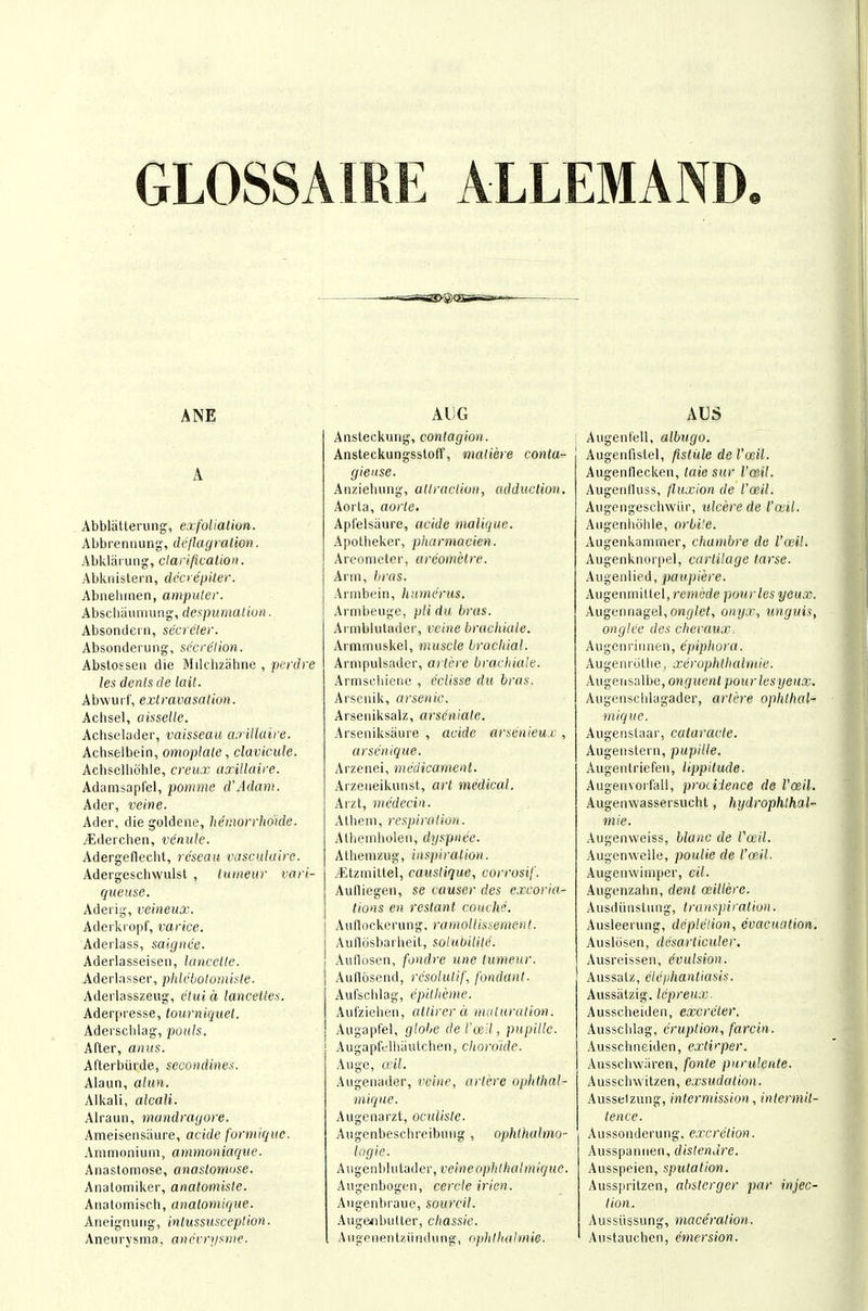 GLOSSAIRE ALLEMx\ND ANE A Abblatterung, exfoliation. Abbrennung, detlagralion. Abklarung, clarification. Abknistei n, dcoeijiter. Abnebinen, ampuler. Abscliiiiiinuiig, de^ipumatiuii. Absondei n, seacler. Absonderung', secrclion. Abstosseu die Milchzahne , perdre les dents de lait. Abwui f, extravasation. Achsel, aisselle. Achseiader, vaisseau a.rillaire. Achseibein, omoptale, clavicule. Achselhohle, creux axillaire. Adamsapfel, potnmc d'.idam. Ader, veine. Ader, die goldene, liemorrhdide. .-Edeichen, venule. AdergefleciU, reseau casculuire. Adergeschwulst , tuineur rari- queuse. Adei ig, veineux. Adei ki opf, varice. Adeilass, saignee. Aderlasseiseii, lancette. Aderlasser, pidcbolomisle. Aderlasszeug, etui a lancettes. Aderpresse, tourniquet. Adei'sclilag, pouls. After, anus. Afterbiirde, secondines. Alaun, alun. Alkali, alcali. Alraun, mandragore. Ameisensaure, acide furniique. Ammonium, ammoniaque. Anastomose, anastomase. Anatomiker, anatomiste. Aiiatomisch, anatomique. Aneignurig, intussusception. Aneurysms, ancvrysme. AUG Ansteckung, contagion. Ansleckungsstort', matiere conta-^ giense. Anziehmig, attraction, adduction. Aorta, aorte. Apfelsiiure, acide malique. Apotheker, pharmacien. Areometer, areometre. Arm, Ijras. Armbein, humerus. Armbeuge, pit du bras. Armblutader, vciiie brachiale. Armmuskel, muscle brachial. Arnipulsadcr, artere brachiale. Armseliieiie , ccUsse du bras. Arscnik, arsenic. Arseniksalz, arscniale. Arseniksaure , acide arstinieux , arse'nique. Arzenei, medicament. Arzeiieikunst, art medical. Arzt, medecin. Atheni, respiration. Alheniboleii, dyspnec. Atliemzug, inspiration. .€tzmiltel, causlique, corrosif. Aulliegen, se causer des excoria- tions en restant couchc. Auflockerung, ramollissement. Aufliisbarheit, soluUitite. Auflosen, fondre une tumeur. Aullosend, resolulif, fondant- Aufschlag, cpitlicine. Aufzieben, attirer d maturation. Augapfel, globe de I'ceil, pupille. Augapfflliiiutchen, citordide. Auge, a'il. Augenader, vcinc, artere ophthal- mique. Augcnarzt, oculisle. Augenbescbreibung, ophtliulmo- higie. Au<^cn\i\ulaiiec, veine ophthalmique. Augenbogen, cerclc irien. Augenbraue, sourcil. Auge<ibulter, cliassie. Augenenlziindimg, (ipltllialmie. AUS Augenfell, albugo. Augenfistel, fistule do Vail. Augenllecicen, taie sur I'ceil. Augenduss, fluxion de I'osil. Augengeschwiir, ulcere de I'osil. Augeniiiihle, orbi'e. Augenkammer, chambre de I'ceil. Augenknorpel, cartilage tarse. Augenlied, pavpiere. Augenmitlel, rcHiw/e puurles yeux. Augennagel, onr//e;, onyx, unguis, ongke des chevaux. kvv^cw'iumn, epiphora. Augenriitlie, xerophlhuimie. Augetisalbe, onguenl pourlesyenx. Augenscblagader, artere ophthal- mique. Augenstaar, calaracle. Augeiistern, pupille. Augenlriefen, lippitude. Augenvoifall, proiHence de I'oeil. Augenwassersucht, hydrophlhal- mie. Augenweiss, blanc de Vcuil. Augenwelle, poulie de t'ccil. Augenwimper, cil. Augenzabn, dent oeillere. Ausdiinstung, transpiration. Ausleerung, depletion, cvacncition. Auslosen, desarticuler. Ausreissen, dvulsion. Aussatz, elephantiasis. Aussatzig. lepreux. Ausscheiden, excreler. Ausscblag, eruption, farcin. Ausschneiden, extirper. Ausschwiiren, fonle purulente. Ausschwttzen, exsudation. Ausseizung, intermission, inlermit- tence. Aussouderung, excretion. Ausspannen, distendre. Ausspeien, sputation. Ausspritzen, absterger par injec- tion. Aussiissung, maceration. Austauchen, emersion.