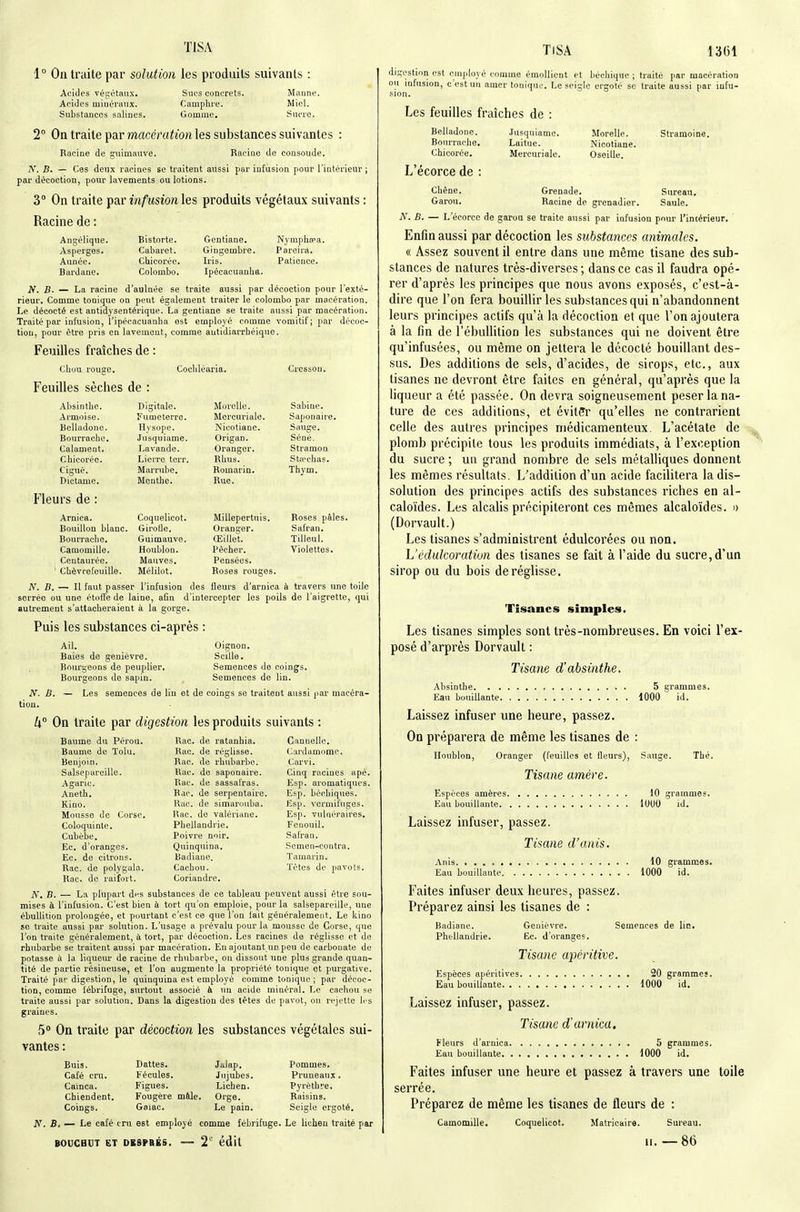 1° On traite par solution les produits suivants : Acides végétaux. Acides minéraux. Substances salines. Sucs concrets. Camplire. Gomme, Manne. Miel. Sucre. 2° On traite par macération les substances suivantes : Racine de c:uiniauve. Racine de consoude. N. B. — Ces deux racines se traitent aussi par infusion pour l'intérieur ; par décoction, pour lavements ou lotions, 3° On traite par infusion les produits végétaux suivants : Racine de : Angélique. Asperges. Année, Bardane. Bistorte. Cabaret. Chicorée. Colombo, Gentiane. Gingembre. Iris. Ipécacuanha. Nymphfpa. Pareira. Patience. N. B. — La racine d'aulnée se traite aussi par décoction pour l'exté- rieur. Comme tonique on peut également traiter le Colombo par macération. Le décocté est antidysentérique. La gentiane se traite aussi par macération. Traité par infusion, i'ipécacuanlia est employé comme vomitif; par décoc- tion, pour être pris en lavement, comme antidiarrbéiqne. Feuilles fraîches de : Ckuu rouge. Feuilles sèches de : Coclilé Absinthe. Armoise. Belladone. Bourrache. Calament. Chicorée. Ciguë. Dictame. Fleurs de : Arnica. Bouillon blanc. Bourrache, Camomille. ■ Centaurée. ' Chèvrefeuille. Digitale. Fumeterre. Hysope. Jnsquiame. Lavande. Lierre terr, Marrube, Menthe. Coquelicot, Girofle. Guimauve. Houblon. Mauves, Mélilot. Morclle. Mercuriale, Tvicotiane. Origan. Oranger. Rhus. Romarin, Rue. Millepertuis. Oranger, Œillet. Pécher. Pensées, Roses rouges. Ci'esson, Sabine. Saponaire, Sauge. Séné. Stramon Strechas, Thym, Roses pâles. Safran, Tilleul, violettes. N. B. — Il faut passer l'infusion des fleurs d'arnica à travers une toile serrée ou une étofl'ede laine, aûn d'intercepter les poils de l'aigrette, qui autrement s'attacheraient à la gorge. Puis les substances ci-après : Ail, Oignon. Baies de genièvre. Scille. Bourgeons de peuplier. Semences de coings. Bourgeons de sapin. Semences de lin. N. B. — Les semences de lin et de coings se traitent aussi par macéra- tion, h On traite par digestion les produits suivants : Baume du Pérou, Baume de Tolu, Benjoin. Salsepareille. Agaric. Aneth. Kino. Mousse de Corse. Coloquinte. Cubèbe. Ec. d'oranges. Ec. de citrons. Rac. de polygala. Rae. de raifort. Rac. de ratanhia. Rac. de réglisse. Rac. de rhubarbe. Hac. de saponaire. Kao. de sassafras. Rac. de serpentaire. Hac. de simarouba, lïac. de vaiériune. Phellandrie. Poivre noir. Quinquina, Badiane. Cachou. Coriandre. Cannelle. Cardamome, Carvi. Cinq racines apé. Esp. aromatiques. Esp. béchiques. J£sp. vermifuges. Esp. vulnéraires. Fenouil. Safran. Scmen-coritra. Tamarin. Tètes de pavots. A. B. — La plupart dns substances de ce tableau peuvent aussi être sou- mises à l'infusion. C'est bien à tort qu'on emploie, pour la salsepareille, une ébullition prolongée, et pourtant c'est ce que l'on fait généralement. Le kino se traite aussi par solution. L'usage a prévalu pour la mousse de Corse, que l'on traite généralement, à tort, par décoction. Les racines do réglisse et de rhubarbe se traitent aussi par macération. En ajoutant un peu de carbonate de potasse à la liqueur de racine de rhubarbe, on dissout une plus grande quan- tité de partie résineuse, et l'on augmente la propriété tonique et purgative. Traité par digestion, le quinquina est employé comme tonique ; par décoc- tion, comme fébrifuge, surtout associé à un acide minéral. Le cachou se traite aussi par solution. Dans la digestion des tètes de pavot, on rejette 1rs graines. 5° On traite par décoction les substances végétales sui- vantes : Buis. Café cru. Cainca. Chiendent, Coings, Dattes, fécules. Figues, Fougère mâle, Gaiac, Jalap. Jujubes. Lichen. Orge, Le pain. Pommes, Pruneaux. Pyrèthre. Raisins. Seigle ergoté. N. B, — Le café cm est employé comme fébrifuge. Le lichen traité par digestion est employé comme émoUient et béchique ; traité par macération ou infusion, c'est un amer tonique. Le seigle ergoté se traite aussi par infu- sion. Les feuilles fraîches de : Belladone. Bourrache. Chicorée. •lusquiame. Laitue. Mercuriale. Morelle. Nicotiane. Oseille. L'écorce de chêne, Grenade. Sureau. Garou, Racine de grenadier. Saule, A', B. — L'écorce de garou se traite aussi par infusion pour l'intérieur. Enfin aussi par décoction les substances animales. « Assez souvent il entre dans une même tisane des sub- stances de natures très-diverses; dans ce cas il faudra opé- rer d'après les principes que nous avons exposés, c'est-à- dire que l'on fera bouillir les substances qui n'abandonnent leurs principes actifs qu'à la décoction et que l'on ajoutera à la fm de l'ébullition les substances qui ne doivent être qu'infusées, ou même on jettera le décocté bouillant des- sus. Des additions de sels, d'acides, de sirops, etc., aux tisanes ne devront être faites en général, qu'après que la liqueur a été passée. On devra soigneusement peser la na- ture de ces additions, et évitffr qu'elles ne contrarient celle des autres principes médicamenteux. L'acétate de i plomb précipite tous les produits immédiats, à l'exception du sucre ; un grand nombre de sels métalliques donnent les mêmes résultats. L'addition d'un acide facilitera la dis- solution des principes actifs des substances riches en al- caloïdes. Les alcalis précipiteront ces mêmes alcaloïdes, d (Dorvault.) Les tisanes s'administrent édulcorées ou non. L'édulcoratiun des tisanes se fait à l'aide du sucre, d'un sirop ou du bois de réglisse. Tisanes simples. Les tisanes simples sont très-nombreuses. En voici l'ex- posé d'arprès Dorvault : Tisane d'absinthe. Absinthe 5 grammes. Eau bouillante 1000 id. Laissez infuser une heure, passez. On préparera de même les tisanes de : Houblon, Oranger (feuilles et fieurs). Sauge. Tbé. Tisane amére. Espèces amères 10 graiumes. Eau bouillante lUUO id. Laissez infuser, passez. Timne d'unis. Anis 10 grammes. Eau bouillante 1000 id. Faites infuser deux heures, passez. Préparez ainsi les tisanes de : Badiane. Genièvre. Semences de lin. Phellandrie. Ec. d'oranges. Tisane apéritive. Espèces apéritives 20 grammes. Eau bouillante 1000 id. Laissez infuser, passez. Tisane d'arnica. Fleurs d'arnica 5 grammes. Eau bouillante 1000 id. Faites infuser une heure et passez à travers une toile serrée. Préparez de même les tisanes de fleurs de : Camomille. Coquelicot. Matricaire. Sureau.