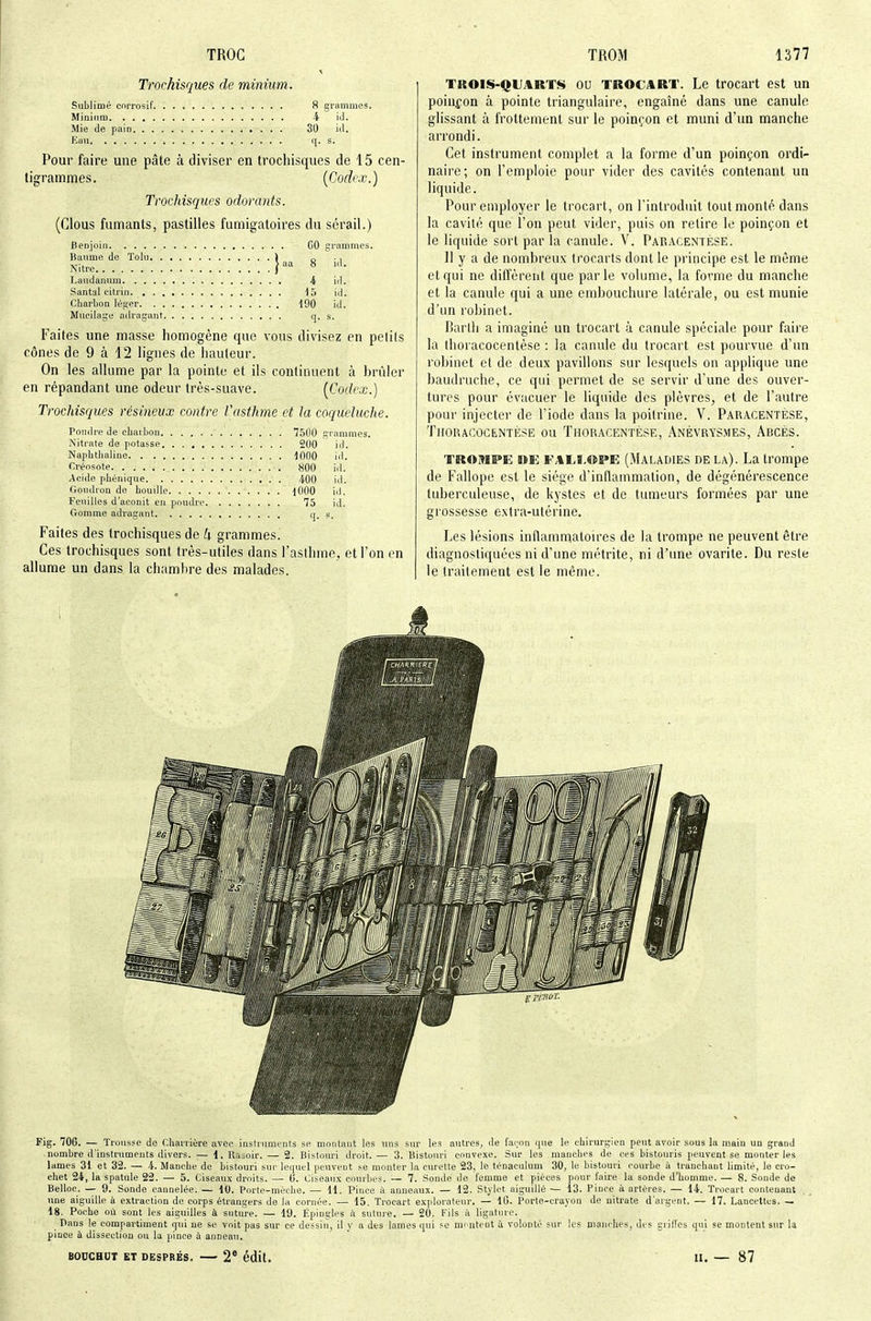 Trochisques de minium. Sublimé corrosif. 8 grammes. Minium -4 iJ. Mie de pain 30 Eau q. s. Pour faire une pâte à diviser en trochisques de 15 cen- tigrammes. {Codrx.) Trochisques odorants. (Clous fumants, pastilles fumigatoires du sérail.) Benjoin GO grammes. Baume de ïolii ) o ■^ Nitre ^ Laudanum 4 iil. Santal citrin 15 id. Charbon lé!<er 100 id. Mucilage adragarit q. s. Faites une masse homogène que vous divisez en pelils cônes de 9 à 12 lignes de liauleur. On les allume par la pointe et ils continuent à brûler en répandant une odeur très -suave. (Cof/f'ûc.) Trochisques résineux contre l'asthme et la coqueluche. Poudre de charbon 7500 grammes. Nitrate de potasse 200 id. Naphtbaline dOOO id. Créosote 800 id. Acide pliénique /jOO id. Goudron de bouille lOOO id. Feuilles d'aconit en poudre 75 id. Gomme adragant q. s. Faites des trochisques de k grammes. Ces trochisques sont très-utiles dans l'asthme, et l'on en allume un dans la chambre des malades. TitOIS-QUARTS OU TROCART. Le trocart est un poinçon à pointe triangulaire, engaîné dans une canule glissant à frottement sur le poinçon et muni d'un manche arrondi. Cet instrument complet a la forme d'un poinçon ordi- naire; on l'emploie pour vider des cavités contenant un liquide. Pour employer le trocart, on Tintroduit tout monté dans la cavité que l'on peut vider, puis on retire le poinçon et le liquide sort par la canule. V. Paracentèse. 11 y a de nombreux trocarts dont le principe est le même et qui ne diffèrent que parle volume, la forme du manche et la canule qui a une embouchure latérale, ou est munie d'un robinet. Barlh a imaginé un trocart à canule spéciale pour faire la thoracocentèse : la canule du trocart est pourvue d'un robinet et de deux pavillons sur lesquels on applique une baudruche, ce qui permet de se servir d'une des ouver- tures pour évacuer le liquide des plèvres, et de l'autre pour injecter de l'iode dans la poitrine. V. Paracentèse, ÏIIORACûCliNTÈSE OU ThORACENTÈSE, AnÉVRYS.MES, AbCÈS. TROMPE »E FALI.OPE (MALADIES DE la). La trompe de Fallope est le siège d'inflammation, de dégénérescence tuberculeuse, de kystes et de tumeurs formées par une grossesse extra-utérine. Les lésions inflammatoires de la trompe ne peuvent être diagnostiquées ni d'une métrite, ni d'tme ovarite. Du reste le traitement est le môme. Fig. 706. — Trousse de Cbarrière avec instruments se montant les uns sur les autres, de façon que le chirurgien peut avoir sous la main un grand nombre d'instruments divers. — i. Rajoir. — 2. Bistotrri droit. — 3. Bistouri convexe. Sur les manches de ces bistouris peuvent se monter les lames 31 et 32. — 4. Manche de bistouri sur lequel peuvent .se monter la curette 23, le ténaculum 30, le bistouri courbe à tranchant limité, le cro- chet 2i, la spatule 22. — 5. Ciseaux droits. — G. Ciseaux courbes. — 7. Sonde de femme et pièces pour faire la sonde d'homme. — 8. Sonde de Belloc. — 9. Sonde cannelée. — 10. Porte-mèche. — H. Pince à anneaux. — 12. Stylet aiguillé — 13. Pince à artères, — 14. Trocart contenont nne aiguille à extraction de corps étrangers de lu cornée. — 15, Trocart explorateur. — 16. Porto-crayon de nitrate d'argent. — 17. Lancettes. — 18. Poche où sont les aiguilles à suture. — 19. Épingles h sutuje. — 20. Fils ii ligature. Dans le compartiment qid ue se voit pas sur ce dessin, il y a des lames qui se montent à volonté sur les manches, des grilles qui se montent sur k pince ù dissection ou la jiinee à anneau. BOUCHOT ET DESPRÉS. — 2 édit. II. — 87