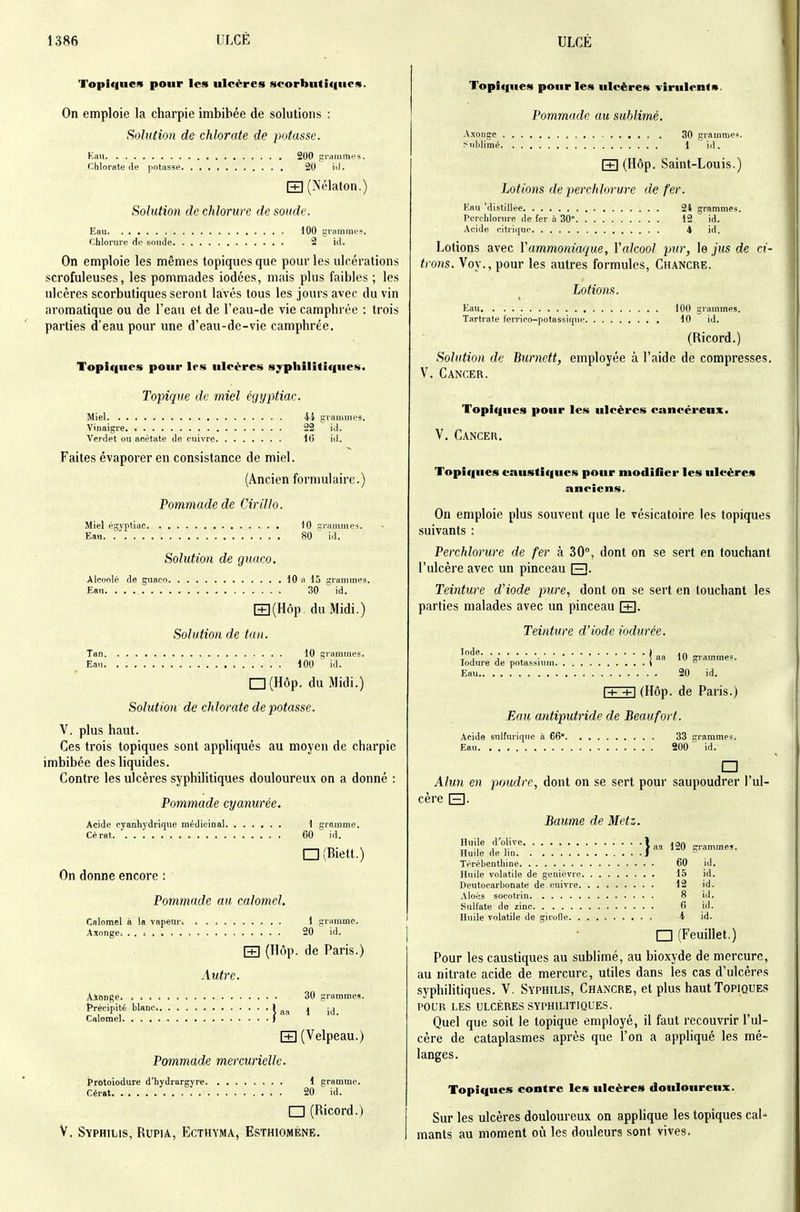 Topiques pour les ulcères scorbutiques. On emploie la charpie imbibée de solutions : Solution de chlorate de potasse. Kaii 200 grainmf'S. Chlorate de potasse 20 iti. r+l (Nélaton.) Solution de chlorure de soude. Eau 100 gTumiiR<. Chlorure de soude 2 id. On emploie les mêmes topiques que pour les ulcérations scrofuleuses, les pommades iodées, mais plus faibles ; les ulcères scorbutiques seront lavés tous les jours avec du vin aromatique ou de l'eau et de l'eau-de vie camphrée : trois parties d'eau pour une d'eau-de-vie camphrée. Topiques pour les ulcères syphilitiques. Topique de miel égyptiac. Miel 4-i grammes. Vinaigre 22 id. Verdet ou acétate de cuivre 1(3 id. Faites évaporer en consistance de miel. (Ancien fornmlaire.) Pommade de Cirillo. Miel égyptiac 10 srammes. Eau 80 id. Solution de guaco. Aicoolé de guaco 10 ii 15 grammes. Eau. 30 id. [±](Hôp. du Midi.) Solution de tan. Tan 10 grammes. Eau 100 id. □ (Hôp. du Midi.) Solution de chlorate dépotasse. V. plus haut. Ces trois topiques sont appliqués au moyen de charpie imbibée des liquides. Contre les ulcères syphilitiques douloureux on a donné : Pommade cyanurée. Acide cyanhydrique médicinal 1 gramme. Cérat 60 id. □ (Biett.) On donne encore : Pommade au calomel. Calomel à la vapeur. 1 gramme. Axonge. 20 id. [+] (Hôp. de Paris.) Autre. AxODge 30 grammes. Précipité blanc. 1 I jj^ Calomel f ' r+1 (Velpeau.) Pommade mercurielle. t>rotoiodure d'hydrargyre 1 gramme. Cérat 20 id. □ (Ricord.) V. Syphilis, Rupia, Ecthyma, Esthiomène. Topiques pour les ulcères virulents. Pommade au sublimé. Axonge 30 grammes. ^^ublimé 1 id. m (Hôp. Saint-Louis.) Lotions de perchlorure de fer. Eau 'distillée 24 grammes. Perchlonu-e de fer à 30° 12 id. Acide citrique 4 id. Lotions avec Y ammoniaque, Valcool pur, h jus de ci- trons. Voy., pour les autres formules. Chancre. Lotions. Eau 100 grammes. Tartrate ferrico-potassique 10 id. (Ricord.) Solution de Biirnett, employée à l'aide de compresses. V. Cancer. Topiques pour les ulcères cancéreux. V. Cancer, Topiques caustiques pour modifier les ulcères anciens. On emploie plus souvent que le vésicatoire les topiques suivants : Perchlorure de fer à 30°, dont on se sert en touchant l'ulcère avec un pinceau RI. Teinture d'iode pure., dont on se sert en touchant les parties malades avec un pinceau (T). Teinture d'iode iodurée. Iode I ,n T j j . ■ / aa 10 grammes, lodure de potassium t  Eau 20 id. 1+ -t-i (Hôp. de Paris.) Eau antiputride de Beaufort. Acide sulfurique à 66 33 grammes. Eau 200 id. □ ^ Alun en poudre, dont on se sert pour saupoudrer l'ul- cère Q. Baume de Metz. Huile d'olive l aa 120 grammes. Huue de hn } ° Térébenthine 60 id. Huile volatile de genièvre 15 id. Deutocarbonate de cuivre 12 id. Aloés socotrin 8 id. Sulfate de zinc fi id. Huile volatile de girolle i id. □ (Feuillet.) Pour les caustiques au sublimé, au bioxyde de mercure, au nitrate acide de mercure, utiles dans les cas d'ulcères syphilitiques. V. Syphilis, Chancre, et plus haut Topiques POUR LES ulcères SYPHILITIQUES. Quel que soit le topique employé, il faut recouvrir l'ul- cère de cataplasmes après que l'on a appliqué les mé- langes. Topiques contre les ulcères douloureux. Sur les ulcères douloureux on applique les topiques cal- mants au moment où les douleurs sont vives.