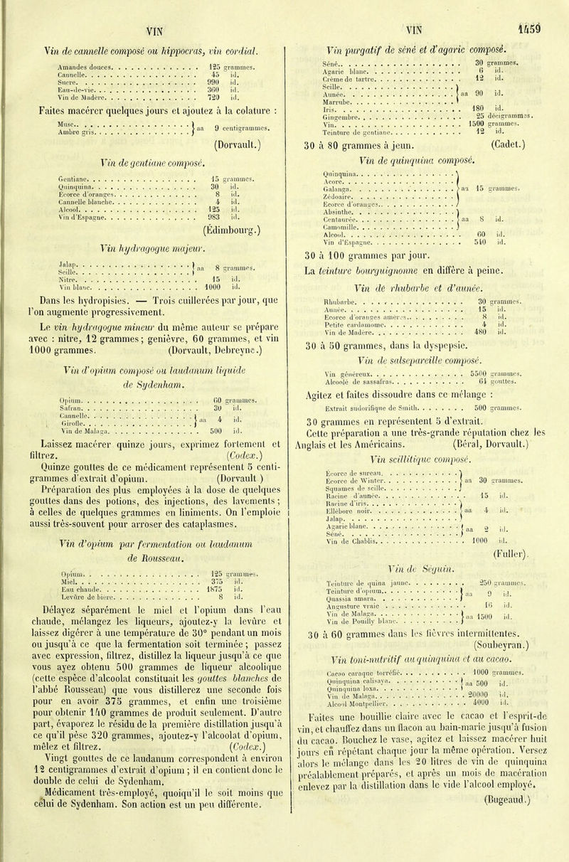 Vin de cannelle composé ou Mppocras, vin cordial. Amandes douces. Cannelle Sucre Eau-de-vie. . . , Vin de Madère. . 125 grammes. 45 id. 990 id. 3()0 id. 720 id. Faites macérer quelques jours et ajoutez à la colature : Musc. . . Ambre gris. aa 9 centigrammes. Vin de gentiane composé. Gentiane Quinquina. . . . Kcorce d'oranges. Cannelle blanche. Alcool Vin d'Espagne. . (Dorvault.) d5 grammes. 30 8 125 083 id. iil. id. id. id. (Edimbourg.) Vin hydragogue majeur. .lalap. . . Sciile. . . Nitre. . . Vin blatie. 1, 8 grammes. 15 1000 id. id. Dans les hydropisies. — Trois cuillerées par jour, que l'on augmente progressivement. Le vin hydragogue mineur du même auteur se prépare avec : nitre, 12 grammes; genièvre, 60 grammes, et vin 1000 grammes. (Dorvault, Debreync.) Vin d'opium co^nposé ou laudanum liquide de Sydenham. Opium. . . Safran. . . (Cannelle, . Girolle. . . Vin de Mala (iO grammes. 30 id. I aa 4 id. '. '. '. '. '. '. . 500 id. Laissez macérer quinze jours, exprimez fortement et filtrez. (Codex.) Quinze gouttes de ce médicament représentent S centi- grammes d'e.xtrait d'opium. (Dorvault ) Préparation des plus employées à la dose de quelques gouttes dans des potions, des injections, des lavements ; à celles de quelques grammes en liniments. On l'emploie i aussi très-souvent pour arroser des cataplasmes. Vin d'opium par fermentation ou laudanum de Rousseau. i)|jLum 125 grammes. jMiel 375 id. Eau chaude Ih75 id. LevOire de bière 8 id. Délayez séparément le miel et l'opium dans l'eau chaude, mélangez les liqueurs, ajoutez-y la levure et laissez digérer à une température de 30° pendant un mois ou jusqu'à ce que la fermentation soit terminée; passez avec expression, filtrez, distillez la liqueur jusqu'à ce que vous ayez obtenu 500 grammes de liqueur alcoolique (cette espèce d'alcoolat constituait les gouttes blanches de l'abbé Rousseau) que vous distillerez une seconde fois pour en avoir 375 grammes, et enfin une troisième pour obtenir \hO grammes de produit seulement. D'autre part, évaporez le résidu de la première distillation jusqu'à ce qu'il pèse 320 grammes, ajoutez-y l'alcoolat d'opium, mêlez et filtrez. {Codex.) Vingt gouttes de ce laudanum correspondent à environ 12 centigrammes d'extrait d'opium ; il en contient donc le double de celui de Sydenham. Médicament très-employé, quoiqu'il le soit moins que celui de Sydenham. Son action est un peu différente. VIN i&59 Vin purgatif de séné et d'agaric composé. Séné 30 grammes. Agaric blanc 'j jJ- Crème de tartre 12 id. Scille ) Aunée > aa 90 id. Marrube ' Iris 180 id. Gingembre 25 décigrammss. Vin 1500 grammes. Teinture de gentiane 12 id. 30 à 80 grammes à jeun. (Cadet.) Vin de quinquina composé. Quinquina \ Acore | Galanga ' > aa 15 grammes. Zédoaire I Ecorcc d'oranges / Absinthe * * ) Centaurée > aa 8 id. Camomille J Alcool fiO id. Vin d'Espagne 5i0 iil. 30 à 100 grammes par jour. La teinture bourguignonne en diffère à peine. Vin dé rhubarbe et d'année. Rhubarbe. ...» 30 grammes. Aunée 15 id. Ecorcc d'oranges amér^s 8 id. Petite cardamome 4 id. Vin de Madère. 480 id. 30 à 50 grammes, dans la dyspepsie. Vin de salsepareille composé. Vin généreux 5500 grammes. Alcoolé de sassafras Ci gouttes. .\gitez et faites dissoudre dans ce mélange : Extrait sudorifique de Smith 500 grammes. 30 grammes en représentent 5 d'extrait. Cette préparation a une très-grande réputation chez les Anglais et les Américains. (Béral, Dorvault.) Vin scïUitique composé. Ecorcc de sureau '\ Écorce de Winter > aa 30 grammes. Squames de scille J Racine d'année 15 id. Racine d'iris ) Ellébore noir > aa 4 id. Jalap ) Agaric blanc ^ ^ |^|_ Vin de Chablis.' '. . . . 1000 id. (Fuller), Vin de Seguin. Teinture de quina jaune 250 grammes. Teintra'e d'iqiium 1 .^.^ q jj_ Quassia amara /  Angnsture vraie Hi id. Vin deMalaga. ) ^j^g Vin de Poudly blanc ) 30 à 60 grammes dans k'S lièvres intermittentes. (Soubeyran.) Vin toni-nutritif aaquinquina et au cacao. Cacao caraque torréfié 1000 grammes. Quinquina calisaya ! aa 500 id. Quinquuia lo.xa ) Vin de Maloga 20000 id. Alcool Montpellier 4000 id. Faites une bouillie claire avec le cacao et l'esprit-de vin, et chauffez dans un flacon au bain-marie jusqu'à fusion du cacao. Bouchez le vase, agitez et laissez macérer huit jours en répétant chaque jour la même opération. Versez alors le mélange dans les 20 litres de vin de quinquina préalablement préparés, et après un mois de macéraliou enlevez par la distillation dans le vide l'alcool employé. (Bugeaud.)