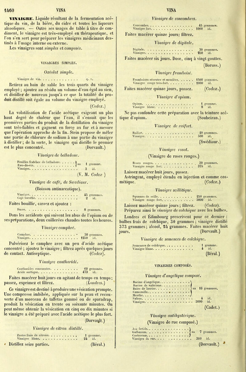 YIIVAIGRK. Liquide résultant de la fermentation acé- tique du vin, de la bière, du cidre et toutes les liqueurs alcooliques. — Outre ses usages de table à titre de con- diment, le vinaigre est très-employé en thérapeutique, et l'on s'en sert pour préparer les vinaigres médicinaux des- tinés à l'usage interne ou externe. Les vinaigres sont simples et composés. VINAIGRES SIMPLES. Oxcolat simple. Vinaigi'e de vin q. v. Relirez au bain de sable les trois quarts du vinaigre employé ; ajoutez au résidu un volume d'eau égal au sien, et distillez' de nouveau jusqu'à ce que la totalité du pro- duit distillé soit égale au volume du vinaigre employé. {Codex.) La volatilisation de l'acide acétique exigeant un plus haut degré de chaleur que l'eau, il s'ensuit que les premières parties du produit de la distillation du vinaigre sont très-faibles et gagnent en force au fur et à mesure que l'opération approche de la fin. Stein propose de mêler une partie de chlorure de sodium à une partie du vinaigre à distiller ; de la sorte, le vinaigre qui distille le premier est le plus concentré. (^Dorvault.) Vinaigre de belladone. Feuilles fraîches de Liclladone ) , Eaii-de-vie f ^ S'™innie- Vinaigre 3 id. (V. M. Codex ) Vinaigre de café, de Swediaur. (Boisson antinarcotique). Vioaigre 45 grammes. Cajé torréfié 2 id. Faites bouillir, cassez et ajoutez : Sucre 8 grammes. Dans les accidents qui suivent les abus de l'opium ou de ses préparations, deux cuillerées chaudes toutes les heures. Vinaigre camphré. Campliro • 30 grammes. Vinaigre 1250 id. Pulvérisez le camphre avec un peu d'acide acétique concentré ; ajoutez le vinaigre ; filtrez après quelques jours de contact. Antiseptique. (Codex). Vinaigre cantharidê. Cantliaridos concassées 60 grammes. Acide acétique 473 id. Faites macérer huit jours en agitant de temps en temps; passez, exprimez et filtrez. [Londres.) Ce vinaigre est destiné àproduireunevésication prompte. Une compresse imbibée, appliquée sur la peau et recou- verte d'un morceau de taffetas gommé ou de sparadrap, produit la vésication en trente ou soixante minutes. On peut même obtenir la vésication en cinq ou dix minutes si le vinaigre a été préparé avec l'acide acétique le plus fort. (Dorvaiilt.) Vinaigre de citron distillé. Zestes frais de citrons 1 gramme. Vinaigre blanc 24 id. * Distillez seize parties. (Béral.) Vinaigre de concombres. Concombre 45 grammes. Vinaigre fort 1000 id. Faites macérer quinze jours; filtrez. Vinaigre de digitale. Digitale 30 grammes. Vinaigre 250 id. Faites macérer six jours. Dose, cinq à vingt gouttes. (Boruss.) Vinaigre framboisé. Framboises récontes et mondées 1500 grammes. Vinaigre ronge très-fort 1000 id. Faites macérer quinze jours, passez. [Codex.) Vinaigre d'opium. Opium 1 gramme. Vinaigre blanc 8 id. Ne pas confondre cette préparation avec la teinture acé- tique d'opium. (Soubeiran.) Vinaigre de raifort. Raifort 40 grammes. Vinaigre 500 id. (Swédiaur.) Vinaigre rosat. (Vinaigre de roses rouges.) Roses rouges _ 30 grammes. Vinaigre rouge fort 375 id. Laissez macérer huit jours, passez. Astringent, employé étendu en injection et comme cos- métique. [Codex.) Vinaigre scillitique. Squames de sciUe 250 grammes. Vinaigre rouge fort 3000 id. Laissez macérer quinze jours ; filtrez. [Codex). Préparez ainsi le vinaigre de colchique avec les bulbes. Londres et Edimbourg prescrivent pour ce dernier : bulbes frais de colchique, 30 grammes; vinaigre distillé 373 grammes; alcool, 24 grammes. Faites macérer huit jours. (Dorvault.) Vinaigre de semences de colchique. Semences de colchique 1 gramme. Vinaigre blanc , 4 id. (Béral.) VINAIGRES COMPOSÉS. Vinaigre d'angélique composé. Racine d'angélique \ Racine de valériane / Baies de laurier > aa 16 grammes. Camomille • I Menthe / Safran A id. Vinaigre 3000 id. (Cadet.) Vinaigre antihystérique. (Vinaigre de rue composé.) Asd fœtida ^ Galbanum , | aa 7 grammes. Castoréum ) Vinaigre de rue 3G0 id. (Dorvault.) *