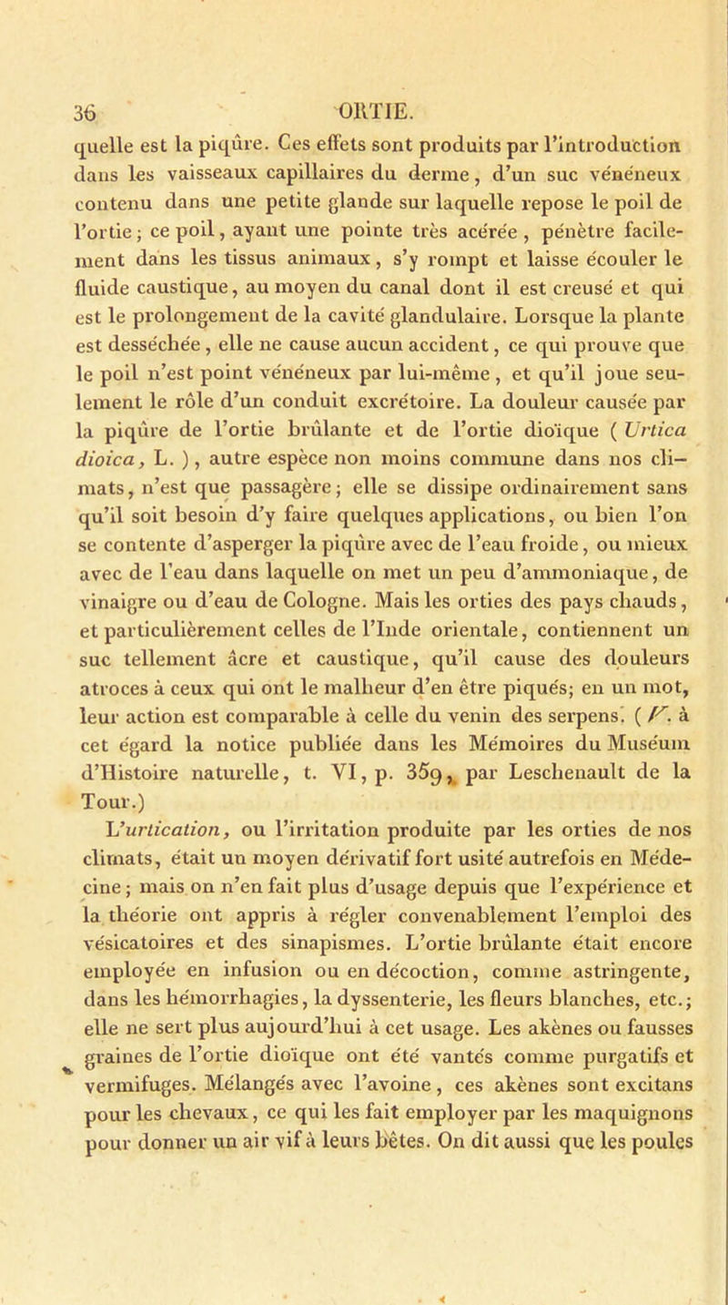 quelle est la piqûre. Ces effets sont produits par l’introduction dans les vaisseaux capillaires du derme, d’un suc vénéneux contenu dans une petite glande sur laquelle repose le poil de l’ortie ; ce poil, ayant une pointe très ace'rée , pénètre facile- ment dans les tissus animaux, s’y rompt et laisse écouler le fluide caustique, au moyen du canal dont il est creusé et qui est le prolongement de la cavité glandulaire. Lorsque la plante est desséchée, elle ne cause aucun accident, ce qui prouve que le poil n’est point vénéneux par lui-même , et qu’il joue seu- lement le rôle d’un conduit excrétoire. La douleur causée par la piqûre de l’ortie brûlante et de l’ortie dioïque ( Urtica dioica, L. ), autre espèce non moins commune dans nos cli- mats, n’est que passagère; elle se dissipe ordinairement sans qu’il soit besoin d’y faire quelques applications, ou bien l’on se contente d’asperger la piqûre avec de l’eau froide, ou mieux avec de l’eau dans laquelle on met un peu d’ammoniaque, de vinaigre ou d’eau de Cologne. Mais les orties des pays chauds, et particulièrement celles de l’Inde orientale, contiennent un suc tellement âcre et caustique, qu’il cause des douleurs atroces à ceux qui ont le malheur d’en être piqués; en un mot, leur action est comparable à celle du venin des serpens. ( f r. à cet égard la notice publiée dans les Mémoires du Muséum d’Histoire naturelle, t. VI, p. 35g^ par Leschenault de la Tour.) L'urtication, ou l’irritation produite par les orties de nos climats, était un moyen dérivatif fort usité autrefois en Méde- cine ; mais on n’en fait plus d’usage depuis que l’expérience et la théorie ont appris à régler convenablement l’emploi des vésicatoires et des sinapismes. L’ortie brûlante était encore employée en infusion ou en décoction, comme astringente, dans les hémorrhagies, la dyssenterie, les fleurs blanches, etc. ; elle ne sert plus aujourd’hui à cet usage. Les akènes ou fausses graines de l’ortie dioïque ont été vantés comme purgatifs et vermifuges. Mélangés avec l’avoine , ces akènes sont excitans pour les chevaux, ce qui les fait employer par les maquignons pour donner un air vif à leurs bêtes. On dit aussi que les poules