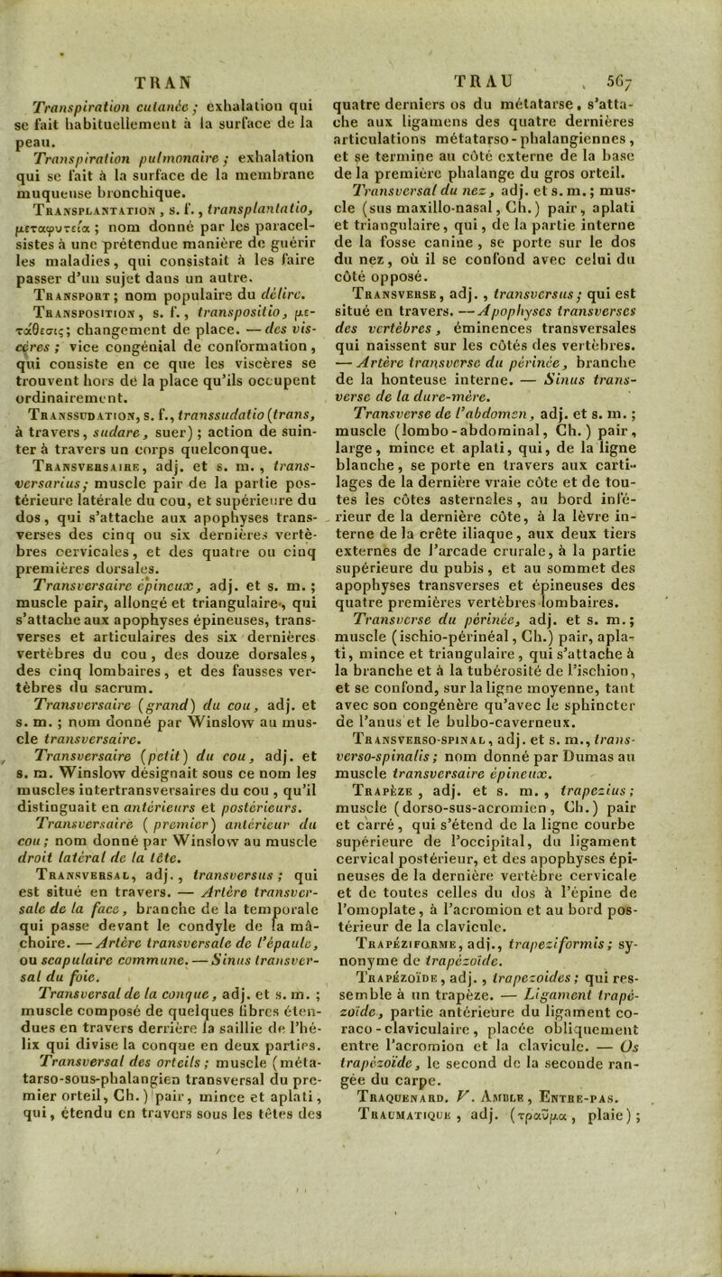 T R A N Transpiration cutanée; exhalation qui se fait habitueliemeut à la surface de la peau. Transpiration pulmonaire ; exhalation qui se fait à la surface de la membrane muqueuse bronchique. Transplantation , s. f., iransplantntio, p.sTa(pv-si'(x ; nom donné par les paracel- sistes à une prétendue manière de guérir les maladies, qui consistait à les faire passer d’un sujet dans un autre. Transport; nom populaire du délire. Transposition, s. f., transpositio, p.t- TaQec-tç; changement de place. —des vis- cères ; vice congénial de conformation , qui consiste en ce que les viscères se trouvent hors de la place qu’ils occupent ordinairement. Transsüdation, s. f., transsudatio (trans, à travers, sudare, suer) ; action de suin- ter à travers un coi’ps quelconque. Transversaire, adj. et s. m. , trans- versarius; muscle pair de la partie pos- térieure latérale du cou, et supérieure du dos, qui s’attache aux apophyses trans- verses des cinq ou six dernières vertè- bres cervicales, et des quatre ou cinq premières dorsales. Transversaire épineuxj adj. et s. m. ; muscle pair, allongé et triangulaire', qui s’attache aux apophyses épineuses, trans- verses et articulaires des six dernières vertèbres du cou, des douze dorsales, des cinq lombaires, et des fausses ver- tèbres du sacrum. Transversaire (grand) du cou, adj. et s. m. ; nom donné par Winslow au mus- cle transversaire. Transversaire (petit) du cou, adj. et s. m. Winslow désignait sous ce nom les muscles iutertransversaires du cou , qu’il distinguait en antérieurs et postérieurs. Transversaire ( premier) antérieur du cou; nom donné par Winslow au muscle droit latéral de la lôte. Transversal, adj., transversus ; qui est situé en travers. — Artère transver- sale de la face, branche de la temporale qui passe devant le condyle de fa mâ- choire. — Artère transversale de l’épaule, ou scapulaire commune. — Sinus transver- sal du foie. Transversal de la conque, adj. et s. m. ; muscle composé de quelques libres éten- dues en travers derrière la saillie de l’hé- lix qui divise la conque en deux parties. Transversal des orteils ; muscle (méta- tarso-sous-phalangien transversal du pre- mier orteil, Ch. ) pair, mince et aplati, qui, étendu en travers sous les têtes des TRAC , 56; quatre derniers os du métatarse • s’atta- che aux ligamens des quatre dernières articulations métatarso - phalangiennes , et se termine au côté externe de la base de la première phalange du gros orteil. Transversal du nez, adj. ets.m.; mus- cle (sus maxillo-nasal, Gh.) pair, aplati et triangulaire, qui, de la partie interne de la fosse canine , se porte sur le dos du nez, où il se confond avec celui du côté opposé. Transverse, adj., traiisvcrsus; qui est situé en travers. —Apophyses transverses des vertèbres, éminences transversales qui naissent sur les côtés des vertèbres. — Artère transverse du périnée, branche de la honteuse interne. — Shius trans- verse de la dure-mère. Transverse de l’abdomen, adj. et s. m. ; muscle (lombo-abdominal. Ch.) pair, large, mince et aplati, qui, de la ligne blanche, se porte en travers aux carti- lages de la dernière vraie côte et de tou- tes les côtes asternales, au bord infé- rieur de la dernière côte, à la lèvre in- terne de la crête iliaque, aux deux tiers externes de l’arcade crurale, à la partie supérieure du pubis, et au sommet des apophyses transverses et épineuses des quatre premières vertèbres lombaires. Transverse du périnée, adj. et s. m.; muscle (ischio-périnéal, Gh.) pair, apla^ ti, mince et triangulaire , qui s’attache à la branche et à la tubérosité de l’ischion, et se confond, sur la ligne moyenne, tant avec son congénère qu’avec le sphincter de l’anus et le bulbo-caverneux. Transverso-spinal, adj. et s. m., trans- verso-spinalis ; nom donné par Dumas au muscle transversaire épineux. Trapèze, adj. et s. m. , trapezius ; muscle (dorso-sus-acromien , Ch.) pair et carré, qui s’étend de la ligne courbe supérieure de l’occipital, du ligament cervical postérieur, et des apophyses épi- neuses de la dernière vertèbre cervicale et de toutes celles du dos à l’épine de l’omoplate, à l’acromion et au bord pos- térieur de la clavicule. Trapéziforme, adj., trapeziformis ; sy- nonyme de trapézoïde. Trapézoïde , adj. , irapezoides ; qui res- semble à un trapèze. — Ligament trapé- zoide, partie antérieure du ligament co- raco - claviculaire , placée obliquement entre l’acromion et la clavicule. — Os trapézoïde, le second de la seconde ran- gée du carpe. Traquenard. V. Amble, Entre-pas. Traumatique, adj. (rpavp.a, plaie);