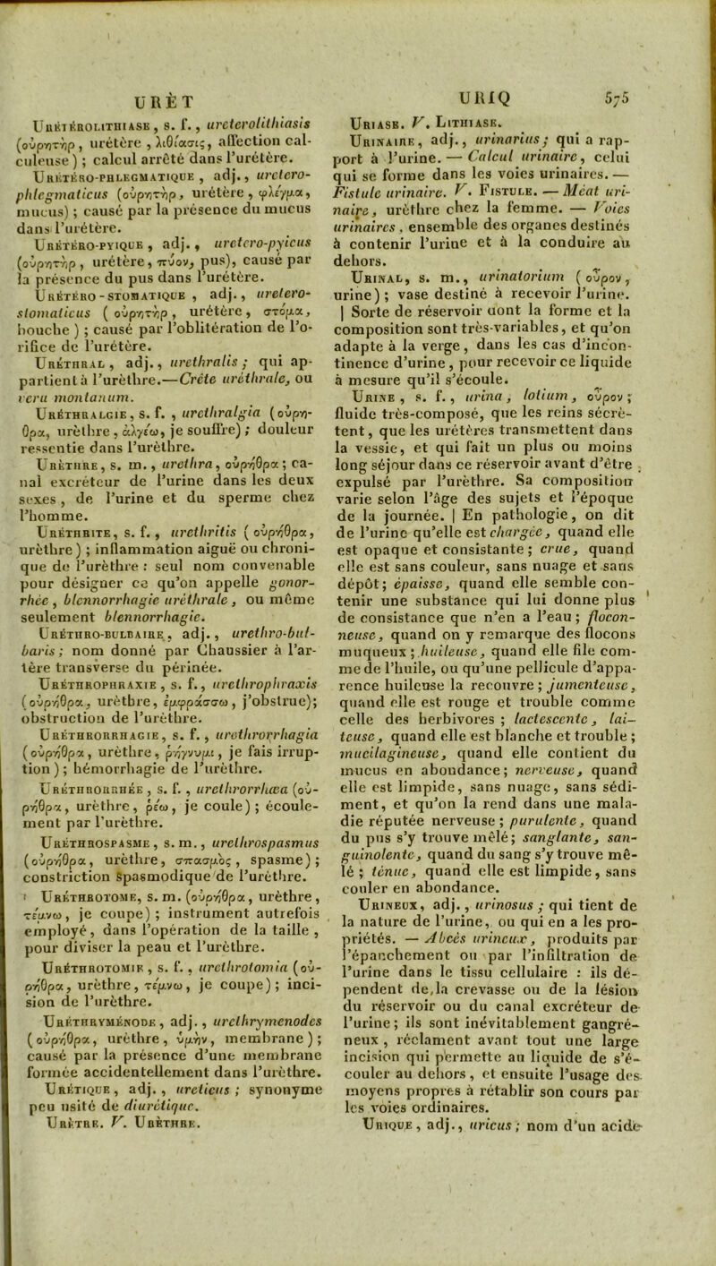 ü R È T Üuiiii^EOUTHiASK, S. f., urcteroiithiasls (oùpyjT'^p , urétère , AtGt'aa-iç, .'ïdection cal- culeuse ) ; calcul arrêté dans Turétère. Urktéro-phlkgmatique , adj,, urctero- phlegmaticus (ovpr,ry)p, urétère , cpX/yp-a, mucus) ; causé par la présence du mucus dans rurétère. Ubktkro-pyique , adj. , uretcro-pyicus (o'jp'/}Thp f urétere » cause par la présence du pus dans Turétère. Ukétého-STüsiATiQtiE , adj., urelero- slomaticus ( ojpr,Tv;p, urétère, c7Top.a, bouche ) ; causé par roblitération de l’o- rifice de l’iirétère. Uréthral, adj., iirethralis ; qui ap- partient à rurèlhre.—Crete uriiihralcj ou revu montaninn. UréthrALGIE, s. f. , urcihralgia (oùpv5- Opa, urèthre , àXy/w, je soulire) ; douleur ressentie dans rurèthre. Urèthre, s. m., urcthra^ oyp-zjGpa ; ca- nal excréteur de Turine dans les deux sexes, de l’urine et du sperme chez l’homme. Uréthbite, s. f., urcthritis ( ovp-nQpa, urèthre ) ; inflammation aiguë ou chroni- que d»; l’urèthre ; seul nom convenable pour désigner cc qu’on appelle gonor- rhée , blennorrhagie uréthrale , ou même seulement blennorrhagie. Uréturo-bulbaire , adj., urethro-bul- baris ; nom donné par Cbaussier à l’ar- tère transverse du périnée. Uréthrophraxie , s. f., urethrophraxis (ovp/)0pa, urèthre, êp-cppaticM , j’obstrue); obstruction de l’urèthre. Urêthrorrhagie, s. f., urothrorrhagia (oùp-^Gpa, urèthre, p/iyvup-t, je fais irrup- tion ) ; hémorrhagie de Turèthre. Uréthrorrhée , s. f. , urethrorrUxa (oi- pyjGpa, urèthre, p/w, je coule); écoule- ment par l’urèthre. Uréthrospasme , s.m., ureltirospasmus (owp‘/j0pa, urèthre, cr7rac7p.bç, spasme); constriction Spasmodique de l’urètl}re. I Uréthrotome, s. m. (oÿp-/j0pa, urèthre , TEU.VCO, je coupe); instrument autrefois employé, dans l’opération de la taille , pour diviser la peau et l’urèthre. Uréthrotomik , s. f., urethrotomia {ov- o/j0pa, urèthre, r/p-vo), je coupe); inci- sion de l’urèthre. Uréthryménode , adj., urclhrymenodcs (oùpvjGpa, urèthre, épyjv, membrane); causé par la présence d’une membrane formée accidentellement dans l’urèthre. Urétique, adj., urelicus ; synonyme peu usité de diurétique. Urètre. V. Urèthre. URIQ 5;5 Uriase. V. Lithiase. Urinaire, adj., urinariusj qui a rap- port à l’urine. — Calcul urinaire., celui qui se forme dans les voies urinaires. — Fistule urinaire. ^• Fistule.—Méat uri- na ipe, urèthre chez la femme. — T''oies urinaires, ensemble des organes destinés à contenir l’urine et à la conduire au dehors. Urinal, s. m., urinaiorium ( oùpov, urine); vase destiné à recevoir i’urini*. I Sorte de réservoir uont la forme et la composition sont très-variahles, et qu’on adapte à la verge, dans les cas d’incon- tinence d’urine, pour recevoir ce liquide à mesure qu’il s’écoule. Urine, s. f., urina, loUum , ovpov ; fluide très-composé, que les reins sécrè- tent, que les urétères transmettent dans la vessie, et qui fait un plus ou moins long séjour dans ce réservoir avant d’être . expulsé par l’urèthre. Sa composition varie selon l’âge des sujets et l’époque de la journée. | En pathologie, on dit de l’urine qu’elle est chargée, quand elle est opaque et consistante ; crue, quand elle est sans couleur, sans nuage et sans dépôt; épaisse, quand elle semble con- tenir une substance qui lui donne plus de consistance que n’en a l’eau ; flocon- neuse, quand on y remarque des flocons muqueux huileuse, quand elle file com- me de l’huile, ou qu’une pellicule d’appa- rence huileuse la recouvre; jumenteuse, quand elle est rouge et trouble comme celle des herbivores ; lactescente, lai- teuse, quand elle est blanche et trouble ; mucilagineuse, quand elle contient du mucus en abondance; nerveuse, quand elle est limpide, sans nuage, sans sédi- ment, et qu’on la rend dans une mala- die réputée nerveuse; purulente, quand du pus s’y trouve mêlé; sanglante, san- guinolente, quand du sang s’y trouve mê- lé ; ténue, quand elle est limpide, sans couler en abondance. Urineüx, adj., urinosus ; qui tient de la nature de l’iirine, ou qui en a les pro- priétés. — Abcès urineux, produits par l’épanchement ou par l’infiltration de l’urine dans le tissu cellulaire : ils dé- pendent de,la crevasse ou de la lésion du réservoir ou du canal excréteur de l’urine; ils sont inévitablement gangré- neux , réclament avant tout une large incision qui permette an liquide de s’é- couler au dehors, et ensuite l’usage des^ moyens propres à rétablir son cours par les voies ordinaires. Urique, adj., uricus ; nom d’un acide-