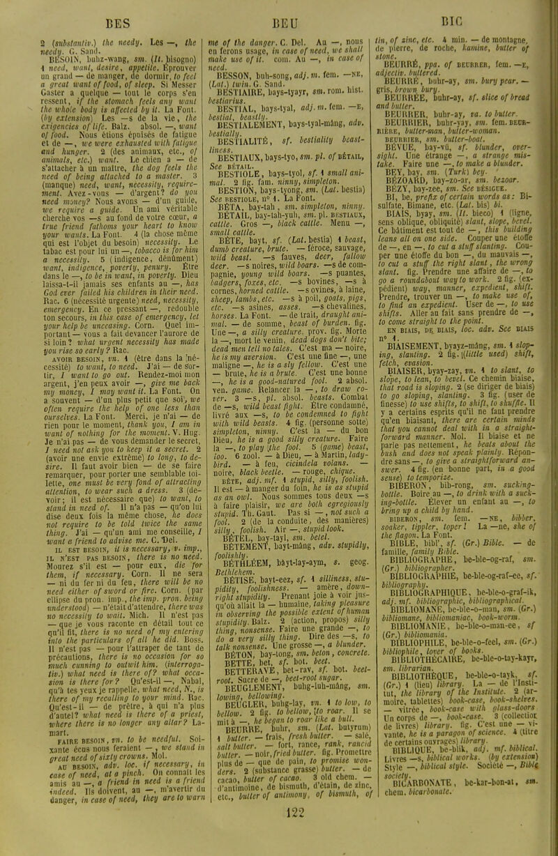 BES 2 (substitutiv.) the iteedy. Les —, the needy. G. Saml. BESOIN, buhz-wang, sm. (It. bisogno) 4 need, tuant, désire, appelile. Éprouver un grand — de manger, de dormir, to feel a great wantoffood, of sleep. Si Messcr Gaster a quelque — tout le corps s'en ressent, ;/' the stomach feels any want the whole body is affecled by it. La Font. (by extension) Les —s de la vie, the exigencies of life. Balz. absol. —, want of food. Nous étions épuisés de fatigue et de —, we tvere exhausted with fatigue and hunger. 2 (des animaux, etc., o/ animais, etc.) want. Le chien a — de s'attacher à un maître, the dog feels the need of being atlached to a master. _ 3 (manque) need, want, necessity, require- ment. Avez-vous — d'argent? do pou need muney? Nous avons — d'un guide, we require a guide. Un ami véritable cherche vos —s au fond de votre cœur, a true friend fathoms your heart to know your wants. La Font. A (la chose mémo qni est l'objet du besoin) necessity. Le tabac est pour lui un —, tobacco is for him a necessity. 5 (indigence, dénûment) want, indigence, poverly, penury. Etre dans le —, to be in want, in poverly. Dieu laissa-t-il jamais ses enfants au —, lias God ever fàiled his children in their need. Rac. 6 (nécessité urgente) need, necessity, emergency. En ce pressant —, redouble ton secours, in this case of emergency, lel your help be unceasing. Corn. Quel im- portant — vous a fait devancer l'aurore de si loin ? what urgent necessity has made you rise so early ? Rac. avoir besoin, vn. 4 (être dans la [né- cessité) to want, to need. J'ai — de Sor- tir, / want to go ont. Rendez-moi mon argent, j'en peux avoir —, give me baclc my money, I may want it. La Font. On a souvent — d'un plus petit que soi', we oflen require the help of one less than ourselves. La Font. Merci, je n'ai — de rien pour le moment, thank you, I am in want of nolhing for the moment. V. Hug. 3e n'ai pas — de vous demander le secret, / need not ask you to keep it a secret. 2 (avoir une envie extrême) to long, to de- sire. Il faut avoir bien — de se faire remarquer, pour porter une semblable toi- lette, one must be very fond of attractiiig attention, to wear such a dress. 3 (de- voir; il est nécessaire que) to want, to stand in need of. 11 n'a pas — qu'on lui dise deux fois la même chose, lie does not require to be told twice the same thing. J'ai — qu'un ami me conseille, / want a friend to advise me. C. Del. il est besoin, il is necessary, v. imp., il n'est pas besoin, there is no need. Mourez s'il est — ponr eux, die for them, if necessary. Corn. Il ne sera — ni du fer ni du feu, there will be no need eilher of sword or (ire. Corn, (par ellipse du pron. imp., the imp. pron. being underslood) — n'était d'attendre, there was no necessily to wail. Mich. 11 n'est pas — que je vous raconte en détail tout ce qu'il fit, there is no need of my entering into the parliculars of ail he did. Boss. 11 n'est pas — pour l'attraper de tant de précautions, there is no occasion for so much cunmng to outwit him. (inlerroga- tiv.) what need is there of? what occa- sion is there for ? Qu'est-il —, Nabal, qu'à tes yeux je rappelle, what need, N., is there of my recalling to your mind. Rac. Qu'est-il — de prêtre, à qui n'a plus d'autel? what need is there of a priest, where there is no longer any allar ? La- mart. , ,, , „ . faire besoin , vn. to be needful. Soi- xante écus nous feraient — , we stand in great need ofsixly crowns. Mol. au besoin, adv. loc. tf necessary, tn case of need, at a pinch. On connaît les amis au —, a friend in need is a friend indeed. Ils doivent, au —, m avertir du danger, in case of need, they are to warn BEU me of the danger. C. Del. Au —, nous en ferons usage, in case of need, we shall make use of it. coin. Au —, in case of need. BESSON, buh-song, ad}, m. fem. —ne, (Lat.) twin. G. Sand. BESTIAIRE, bays-lyayr, sm. rom. lnst. bestiarius. ,, . BESTIAL, bays-tyal, adj.m. fem. — E, bestial, beaslly. , , BESTIALEMENT, bays-tyal-mâng, adv. beslially. . BESTIALITÉ, sf. bestiahly beast- Une s s BESTIAUX, bays-tyo, sm. pl. of bétail, See bétail. BESTIOLE, bays-tyol, sf. 4 small ani- mal. 2 flg. fam. ninny, simpleton. BES'ITON, bays-tyong, sm. [lat. bestia) See bestiole, n° 4. La Font. BÉTA, bay-tah , sm. simpleton, ninny. BÉTAIL, bay-tah-yuh, sm. pl. bestiaux, caille. Gros —, black caille. Menu —, small caille. BÉTE, bayt, sf. (Lal. bestia) 4 beast, dumb créature, brute. — féroce, sauvage, wild beast. —s fauves, deer, fallow deer. —s noires, wild boars. —s de com- pagnie, young wild boars. —s puantes, badgers,foxes,elc. —s bovines, —s à cornes, homed caille, —s ovines, à laine, sheep, lambs, etc. —s à poil, goals, pigs, etc. —s asines, asses. —s chevalines, horses. La Font. — de trait, draughl ani- mal. — de somme, beast of burden. fig. Une —, a silly créature, prov. fig. Morte la —, mort le venin, dead dogs don'l bitc; dead men tell no taies. C'est ma — noire, he is my aversion. C'est une fine —, une maligne —, lie is a sly fellow. C'est une — bruie, he is a brute. C'est une bonne —, he is a good-natured fool. 2 absol. ven. game. Relancer la —, to draw co- ver. 3 —s, pl. absol. beasls. Combat de —s, wild beasl fight. Être condamné, livré aux —s, to be condemned to fighi with wild beasls. 4 fig. (personne sotte) simpleton, ninny. C'est la — du bon Dieu, he is a good silly créature. Faire la —, to play \the fool. S {game) beast, loo. 6 zool. — à Dieu, — à Martin, lady- bird. — à feu, cieindela volans. — noire, black beetle. —rouge, chique. bète, adj. mf. 4 stupid, silly, foolish. Il est — à manger du foin, he is as stupid as an owl. Nous sommes tous deux —s à faire plaisir, we are bolh egregiously stupid. Th. Gaut. Pas si —, not such a fool. 2 (de la conduite, des manières) silly , foolish. Air —, stupid look. BÉTEL, bay-tayl, sm. belel. BÊTEMENT, bayt-mâng, adv. slupidly, foolishly. , BÉTHLEEM, bàyt-lay-aym, s. geog. Bethlehem. BÉTISE, bayt-eez, sf. 4 silliness, slu- pidity, foolishness. — amère, down- righl stupidily. Prenant joie à voir jus- qu'où allait la — humaine, taking plcasure in observing the possible exlent ofhuman stupidily. Vtii- 2 (action, propos) silly thing, nonsense. Faire une grande —, to do a very silly thing. Dire des -s, to ialk nonsense. Une grosse —, a btunder. BÉTON, bay-tong, sm. béton, concrète. BETTE, bet, sf. bot. beet. BETTERAVE, bet-rav, sf. bot. beel- root. Sucre de -, beet-root sugar. BEUGLEMENT, buhg-luh-mâng, sm. lowing, bellowing. BEUGLER, buhg-lay, vn. 4 to low, to bellow. 2 fig. to bellow, [to roar. Il se mit à —, he began to roar like a bull. BEURRE, buhr, sm. {Lat. butyrum) 4 bidler. — frais, fresh butter. — salé, sait butter. — fort, rance, rank rancid butter — noir, fried butter, fig. Promettre plus de — que de pain, to promise won- ders. 2 (substance grasse) butter. — de cacao, butter of cacao. 3 pld chem. — d'antimoine, de bismuth, délain, de zinc, etc., butter of anlimony, of bismuth, of 122 Bit! tin, of tinc, etc. k min. — de montagne, de pierre, de roche, kamine, butter of stone. BEURRE, ppa. of beurrer, fem. —e, adjectiv. bultered. BEURRÉ, buhr-ay, sm. bury pear. — gris, brown bury. BEURRÉE, buhr-ay, sf. slice of bread and butter. BEURRER, buhr-ay, va. to butter. BEURRIER, bubr-yay, sm. fem. beob- rière, butter-man, bulter-woman. beurrier, sm. buller-boat. BÉVUE, bay-vû, sf. btunder, over- sighl. Une étrange —, a strange mis- take. Faire une —, to make a btunder. BEY, bay, sm. (Turk) bey. ' BÉZOARD, bay-zo-ar, sm. bezoar. BÉZY, bay-zee, sm. See bésicue. BI, be, preflx of certain words as : Bi- sulfate, Bimane, etc. {Lat. bis) bi. BIAIS, byay, sm. (II. bieco) 4 (ligne, sens oblique, obliquité) slant, slope, bevel. \ Ce bâtiment est tout de — , this building leans ail on one side. Couper une étoffe de —, en —, to eut a sluff slanting. Cou- per une étoffe du bon —, du mauvais —, to cul a stuff the right slant, the wrong slant. (lg. Prendre une affaire de —, to go a roundabout way to work. 2 fig. (ex- pédient) way, manner, expédient, shift. Prendre, trouver nn —, to make use of, to find an expédient. User de —, to use shifls. Aller au fait sans prendre de —, to corne straight to the point. en biais, de biais, toc. adv. See biais n° 4. BIAISEMENT, byayz-mâng, sm. 4 slop- ing, slanting. 2 û%. [(Utile used) shift, felch, évasion. BIAISER, byay-zay, vn. 4 to slant, to slope, to lean, to bevel. Ce chemin biaise, that road is sloping. 2 (se diriger de biais) to go sloping, slanting. 3 fig. (user de finesse) to use shifts, to shift, to shuffle. Il y a certains esprits qu'il ne faut prendre qu'en biaisant, there are certain minds that you cannot deal with in a straight- forward manner. Mol. Il biaise et ne parle pas nettement, he beats aboul the bush and does not speak plainly. Répon- dre sans —, to give a straightforward an- swer. i fig. (en bonne part, in a good sensé) to temporise. BIBERON, bib-rong, sm. sucking- boltle. Boire.au —, to drink with a suck- ing-bollle. Élever un enfant au —, to bring up a child by hand. biberon, sm. fem. —ne, bibber, soaker, tippler, toper ! La —ne, she of the /lagon. La Font. BIBLE, bibl*. sf. (Gr.) Bible. — de famille, family Bible. BIBLIOGRAPHE, be-ble-og-raf, sm. (Gr.) bibliographer. BIBLIOGRAPHIE, be-ble-og-raf-ee, sf. ' bibliography. BIBLIOGRAPHIQUE, be-ble-o-graf-ik, adj. mf. bibliographie, bibliographical. BIBLIOMANE, be-ble-o-man, sm. (Gr.) bibliomane, bibliomaniac, book-worm. B1BLI0MAN1E, be-blc-o-man-ee, sf (Gr.) bibliomania. BIBLIOPHILE, be-ble-o-feel, sm. (Gr.) bibliophile, lover of books. BIBLIOTHÉCAIRE, be-ble-o-tay-kajr, sm. librarian. BIBLIOTHÈQUE, be-blc-o-tayk, sf. (Gr.) 4 (lien) library. La — de l'Insti- tut, the library of the Institute. 2 (ar- moire, tablettes) book-case, book-shelves. — vitrée, book-case with glass-doors Un corps de —, book-case. 3 (collectior. de livres) library. fig. C'est une — vi- vante, he is a paragon of science. * (titre de certains ouïrages)//irary. BIBLIQUE, be-blik, adj. mf. bibltcal. Livres —s, biblical works. (by extension) Style —, biblical style. Société —, Bible, sociely. BICARBONATE, be-kar-bon-al, sm. chem. bicarbonate.