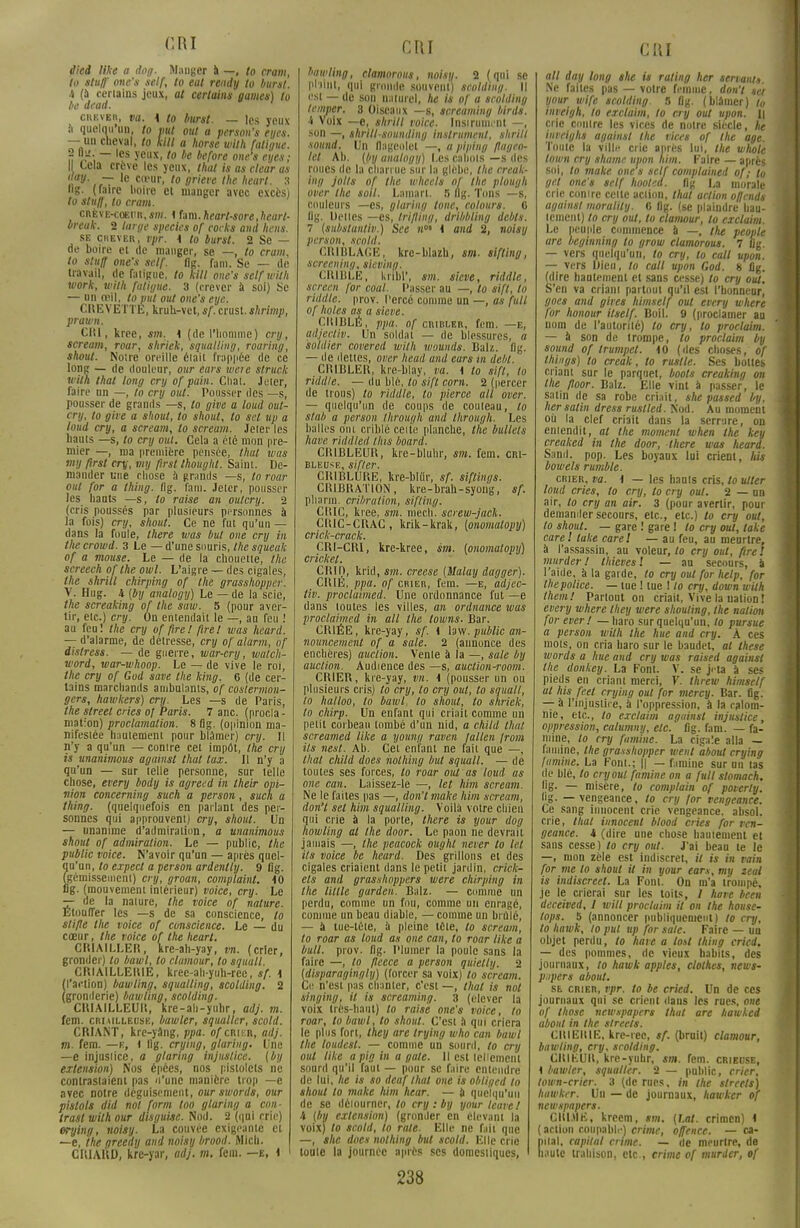 died like a dog. Manger à —, to cram, lo stuff one's self, to eut reudy to burst. h (â certains jeux, at certains games) lo lie dead. crever, va. \ to burst. — les yeux a quelqu'un, to mit out a person's eyes. — un cheval, to kilt a liorse with fatigue. 2 Ba: — les yeux, to be before one's eyes; | Cela crève les yeux, thaï is as clear as 'iay' — le cœur, to grieve the heart. 3 lig. (taire boire et manger avec excès) to stuff, to cram. CRÈvE-coEiiR,sm. ihm.hearl-sore,heart- breuk. 2 large species of rocks and liens. se ckever , vpr. \ to burst. 2 Se — de boire et de manger, se —, to cram, to stuff one's self. flg. fam. Se — de travail, de fatigue, to kill one's self with work, with fatigue. 3 (crever à soi) Se — un œil, to put out one's eye. CREVETTE, kruk-vet, sf. crust. shrimp, prawn. CRI, kree, sm. i (de l'iionime) cry, scream, roar, shriek, squalimg, roaring, shout. Notre oreille était frappée de ce lon« — de douleur, our ears weie slruclc with thaï long cry of pain. Chai. Juter, faire un —, to cry out. Pousser des —s, pousser de grands —s, to give a loud out- cry, to give a shout, to shout, to set up a loud cry, a scream, to scream. Jeter les liants —s, to cry oui. Cela a été mon pre- mier —, ma première pensée, thut was tny flrst cry, m y firsl Ihought. Saint. De- mander une rhose à grands —s, to roar out for a thing. (1g. fam. Jeter, pousser les hauts —s, lo raise an outery. 2 (cris poussés par plusieurs personnes à la fois) cry, shout. Ce ne fut qu'un — dans la foule, Ihere was but one cry in the crowd. 3 Le — d'une souris, the squealc of a mouse. Le — de la chouette, the screech of the owl. L'aigre — des cigales, the shrill chirping of the grasshopper. Y. Hug. i (by analogy) Le — de la scie, the screaking of the saw. S (pour aver- tir, etc.) cry. On entendait le —, au feu ! au fen ! the cry of fire ! fire I was heard. — d'alarme, de détresse, cry of alarm, of distress. — de guerre, war-crij, watch- word, war-whoop. Le — de vive le roi, the cry of God save the king. 6 (de cer- tains marchands ambulants, of coslermon- gers, hawkers) cry. Les —s de Paris, the street cries of Paris. 7 anc. (procla - matlon) proclamation. 8 flg. (opinion ma- nifestée hautement pour blâmer) cry. Il n'y a qu'un — contre cet impôt, the cry is unanimous agmnst lhat lax. Il n'y a qu'un — sur telle personne, sur telle Chose, every body is agreed in their opi- nion concerning such a person, sucli a thing. (quelquefois en parlant des per- sonnes qui approuvent) cry, shout. Un — unanime d'admiration, a unanimous shout of admiration. Le — public, the public voice. N'avoir qu'un — après quel- qu'un, lo expecl a person ardenlly. 9 flg. (gémissement) cry, groan, complaint. iO flg. (mouvement intérieur) voice, cry. Le — de la nature, the voice of nature. Etouffer les —s de sa conscience, to sli/le the voice of conscience. Le — du cœur, the voice of the hearl. CRIAILLER, kre-ah-yay, vn. (crier, gronder) to bawl, to clumour, to squall. CRIAILLERIE, kree-ah-yuh-ree, sf. h (l'action) bawling, squalling, scolding, 2 (gronderie) bawling, scolding. CIUAILLEUR, kre-ah-yuhr, adj. m. fem. criailledse, bawler, squaller, scold. CRIANT, kre-yâng, ppa. of cmv.r, adj. m. fem. — K, i lig. crying, glaring. Une —e injusiiee, a glaring injustice, (by extension) Nos épées, nos pistolets ne contrastaient pas n'unc manière trop — e avec notre déguisement, our swords, our pistols did nol form too glaring a con- trasl wilh our disguise. Nod. 2 (qui crie) erying, noisy. La couvée exigeante et —e, the greedy and noisy brood. Mich. CRIARD, kre-yar, adj. m. fem. —e, i CRI bawling, clamorous, noisy. 2 (qui se plaint, qui gronde souvent) scolding. Il est — de son naturel, he is of a scolding lemper. 3 Oiseaux —s, screaminy birds. •i voix —e, shrill voice. Instrument —, son —, shrill-sounding instrument, shrill sound. Un flageolet —, a piping flageo- le! Ah. (by analogy) Les cahots —s des roues de la charrue sur la glèbe, the creak- ing jolis of the whcels of the plough over the soil. Lamarl. S flg. Tons —s, couleurs —es, glaring tone, colours. 6 lig. Dettes —es, trifling, dribbling debts. 7 (subslantiv.) See «< i and 2, noisy person, scold. CRIRLACE, kre-blazb, sm. sifting, screening, sieving. CRIBLE, krlbl', sm. sieve, riddle, screen for coal. Passer au —, to sift, lo mldle. prov. Percé comme un —, as fuit of hôtes as a sieve. CRIBLÉ, ppa. of cribler, fem. —e, adjectif. Un soldat — de blessures, a soldier covered wilh wounds. liai/., flg. — de dettes, orcr head ami ears ni debl. CRIBLER, kre-blay, va. I to sift, la riddle. — du blé, to sift corn. 2 (percer de trous) lo riddle, to pierce ail over. — quelqu'un de coups de couteau, to stab a person through and through. Les halles ont criblé celte planche, the bullels have riddled Htm board. CRIBLEUR, kre-bluhr, sm. fem. cri- bleu<e, sifler. CR1BLURË, kre-bldr, sf. siftings. CRIBRATION, kre-brah-syong, sf. pharm. cribralion, sifting. CRIC, kree, sm. mech. screw-jack. CRIC-CRAC, krik-krak, (ononiatopy) criclc-crack. CRI-CRI, kre-kree, sm. (ononiatopy) cricket. CRIR, krid, sm. creese (Malay dagger). CRIÉ, ppa. of crier, fem. —e, adjec- tiv. procluimed. Une ordonnance fut —e dans toutes les villes, an ordnance was proclaimed in ail the lowns. Bar. CRIÉE, kre-yay, sf. \ law. public an- nouncement of a sale. 2 (annonce des enchères) auclion. Vente à la —, sale by auclion. Audience des —s, auclion-room. CRIER, kre-yay, vn. i (pousser un ou plusieurs cris) lo cry, to cry oui, to squall, lo halloo, to bawl, lo shout, lo shriek, lo chirp. Un enfant qui criait comme un petit corbeau tombé d'un nid, a child Huit screamed like a young raven Jallen jrom Us nest. Ah. Cet enfant ne fait que —, lhat child does nothing but squall. — de toutes ses forces, to roar oui as loud as one can. Laissez-le —, let Mm scream. Ne le faites pas —, don'l make him scream, don't sel him squalling. Voilà votre chien qui crie à la porte, there is your dog bowling at the door. Le paon ne devrait jamais —, the peacock oughl never to let ils voice be heard. Des grillons et des cigales criaient dans le petit jardin, crick- ets and grasshoppers were chirping in the liltle gurden. Balz. — comme un perdu, comme un fou, comme un enragé, comme un beau diable, — comme un brûlé, — à tue-tète, à pleine tète, lo scream, lo roar as loud as one can, lo roar like a bull. prov. flg. Plumer la poule sans la faire —, to fleece a person quietly. 2 (disparagingly) (forcer sa voix) to scream. Ce n'est pas chanter, c'est —, thaï is not singing, il is screaming. 3 (élever la voix très-haut) to raise one's voice, to roar, to bawl, to shout. C'est à qui criera le plus fort, they are trying who can bawl the loudest. — comme un sourd, to cry oui like a pig in a gale. Il est tellement sourd qu'il faut — pour se faire entendre de lui, he is so deaf lhat one is obliged lo shout lo make him hear. — ;i quelqu'un de se détourner, to cry : by your teavet k (by extension) (gronder en élevant la voix) to scold, lo rate. Elle ne fait que —, she does nolhing but scold. Elle crie toute la journée après ses domestiques, CRI ail day long she is rating her servant». Ne faites pas — voire femme, don't set your wife scolding. S flg. (blâmer) to inveigh, to exclaim, to cry out upon. U crie contre les vices de notre siècle, he iuveighs against the vices of the âge. Toute la ville crie après lui, the whole town cry shame upon him. Faire — après soi, to make one s self complained of; to gel one's self hooted. flg La morale crie contre cette action, lhat action offends against moralily. 6 flg. (se plaindre hau- tement) to cry out, to clamour, lo exclaim. Le peuple commence à —. the people are beginning to groui clamorous. 7 flg. — vers quelqu'un, lo cry, to call upon. — vers Dien, to call upon God. 8 flg. (dire hautement et sans cesse) to cry out. S'en va criant partout qu'il est l'bonnenr, goes and gires himself oui every where for honour ilself. Boil. 9 (proclamer au nom de l'autorité) to cry, to proclaim. — à son de trompe, lo proclaim by sound of trumpel. iO (des choses, of things) to creak, to ruslle. Ses bottes criant sur le parquet, boots creaking on the floor. Balz. Elle vint à passer, le satin de sa robe criait, she passed by, her salin dress ruslled. Nod. Au moment où la clef criait dans la serrure, on entendit, at the moment when the key creaked in the door, there was heard. Sanil. pop. Les boyaux lui crient, lus bowels rumble. crier, va. i — les haots cris, to utter loud cries, lo cry, to cry oui. 2 — un air, lo cry an air. 3 (pour avertir, pour demander secours, etc., etc.) to cry oui, to shout. — gare ! gare I lo cry oui, lake carel lake carel — au feu, au meurtre, à l'assassin, au voleur, lo cry out, fire î murder ! thieves! — au secours, à l'aide, à la garde, lo cry oui for help, for the police. — lue ! lue ! lo cry, down with them! Partout on criait, Vive la nation I every where they were shouling, the nation for everl — haro sur quelqu'un, lo pursue a person wilh the hue and cry. À ces mots, on cria haro sur le baudet, al thèse words a hue and cry was raised against the donkey. La Font. V. se jeta à ses pieds en criant merci, V. threw himself ut his feet crying out for mercy. Bar. flg. — à l'injustice, à l'oppression, à la calom- nie, etc., lo exclaim against injustice, oppression, calumny, etc. flg. fam. — fa- mine, lo cry famine. La cigale alla — famine, the grasshopper wenl aboul crying lamine. La Font.; || — famine sur un tas de blé, to cry oui famine on a full slomach. lig. — misère, to comptain of poverty. lig- — vengeance, to cry for vengeance. Ce sang innocent crie vengeance, absol. crie, thaï innocent blood cries for ven- geance, i (dire une chose hautement et sans cesse) to cry out. J'ai beau le le —, mon zèle est indiscret, il is in vain for me lo shout il in your ears, my zeal is indiscreet. La Font. On m'a trompé, je le crierai sur les toits, 1 have bcen deceived, 1 will proclaim il on the house- lops. 5 (annoncer publiquement) lo cry, to hawk, lo put up for sale. Faire — un objet perdu, lo haie a lost thing cried. — des pommes, de vieux babils, des journaux, to hawk apples, clolhes, news- papers aboul. se crier, vpr. to be cried. Un de ces journaux qui se crient daus les rues, one of those newspapers thut are hawked aboul in the slreets. CRIER1E, kre-rec, sf. (bruit) clamour, bawling, cry, scolding. CRIEUR, kre-yuhr, sm. fem. cribose, t bawler, squaller. 2 — public, crier, lown-crier. 3 (de rues, in the slreets) hawker. Un — de journaux, hawker of newspapers. CRUIE, kreem, sm. (lat. crimcn) i (action coupable) crime, offence. — ca- pital, capital crime. — de meurtre, de naulc trahison, etc., crime of murder, of