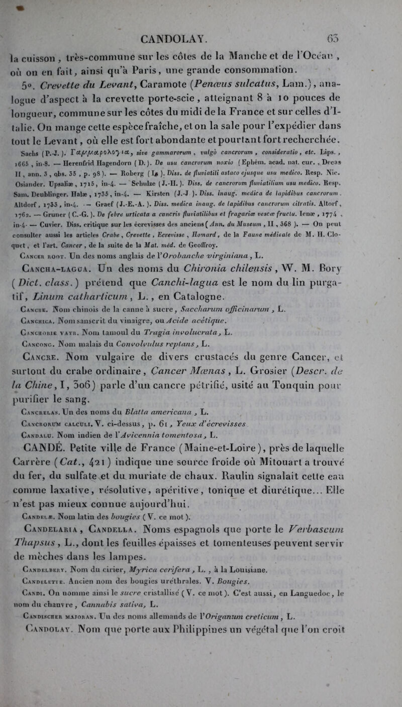 la cuisson , Irès^conimiine sur les côles de la Manche et de TOcean , où on en fait, ainsi qu’à Paris, une grande consommation. 50. Crevette du Levant^ Caramote {Penœus sulcatiis, Lam.), ana- logue d’aspect à la crevette porte-scie , atteignant 8 à 10 pouces de longueur, commune sur les côtes du midi de la France et sur celles d’I- talie. On mange cette espèce fraîche, et on la sale pour l’expédier dans tout le Levant, où elle est fort abondante et pourtant fort recherchée. Sachs (P.-J. ). Tctf/y.etpoXoyieiy sive gammarorum , vutgb cancrorum , conslderalio, etc. Lips. , i665 , in-8. —Ilerenfrid Ilagendorn (D.). De usu cancrorum noxio (Ephém. acad. nal. cur. ,Dicas II , ann. 3 , obs. 35 , p. 98 ). — Roberg ( I# ). D/js. de fluviaiiU astaco ejusque usu medico. Resp. Nie. Osiander. Upsaliæ, 1715, in-4. — Schulze (J.-II. ). Dis*, de cancrorum fluviaillium usu medico. Resp. Sam. Deublinger. Halæ , 1735, in-4. — Kirsten (J.-J ). Dis*, inaug. me die a de lapidibus cancrorum. Altdorf, 1733, in-4. •— Graef (J.-E.-A. ). Dis*, medica inaug. de lapidibus cancrorum citratis. AHorf, 1762. — Gruner ( C.-G. ). De febre uriicata a cancris fluviaiilibus et fragariœ vescœ fruclu. lenæ , 1774 , in-4- — Cuvier. Diss. critique sur les écrevisses des anciens (->:lnn. du Muséum , II, 368 J. — On peut consulter aussi les articles Crabe, Crevette, Ecrevisse , Homard, de la Faune médicale de M. II. Clo- quet, et l’art. Cancer, de la suite de la Mat. mèd. de Geoffroy. Cancer root. Un des noms anglais de VOrobanche 'virginiana , L. Cancha-lagoa. Un des noms du Chironia chileiisis , W. M. Bory ( Dict. class.) prétend que Canchi-lngua est le nom du lin purga- tif, TÂiiiim ciitharticum i L., en Catalogne. Canchk. Nom chinois de la canne 'a sucre, Saccharum ojffîcinarnm > L. Canchica. Nom sanscrit du vinaigre, o\x Acide acétique. Cancuorie vayr. Nom tamoul du Tragia involucrata, L. Canconc. Nom malais du Convolvulus replans, L. Cancre. ]\om vulgaire de divers crustacés du genre Cancer, et surtout du crabe ordinaire, Çancer Mœnas, L. Grosier ÇDescr. de la Chine y I, 5o6) parle d’un cancre pétrifié, usité au Tonquin pour purifier le sang. Cancrelas. Un des noms du Blatta americaiia , L. CANCRORinvi cALCULi. V. ci-dessus , p. 61, Yeux d’écrevisses Cand.vi.u. Nom indien de XAvicennia tomentosa, L. CAINDE. Petite ville de France (Maine-et-Loire), près de laquelle Carrère (Cat., 4*21 ) indique une source froide où Mitouart a trouvé du fer, du sulfate et du muriate de chaux. Raulin signalait cette eau comme laxative, résolutive, apéritive, tonique et diurétique... Elle n’est pas mieux connue aujourd’hui. Candei,*. Nom latin des bougies ( V. ce mot ). Candelaria, Candella. Noms espagnols que porte le Verbascuin Thapsiis , L., dont les feuilles épaisses et tomenteuses peuvent servir de mèches dans les lampes. Candelbert. Nom du cirier, Myrica certfera , L. , à la Louisiane. Candëletie. Ancien nom des bougies uretlirales. V. Bougies. Candi. On nomme ainsi le sucre cristallise (V. ce mot). C’est aussi, eu Languedoc, le nom du chanvre , Cannabis saliva, L. Candischer majoran. Un des noms allemands de XOriganum creticum, L. (’andolay. Nom que porte aux Philippines un végétal que l’on croit