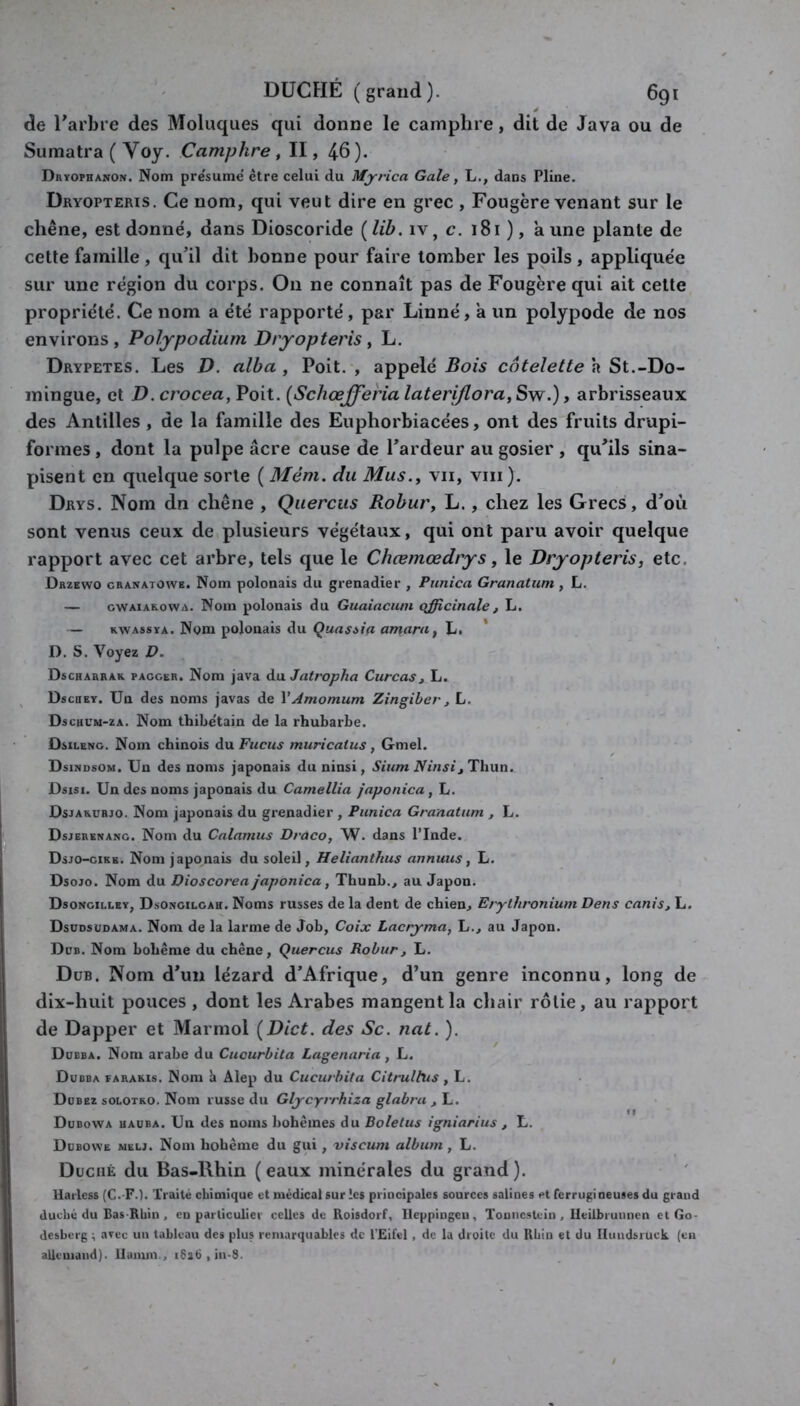 de Tarbre des Moluqiies qui donne le camphre, dit de Java ou de Sumatra ( Voy. Camphre , II, 46 ). Dryophanon. Nom présumé être celui du Mjrica Gale ^ L., dans Pline. Dryopteris. Ce nom, qui veut dire en grec , Fougère venant sur le chêne, est donné, dans Dioscoride (lih. iv, c. 181 ), aune plante de cette famille, qu’il dit bonne pour faire tomber les poils, appliquée sur une région du corps. On ne connaît pas de Fougère qui ait cette propriété. Ce nom a été rapporté, par Linné, a un polypode de nos environs , Polypodium Dryopteris , L. Drypetes. Les D. alla , Poit. , appelé Bois côtelette h St.-Do- mingue, et D. crocea, Poit. {Schœfferia lateriflora, Sw.), arbrisseaux des Antilles , de la famille des Euphorbiacées, ont des fruits drupi- formes, dont la pulpe âcre cause de l’ardeur au gosier , qu’ils sina- pisent en quelque sorte ( Mém. du Mus.y vu, viii ). Drys. Nom dn chêne , Qiierciis Rohur, L., chez les Grecs, d’oii sont venus ceux de plusieurs végétaux, qui ont paru avoir quelque rapport avec cet arbre, tels que le Chæmœdrys y le Dryopteris, etc. Drzewo crawatowe. Nom polonais du grenadier , Punica Granatum, L. — GWAIAK.OWA. Nom polonais du Guaiacum qfficinale, L. — rwassya. Nom polonais du Quasiia amarn, L. ’ D. S. Voyez D. Dscharrak paccer. Nom java à.\xJatropha Curcas, L. ^ Dschey. Un des noms javas de VAmomum Zingiher, L. Dscucm-za. Nom thibe'tain de la rhubarbe. OsiLENG. Nom chinois du Fucus muricalus, Gmel. Dsimdsom. Un des noms japonais du ninsi, Sium Ninsi yDiun, Dsisi. Un des noms japonais du Camellia japonica, L. Dsjarurjo. Nom japonais du grenadier , Punica Granatum , L. Dsjerekang. Nom du Calamus Dvùco, W. dans l’Inde. Dsjo-cikb. Nom japonais du soleil, Helianthus an nuits, L. Dsojo. Nom du Dioscorea japonica, Thunb., au Japons Dsongilley, Dsongilcah. Noms russes de la dent de chien, Erythronium Dens caniSj L. Dsudsüdama. Nom de la larme de Job, Coix Lacryma, L., au Japon. Düb. Nom bohème du chêne, Quercus Robur, L. Due. Nom d’un lézard d’Afrique, d’un genre inconnu, long de dix-huit pouces , dont les Arabes mangent la chair rôtie, au rapport de Dapper et Marmol {Dict. des Sc. nat. ). Dueba. Nom arabe du Cuourbita Lagenaria, L. Dubba farakis. Nom h Alep du Cucurhita Citrullus , L. Dubez solotko. Nom russe du Glycyrrhiza glabra , L. Dubowa hauba. Un des noms bohèmes du Boletus igniarius , L. Dubovve melj. Nom hohême du gui, viscum album , L. Duché du Bas-Rhin (eaux minérales du grand). Uaiiess (C.-F.l. Traité cbimique et médical sur les principales sources salines et ferrugineuses du grand duché du Bas Rbin . en particulier celles de Roisdorf, Ilcppingcu, Touiicstcin , lleilbrunncn et Go- desbcrg ; arec un tableau des plus remarquables de l'Eifel , de la droite du Rbiu et du Iluudsruck (en allemand), llaiiuii., 1626 , in-S.