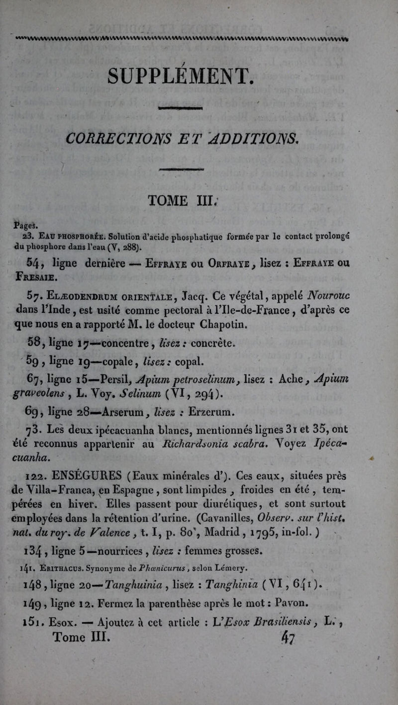 •^wvwvww\\wvwvvww%wvvwwviwwvwvwvw\vwvwvwvwwvvwvwvwwvvwwvw\vwwvvw SUPPLÉMENT. CORRECTIONS ET ADDITIONS, TOME III; Pages. 23. Eau phosphorée. Solution d’acide pliospliatique forme'e par le contact prolongé du phosphore dans l’eau (V, 288). 54, ligue dernière — Effraye ou Orfraie , lisez ; Effraye ou Fresaie. 67, Elæodendrdm orientale, Jacq. Ce végétal, appelé Nourouc dans PInde, est usité comme pectoral à PIle-de-France, d’après ce que nous en a rapporté M. le docteur Chapotin. 58, ligne 17—concentre, lisez: concrète. ' 5g , ligne 19 —copale, lisez : copal. 67, ligne 15—Persil, A^ium petroselinum, lisez : Ache, Apium graveoUns , L. Voy, Seliiium (VI, 294). 6g, ligne 28—Arserum, lisez : Erzerum. 73. Les deux ipécacuanha blancs, mentionnés lignes 31 et 35, ont été reconnus appartenir au Richardsonia scabra. Voyez Ipéca- cuanha. 122. ENSÉGURES (Eaux minérales d’). Ces eaux, situées près de Villa-Franca, en Espagne , sont limpides , froides en été , tem- pérées en hiver. Elles passent pour diurétiques, et sont surtout employées dans la rétention d'urine. (Cavanilles, Ohserÿ, sur VJiisU nat% duroy» de Valence, t, I, p. 80, Madrid , 1795, in-fol. ) i34 ) ligne 5—nourrices , lisez : femmes grosses. 141. Erithacus. Synonyme de Phœnicurus, selon Lémery. 148 , ligne no-^-Tanghainia , lisez : Tanghiiiîa ( VI, 6^1 )*, i4g, ligne 12. Fermez la parenthèse après le mot : Pavon. l5i. Esox. — Ajoutez à cet article ; \IJIsox Rrasiliensis, L.', Tome III. 4?