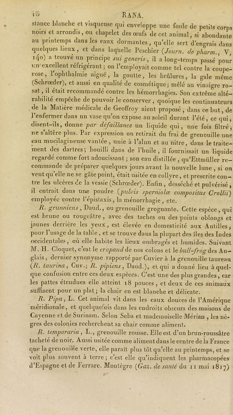 stance blanche el visqueuse qui enveloppe une foule de petits corps noirs et arrondis, ou chapelet des œufs de cet animal, si abondante au printemps dans les eaux dormantes, qu’elle sert d’engrais dans quelques lieux, et dans laquelle Peschier (Journ. de pharm., V, i4o) a tiouvé un principe sui generis, il a long-temps passé pour un excellent réfrigérant; on l’employait comme tel contre la coupe- rose, l’ophtbalmie aiguë, la goutte, les brûlures, la gale même (Schrœder), et aussi en qualité de cosmétique; mêlé au vinaigre ro- sat., il était recommandé contre les hémorrhagies. Son extrême alté- rabilité empêche de pouvoir le conserver , quoique les continuateurs de la Matière medicale de Geoffroy aient proposé, dans ce but, de l’enfermer dans un vase qu’on expose au soleil durant l’été, ce qui, disent-ils, donne par défaillance un liquide qui, une fois filtré, ne s’altère plus. Par expression on retirait du frai de grenouille une eau mucilagineuse vantée , unie à l’alun et au nilre, dans le traite- ment des dartres; bouilli dans de l’huile, il fournissait un liquide regardé comme fort adoucissant ; son eau distillée , qu’Ettmüller re- commande de préparer quelques jours avant la nouvelle lune , si on veut qu elle ne se gâte point, était usitee en collyre, et prescrite con- tre les ulcères de la vessie (Schrœder). Enfin , desséché et pulvérisé , il entrait dans une poudre (puhns sperniolœ compositus Crollii) employée contre l’épistaxis, la ménorrbagie, etc. R. grunmens, Daud., ou grenouille grognante. Celte espèce, qui est brune ou rougeâtre , avec des taches ou des points obloiigs et jaunes derrière les yeux, est élevée en domesticité aux Antilles, pour 1 usage de la table, et se trouve dans la plupart des îles des Indes occidentales, ou elle habite les lieux ombragés et humides. Suivant M. II. Cloquet, c’est le crapaud de nos colons et le bull-frog des An- glais, dernier synonyme rapporté par Cuvier à la grenouille taureau (/i. taurina, Cuv.; R. pipiens, Daud.), el qui a donné lieu à quel- que confusion entre ces deux espèces. C’est une des plus grandes, car les pattes elendues elle atteint 18 pouces , et deux de ces animaux suffisent pour un plat ; la chair en est blanche et délicate. 7?. Pipa, L. Cet animal vit dans les eaux douces de l’Amérique méridionale, et quelquefois dans les endroits obscurs des maisons de Cayenne et de Surinam. Selon Seba et mademoiselle Mérian , les nè- gres des colonies recherchent sa chair comme aliment. R. temporana , L., grenouille rousse. Elle est d’un brun-roussâtre tachete de noir. Aussi usitée comme aliment dans le centre de la France que la grenouille verte, elle paraît plus tôt qu’elle au printemps, et se voit plus souvent a terre; c’est elle qu’indiquent les pharmacopées d’Espagne et de Ferrare. Montègre (Gaz. de santé du 11 mai 1817)