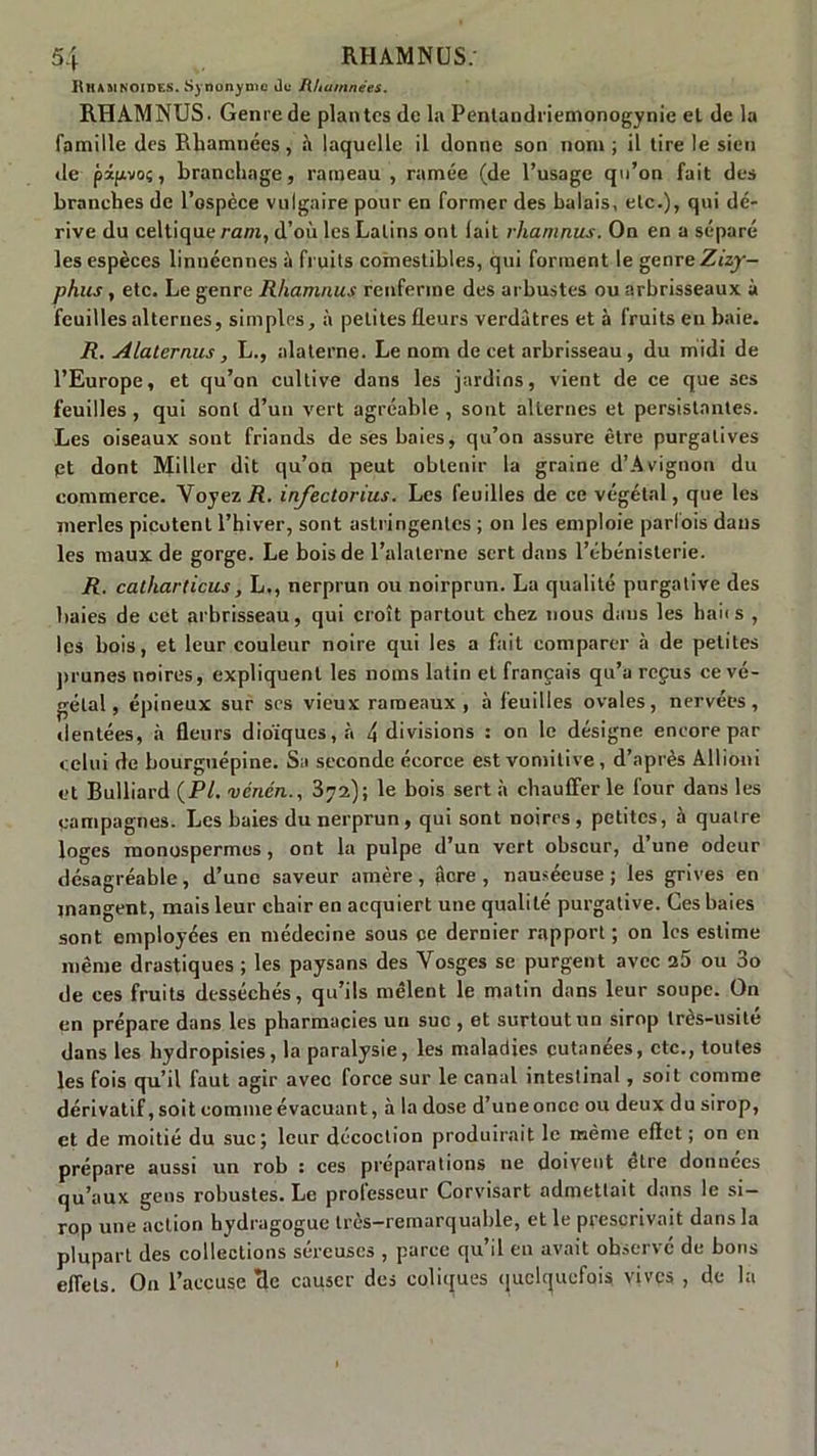 Rhamnoides. Synonyme de fl/tamnées. RHAMNUS. Genre de plantes de la Pentandriemonogynie et de la famille des Rhamnées, à laquelle il donne son nom ; il tire le sien de pipvoç, branchage, rameau , ramée (de l’usage qu’on fait des branches de l’ospèce vulgaire pour en former des balais, etc.), qui dé- rive du celtique ram, d’où les Latins ont lait rhamnus. On en a séparé les espèces linnéennes à fruits comestibles, qui forment le genre Zizy- phus, etc. Le genre Rhamnus renferme des arbustes ou arbrisseaux à feuilles alternes, simples, à petites fleurs verdâtres et à fruits eu baie. R. Alaternus, L., alaterne. Le nom de cet arbrisseau, du midi de l’Europe, et qu’on cultive dans les jardins, vient de ce que ses feuilles , qui sont d’un vert agréable , sont alternes et persistantes. Les oiseaux sont friands de ses baies, qu’on assure être purgatives pt dont Miller dit qu’on peut obtenir la graine d’Avignon du commerce. Voyez R. infectorius. Les feuilles de ce végétal, que les merles picotent l’hiver, sont astringentes ; on les emploie parfois dans les maux de gorge. Le bois de l’alalerne sert dans l’ébénisterie. R. catharticus, L., nerprun ou noirprun. La qualité purgative des baies de cet arbrisseau, qui croît partout chez nous daus les haiis , les bois, et leur couleur noire qui les a fait comparer <à de petites prunes noires, expliquent les noms latin et français qu’a reçus ce vé- gétal , épineux sur scs vieux rameaux , à feuilles ovales, nervées, dentées, à fleurs dio'iques,à 4 divisions : on le désigne encore par celui de bourguépine. Sa seconde écorce est vomitive, d’après Allioni et Bulliard (PL vénen., 3?2); le bois sert à chauffer le four dans les campagnes. Les baies du nerprun, qui sont noires, petites, à quatre loges monospermes, ont la pulpe d’un vert obscur, d’une odeur désagréable, d’une saveur amère, âcre, nauséeuse; les grives en mangent, mais leur chair en acquiert une qualité purgative. Ces baies sont employées en médecine sous ce dernier rapport ; on les estime même drastiques ; les paysans des Vosges se purgent avec 25 ou 3o de ces fruits desséchés, qu’ils mêlent le matin dans leur soupe. On en prépare dans les pharmacies un suc , et surtout un sirop très-usité dans les hydropisies, la paralysie, les maladies cutanées, etc., toutes les fois qu’il faut agir avec force sur le canal intestinal , soit comme dérivatif, soit comme évacuant, à la dose d’une once ou deux du sirop, et de moitié du suc; leur décoction produirait le même effet ; on en prépare aussi un rob : ces préparations ne doivent etie données qu’aux gens robustes. Le professeur Corvisart admettait dans le si- rop une action hydragogue très-remarquable, et le prescrivait dans la plupart des collections séreuses , parce qu’il en avait observé de bons effets. O11 l’accuse île causer des coliques quelquefois vives , de la