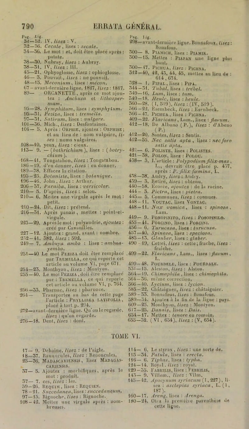 Pug. I^ig- IV, lisez : V. r>2—S6. Cecale , lise* : secitle. ôi—5G. L«i iiiüt : et, doit être plucé après : patate. 58—50. Nubray, lises : Aubruy. 58-31. IV, lisez : lll. 4r>—21. Ophyoglossc, lisez : opbiuglossu. 40— 5, Pouvait, lisez : uc pouvait. iS—la. Mecotïiiun^ Use* : mécon. 07-avant-dernière ligue. 1817. 81)— ORCANETTE, apres ce mot ajou- tez : AnchttsH et lUhosper- mum. 00—28. Symphitum^ lisez : symphyUim. 00—51, Peziztft lisez : trcmella. 97—51. Sntiuum^ lisez : vulgare, 101—50. Midi., lisez : Deslontuines. 101— 0. Après : Orphie, ajoutez : ürpiüse; et au lieu de : nom vulgaire, li- sez : noms vulgaires. 108—10. yeux, lisez : cieux. 115— 9. —{bolhricUium)^ lisez : {bolry- chium ). 168—41. Tongatabon, lisez ; Tongatûbou. 180 — 19. d'eu donner, lisez : eu donner. 189— 58. EiTacez la citation. 195 — 25. liotanistey lisez : botanique. 190— 40, John, lisez : Arthur. 200 — 37. Paniibut lisez iversicolor. 210— 5. D’après, lisez i selon. 2l0— 0. Mêliez une virgule apres le mol: petit. 210—24. Dit, lisez: pre'lend. 210—51. Après panais, niellez : point-et* virgule. 223—29. .\près le mol : polyandrie, nyoMtes : crée par Cavuiiilles. 227—12. Ajoutez: grand, avaut: nombre. 252-41. 582, lisez : 592. 249— 7. Ambaya arnbo ; lisez : ntnbua- yembo. 251—40 Le mot Peziza doit être rcinpluce' par Trejiella, ce qui reporte ccl article au volume page 071. 254—25. Montbyou , lisez : Moulyuu. 255 —40. Le moi Peziza , doit être remplacé pur : Tremella, ce qui reperle ccl article au volume VI, p. 704. 2t>0—35. Pliarnac, lisez : pbaruace. 204— Transportez au bas de colle page rarliclc : Phvllirea latifüha, place à tort p. 294. :i72—avaul-deniière ligue. Qu'ou le regarde, lisez : iiu’on regarde. 270—18, Dent, lisez : dont. J.ig. 298—avaiil-deniière ligne. Bonnafoux, lisez : Roiiuruus. 500— 8. Piamicu, lisez : Piamik. 300—15. Mettez : Piapan une ligne plus liant. 500— 47, PiCHUA, lisez : PicUNA. 312—40, 42, 45, 44, 45, mettez au lieu de : 014,074. 328— I. PiPAL, lisez; Pipa. 541 — 51. Tabula lisez \ tve'bel. 549—10, Lu///, lisez : lam. 549 — 18. JIculc^ lisez : hettle. ÿ)0-28. (1, 519), lisez : (IV, 519). 500 —22. Escmbcck, lisez : Esritljcck. 500 - 47. Pichua, lisez : Pichna. 409— 22. Flauicatis y Lam., lisez : Jlawum. 412—18. De Album) (P.), lisez: d’Abeuo ( ) 412—20. Sautes, lisez : Sanlis. 412—55. iSVc salis apta y lisez : nec fovo saiis apta, 421— G. POLISTE, lisez : POLISTES. 421 — 38, PoLON, lisez ; Polou. 458— 5, L’urÜclc: Polypodiit/n filix-mas y L., devrait être placé p. 4>7, après : P. Jilix feeminuy L. 458 —38'. Auüry, lisez: Atidiy. 459— 3. Retiré, lisez: obtenu. 410— 58. Ecotee, ajoutez : de la racine. 441- 5. PictroyMsez: pietra. 445— 5. ('ommuucs. lisez : connues. 418- 11. VoUTAC, lisez Yü.ntac. 418— 11. Nux voniicay lisez : spinosa y Lam. 419— 9. PoNopiNiTO, lisez ; Posopinilo. 455 — 41, PORCINO, lisez: PoRCiM. 456— 0. Turucasay lisez : liirucusa. 457— 40. Spinosoy lisez : speciosa. 485 — 15. Glnubery lisez : glaber. 490 19, Celici, lisez : cette ; fruchc, lisez . fraîche. .499—22. , Lan)., lisez , L. 499—48. PouRDELE, lisez ; PouAdale. 551 —15. Alcston,: Alstuu. 504—19. Chimaphila yWsQz : chimophila. 501— 50. même correction. 500 — 40. LyciafUy lisez : lycion. 585 — 22. Ciiâtaigiicr, lisez : clmtaiguicr. 589‘>53. Runaalbus,//jres : nonufous. 589—54. Ajoutez n lu lia de lu ligue : pays. 009—25. Moulbyon, Usez : Monlyou. 017—2,5. DanaiSy lisez : Dais. 051 — 17. Mettez: tenore vu romain. 055—52, (VI, 054), Usez : (V, 654). TOME VI. 17— 9. Dchaine, Usez : de l’aigle. 18— 37. Ruimncules, Usez : Renoncules. 25-30. Madascariensis, Usez MadacAS- CARIENSIS. 37— 5. Ajoutez : morbifiques, après le mot : produit. 37— 7. ces, Usez : les. 59—20. Requim, lisez : Reqüien. 78 — 21. Saccctlaneay Usez : succetlaneum, 07—L5. Riguücbe,/îjes : lUguochc. 108 — 42. Mettez une virgule api es : uuiii' breuses. 1 1 1— 0. Le styrax , Usez : uue sorte de. 115—54. Pntulny Usez : erecta. MO— G. TiphaSy lisez: typha. 124—14. Royal. lisez : royal. 129-55. Faurilis, lisez : Febrilis. 115— 9. Viltem., Usez: Vilm, 145—12. Apucynum syriacum {\y'^T) y li- sez : asclepias syriaca , L. ( 1, 187). 100—17. Arengy Usez : .■h'cnga. 180—21, Ül(z la piemicic pareiithède de cette ligue.