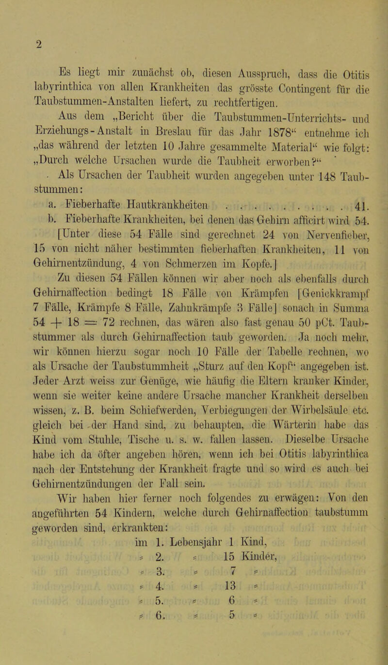 Es liegt mir zunächst ob, diesen Ausspruch, dass die Otitis labyrinthica von allen Krankheiten das grösste Contingent für die Taubstummen-Anstalten liefert, zu rechtfertigen. Aus dem „Bericht über die Taubstummen-Unterrichts- und Erziehungs-Anstalt in Breslau für das Jahr 1878“ entnehme ich „das während der letzten 10 Jahre gesammelte Material“ wie folgt: „Durch welche Ursachen wurde die Taubheit erworben?“ . Als Ursachen der Taubheit wurden angegeben unter 148 Taub- stummen : a. Fieberhafte Hautkrankheiten 4], b. Fieberhafte Krankheiten, bei denen das Gehirn afficirt wird 54. [Unter diese 54 Fälle sind gerechnet 24 von Nervenfieber, 15 von nicht näher bestimmten fieberhaften Krankheiten, 11 von Gehirnentzündung, 4 von Schmerzen im Kopfe.) Zu diesen 54: Fällen können wir aber noch als ebenfalls durch Gehirnaffection bedingt 18 Fälle von Krämpfen [Genickkrampf 7 Fälle, Krämpfe 8 Fälle, Zahnkrämpfe 8 Fälle | sonach in Summa 54 -f- 18 =■• 72 rechnen, das wären also fast genau 50 pCt. Taub- stummer als durch Gehirnaffection taub geworden. Ja noch mehr, wir können hierzu sogar noch 10 Fälle der Tabelle rechnen, wo als Ursache der Taubstummheit „Sturz auf den Kopf“ angegeben ist. Jeder Arzt weiss zur Genüge, wie häufig die Eltern kranker Kinder, wenn sie weiter keine andere Ursache mancher Krankheit derselben wissen, z. B. beim Schiefwerden, Verbiegungen der Wirbelsäule etc. gleich bei der Hand sind, zu behaupten, die Wärterin habe das Kind vom Stuhle, Tische u. s. w. fallen lassen. Dieselbe Ursache habe ich da öfter augeben hören, wenn ich bei Otitis labyrinthica nach der Entstehung der Krankheit fragte und so wird es auch bei Gehirnentzündungen der Fall sein. Wir haben hier ferner noch folgendes zu erwägen: Von den angeführten 54 Kindern, welche durch Gehirnaffection taubstumm geworden sind, erkrankten: im 1. Lebensjahr 1 Kind, = 2. = 15 Kinder,