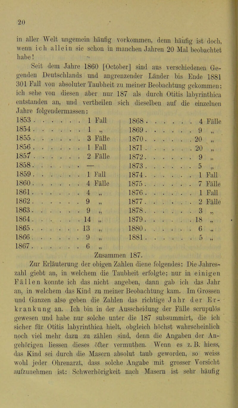 in aller Welt ungemein häufig Vorkommen, denn häufig ist doch, wenn ich allein sie schon in manchen Jahren 20 Mal beobachtet habe! Seit dem Jahre 1860 [October] sind aus verschiedenen Ge- genden Deutschlands und angrenzender Länder bis Ende 1881 301 Fall von absoluter Taubheit zu meiner Beobachtung gekommen; ich sehe von diesen aber nur 187 als durch Otitis labyrinthica entstanden an, und vertheilen sich dieselben auf die einzelnen Jahre folgendermassen: 1853 . 1 Fall 1868. . .... 4 Fälle 1854. 1 „ 1869 . . .... 9 ?? 1855 . 3 Fälle 1870. . .... 20 1856 . 1 Fall 1871 . . .... 20 1857 . 2 Fälle 1872. . .... 9 1858. — 1873. . .... 5 V 1859. 1 Fall 1874. . .... 1 Fall 1860. 4 Fälle 1875. . .... 7 Fälle 1861. 4 „ 1876. . . . . . 1 Fall 1862 . 9 „ 1877. . . . . . 2 Fälle 1863. 9 „ 1878. . .... 3 1864 . 14 „ 1879. . .... 18 V 1865. 13 „ 1880. . .... 6 V 1866. 9 „ 1881 . . . . . . 5 V 1867. 6 „ Zusammen 187. Zur Erläuterung der obigen Zahlen diene folgendes: Die Jahres- zahl giebt an, in welchem die Taubheit erfolgte; nur in einigen Fällen konnte ich das nicht angeben, dann gab ich das Jahr an, in welchem das Kind zu meiner Beobachtung kam. Im Grossen und Ganzen also geben die Zahlen das richtige Jahr der Er- krankung an. Ich bin in der Ausscheidung der Fälle scrupulös gewesen und habe nur solche unter die 187 subsummirt, die ich sicher für Otitis labyrinthica hielt, obgleich höchst wahrscheinlich noch viel mehr dazu zu zählen sind, denn die Angaben der An- gehörigen liessen dieses öfter vermuthen. Wenn es z. B. hiess, das Kind sei durch die Masern absolut taub geworden, so weiss wohl jeder Ohrenarzt, dass solche Angabe mit grosser Vorsicht aufzunehmen ist: Schwerhörigkeit nach Masern ist sehr häufig