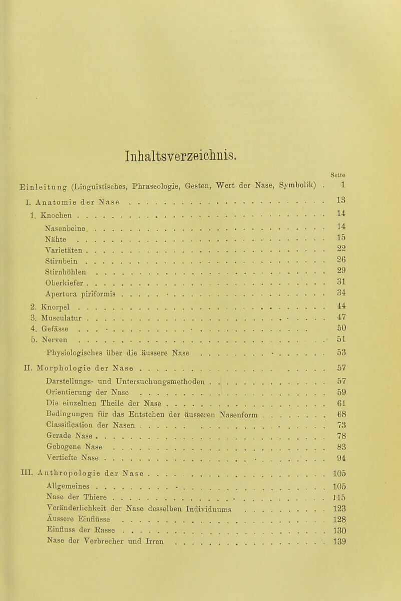 Inhaltsverzeichnis. Seite Einleitung (Linguistisches, Phraseologie, Gesten, Wert der Nase, Symbolik) . 1 I. Anatomie der Nase 13 1. Knochen 14 Nasenbeine. 14 Nähte 15 Varietäten 22 Stirnbein 26 Stirnhöhlen 29 Oberkiefer '. 31 Apertura piriformis ■ 34 2. Knorpel 44 3. Musculatur • . . . . 47 4. Gefässe . . . • • 50 5. Nerven 51 Physiologisches über die äussere Nase • 53 II. Morphologie der Nase 57 Darstellungs- und Untersuchungsmethoden 57 Orientierung der Nase 59 Die einzelnen Theile der Nase 61 Bedingungen für das Entstehen der äusseren Nasenform 68 Classification der Nasen 73 Gerade Nase 78 Gebogene Nase 83 Vertiefte Nase ' . . . 94 III. Anthropologie der Nase 105 Allgemeines • 105 Nase der Thiere J15 Veränderlichkeit der Nase desselben Individuums 123 Äussere Einflüsse 128 Einfluss der Kasse 130 Nase der Verbrecher und Irren 139
