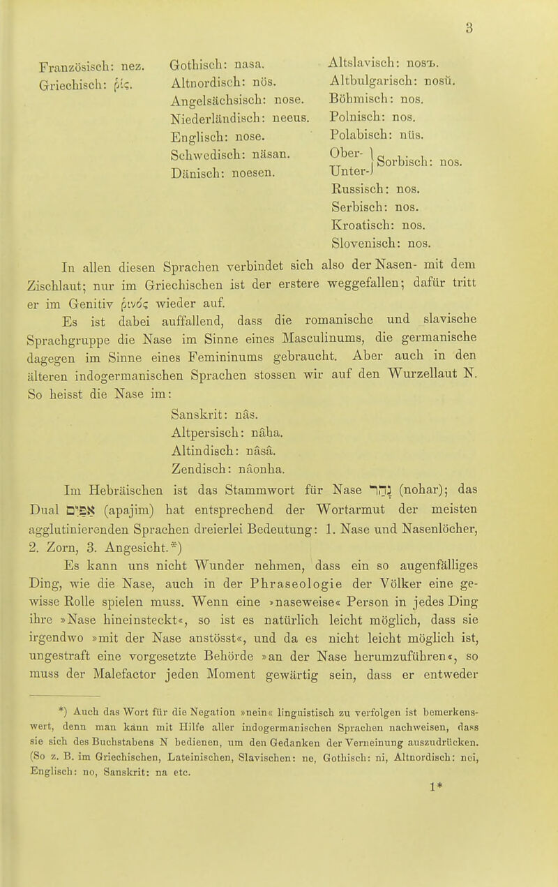 Französisch: nez. Gothisch: nasa. Altslavisch: nost. Griechisch: {Az. Altnordisch: nös. Altbulgarisch: nosü. Angelsächsisch: nose. Böhmisch: nos. Niederländisch: neeus. Polnisch: nos. Englisch: nose. Polabisch: nüs. Schwedisch: näsan. Ober- \Q ,. . TT Sorbisch: nos. Dänisch: noesen. Unter-J Russisch: nos. Serbisch: nos. Kroatisch: nos. Slovenisch: nos. In allen diesen Sprachen verbindet sich also der Nasen- mit dem Zischlaut; nur im Griechischen ist der erstere weggefallen; dafür tritt er im Genitiv [jivoq wieder auf. Es ist dabei auffallend, dass die romanische und slavische Sprachgruppe die Nase im Sinne eines Masculinums, die germanische dagegen im Sinne eines Femininums gebraucht. Aber auch in den alteren indogermanischen Sprachen stossen wir auf den Wurzellaut N. So heisst die Nase im: Sanskrit: näs. Altpersisch: näha. Altindisch: näsä. Zendisch: näonha. Im Hebräischen ist das Stammwort für Nase (nohar); das Dual D^SK (apajim) hat entsprechend der Wortarmut der meisten agglutinierenden Sprachen dreierlei Bedeutung: 1. Nase und Nasenlöcher, 2. Zorn, 3. Angesicht.*) Es kann uns nicht Wunder nehmen, dass ein so augenfälliges Ding, wie die Nase, auch in der Phraseologie der Völker eine ge- wisse Rolle spielen muss. Wenn eine »naseweise« Person in jedes Ding ihre »Nase hineinsteckt«, so ist es natürlich leicht möglich, dass sie irgendwo »mit der Nase anstösst«, und da es nicht leicht möglich ist, ungestraft eine vorgesetzte Behörde »an der Nase herumzuführen«, so muss der Malefactor jeden Moment gewärtig sein, dass er entweder *) Auch das Wort für die Negation »nein« linguistisch zu verfolgen ist bemerkens- wert, denn man känn mit Hilfe aller indogermanischen Sprachen nachweisen, dass sie sich des Buchstabens N bedienen, um den Gedanken der Verneinung auszudrücken. (So z. B. im Griechischen, Lateinischen, Slavischen: ne, Gothisch: ni, Altnordisch: nci, Englisch: no, Sanskrit: na etc. 1*