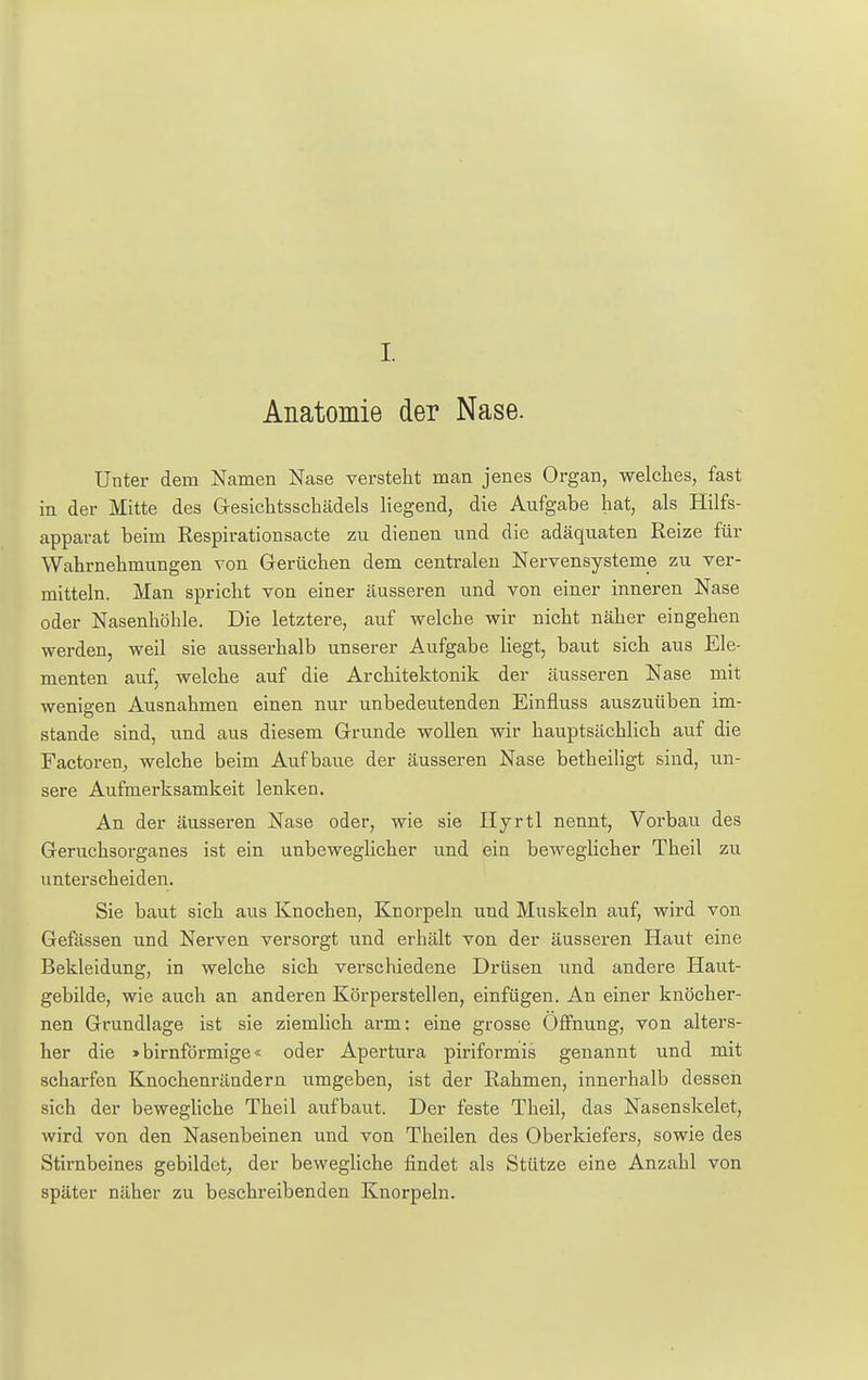 Anatomie der Nase. Unter dem Namen Nase versteht man jenes Organ, welches, fast in der Mitte des Gesichtsschädels liegend, die Aufgabe hat, als Hilfs- apparat beim Respirationsacte zu dienen und die adäquaten Reize für Wahrnehmungen von Gerüchen dem centralen Nervensysteme zu ver- mitteln. Man spricht von einer äusseren und von einer inneren Nase oder Nasenhöhle. Die letztere, auf welche wir nicht näher eingehen werden, weil sie ausserhalb unserer Aufgabe liegt, baut sich aus Ele- menten auf, welche auf die Architektonik der äusseren Nase mit wenigen Ausnahmen einen nur unbedeutenden Einfluss auszuüben im- stände sind, und aus diesem Grunde wollen wir hauptsächlich auf die Factoren, welche beim Aufbaue der äusseren Nase betheiligt sind, un- sere Aufmerksamkeit lenken. An der äusseren Nase oder, wie sie Hyrtl nennt, Vorbau des Geruchsorganes ist ein unbeweglicher und ein beweglicher Theil zu unterscheiden. Sie baut sich aus Knochen, Knorpeln und Muskeln auf, wird von Gefässen und Nerven versorgt und erhält von der äusseren Haut eine Bekleidung, in welche sich verschiedene Drüsen und andere Haut- gebilde, wie auch an anderen Körperstellen, einfügen. An einer knöcher- nen Grundlage ist sie ziemlich arm: eine grosse Öffnung, von alters- her die > birnförmige« oder Apertura piriformis genannt und mit scharfen Knochenrändern umgeben, ist der Rahmen, innerhalb dessen sich der bewegliche Theil aufbaut. Der feste Theil, das Nasenskelet, wird von den Nasenbeinen und von Theilen des Oberkiefers, sowie des Stirnbeines gebildet, der bewegliche findet als Stütze eine Anzahl von später näher zu beschreibenden Knorpeln.