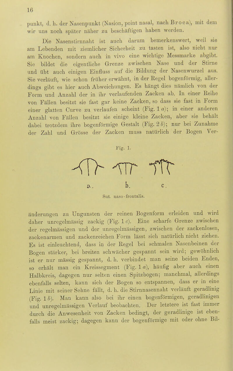 punkt, d. h. der Nasenpunkt (Nasion, point nasal, nachBroca), mit dem wir uns noch später näher zu beschäftigen haben werden. Die Nasenstirnnaht ist auch darum bemerkenswert, weil sie am Lebenden mit ziemlicher Sicherheit zu tasten ist, also nicht nur am Knochen, sondern auch in vivo eine wichtige Messmarke abgibt. Sie bildet die eigentliche Grenze zwischen Nase und der Stirne und übt auch einigen Einfluss auf die Bildung der Nasenwurzel aus. Sie verläuft, wie schon früher erwähnt, in der Regel bogenförmig, aller- dings gibt es hier auch Abweichungen. Es hängt dies nämlich von der Form und Anzahl der in ihr verlaufenden Zacken ab. In einer Reihe von Fällen besitzt sie fast gar keine Zacken, so dass sie fast in Form einer glatten Curve zu verlaufen scheint (Fig. lo); in einer anderen Anzahl von Fällen besitzt sie einige kleine Zacken, aber sie behält dabei trotzdem ihre bogenförmige Gestalt (Fig. 2 3); nur bei Zunahme der Zahl und Grösse der Zacken muss natürlich der Bogen Ver- Fig. 1. ur irr b. c. Sut. naso-frontalis. änderungen zu Ungunsten der reinen Bogenform erleiden und wird daher unregelmässig zackig (Fig. 1 c). Eine scharfe Grenze zwischen der regelmässigen und der unregelmässigen, zwischen der zackenlosen, zackenarmen und zackenreichen Form lässt sich natürlich nicht ziehen. Es ist einleuchtend, dass in der Regel bei schmalen Nasenbeinen der Bogen stärker, bei breiten schwächer gespannt sein wird; gewöhnlich ist er nur mässig gespannt, d. h. verbindet man seine beiden Enden, so erhält man ein Kreissegment (Fig. 1 a), häufig aber auch einen Halbkreis, dagegen nur selten einen Spitzbogen; manchmal, allerdings ebenfalls selten, kann sich der Bogen so entspannen, dass er in eine Linie mit seiner Sehne fällt, d. h. die Stirnnasennaht verläuft geradlinig (Fig. 1 h). Man kann also bei ihr einen bogenförmigen, geradlinigen und unregelmässigen Verlauf beobachten. Der letztere ist fast immer durch die Anwesenheit von Zacken bedingt, der geradlinige ist eben- falls meist zackig; dagegen kann der bogenförmige mit oder ohne Bil-