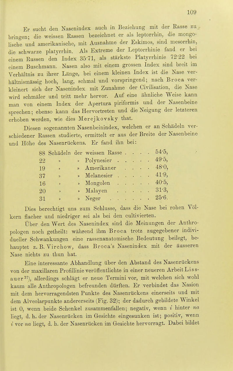 Er sucht den Nasenindex auch in Beziehung mit der Rasse zu- bringen; die weissen Rassen bezeichnet er als leptorrhin, die mongo- lische und amerikanische, mit Ausnahme der Eskimos, sind mesorrhin, die schwarze platyrrhin. Als Extreme der Leptorrhinie fand er bei einem Russen den Index 35 71, als stärkste Platyrrhinie 7222 bei einem Buschmann. Nasen also mit einem grossen Index sind breit im Verhältnis zu ihrer Länge, bei einem kleinen Index ist die Nase ver- hältnismässig hoch, lang, schmal und vorspringend; nach Broca ver- kleinert sich der Nasenindex mit Zunahme der Civilisation, die Nase wird schmäler und tritt mehr hervor. Auf eine ähnliche Weise kann man von einem Index der Apertura piriformis und der Nasenbeine sprechen; ebenso kann das Hervortreten und die Neigung der letzteren erhoben werden, wie dies Merejkovsky that. Diesen sogenannten Nasenbeinindex, welchen er an Schädeln ver- schiedener Rassen studierte, ermittelt er aus der Breite der Nasenbeine und Höhe des Nasenrückens. Er fand ihn bei: 88 Schädeln der weissen Rasse .... 54*5, 22 » » Polynesier 49-5, 19 * » Amerikaner .... 480, 37 » » Melanesier 41'9, 16 » » Mongolen 40*5, 20 » » Malayen 31*3, 31 » » Neger 25'6. Dies berechtigt uns zum Schlüsse, dass die Nase bei rohen Völ- kern flacher und niedriger sei als bei den cultivierten. Über den Wert des Nasenindex sind die Meinungen der Anthro- pologen noch getheilt: während ihm Broca trotz zugegebener indivi- dueller Schwankungen eine rassenanatomische Bedeutung beilegt, be- hauptet z. B. Virchow, dass Broca's Nasenindex mit der äusseren Nase nichts zu thun hat. Eine interessante Abhandlung über den Abstand des Nasenrückens von der maxillaren Profillinie veröffentlichte in einer neueren Arbeit Liss- auer37), allerdings schlägt er neue Termini vor, mit welchen sich wohl kaum alle Anthropologen befreunden dürften. Er verbindet das Nasion mit dem hervorragendsten Punkte des Nasenrückens einerseits und mit dem Alveolarpunkte andererseits (Fig. 32); der dadurch gebildete Winkel ist 0, wenn beide Schenkel zusammenfallen; negativ, wenn i hinter na liegt, d. h. der Nasenrücken im Gesichte eingesunken ist; positiv, wenn i vor na liegt, d. h. der Nasenrücken im Gesichte hervorragt. Dabei bildet