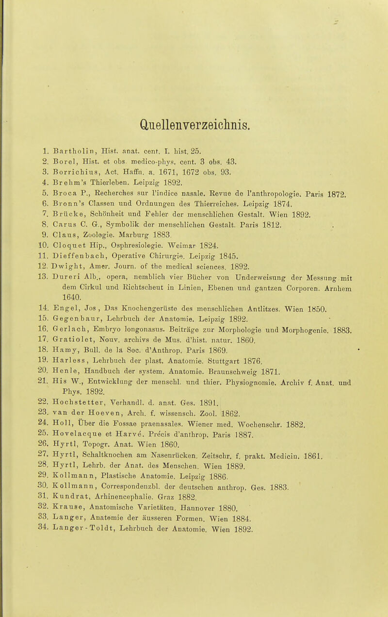 Quellenverzeichnis. 1. Bartholin, Hist. anat. cent. I. bist. 25. 2. Borel, Hist. et obs. medico-phys. cent. 3 obs. 43. 3. Borrichius, Act. Haffn. a. 1671, 1672 obs. 93. 4. Brehm's Thierleben. Leipzig 1892. 5. Broca P., Recherches sur l'indice nasale. Revue de l'anthropologie. Paris 1872. 6. Bronn's Classen und Ordnungen des Thierreiches. Leipzig 1874. 7. Brücke, Schönheit und Fehler der menschlichen Gestalt. Wien 1892. 8. Carus C. G., Symbolik der menschlichen Gestalt. Paris 1812. 9. Claus, Zoologie. Marburg 1883 10. Cloquet Hip., Osphresiologie. Weimar 1824. 11. Dieffenbach, Operative Chirurgie. Leipzig 1845. 12. Dwight, Amer. Journ. of the medical scienees. 1892. 13. Dureri Alb., opera, nemblich vier Bücher von Underweisung der Messung mit dem Cirkul und Richtscheut in Linien, Ebenen und gantzen Corporen. Arnhem 1640. 14. Engel, Jos, Das Knochengerüste des menschlichen Antlitzes. Wien 1850. 15. G egenbaur, Lehrbuch der Anatomie. Leipzig 1892. 16. Gerlach, Embryo longonasus. Beiträge zur Morphologie und Morphogenie. 1883. 17. Gratiolet, Nouv. archivs de Mus. d'hist. natur. 1860. 18. Hamy, Bull, de lä Soc. d'Anthrop. Paris 1869. 19. Harless, Lehrbuch der plast. Anatomie. Stuttgart 1876. 20. Henle, Handbuch der System. Anatomie. Braunschweig 1871. 21. His W., Entwicklung der menschl. und thier. Physiognomie. Archiv f. Anat. und Phys. 1892. 22. Hochstetter, Verhandl. d. anat. Ges. 1891. 23. van der Hoeven, Arch. f. wissensch. Zool. 1862. 24. Holl, Über die Fossae praenasales. Wiener med. Wochenschr. 1882. 25. Hovelacque et Harve. Precis d'anthrop. Paris 1887. 26. Hyrtl, Topogr. Anat. Wien 1860. 27. Hyrtl, Schaltknochen am Nasenrücken. Zeitschr. f. prakt. Medicin. 1861. 28. Hyrtl, Lehrb. der Anat. des Menschen. Wien 1889. 29. Kollmann, Plastische Anatomie. Leipzig 1886. 30. Kollmann, Correspondenzbl. der deutschen anthrop. Ges. 1883. 31. Kund rat, Arhinencephalie. Graz 1882. 32. Krause, Anatomische Varietäten. Hannover 1880. 33. Langer, Anatomie der äusseren Formen. Wien 1884. 34. Langer-Toldt, Lehrbuch der Anatomie. Wien 1892.