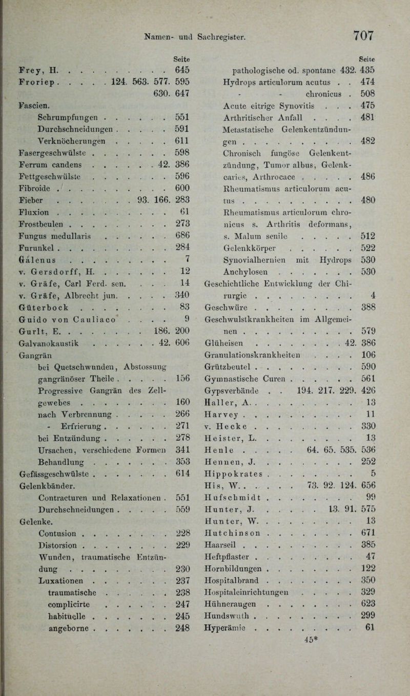 Seite Frey, H 645 Froriep 124. 563. 577. 595 630. 647 Fascien. Schrumpfungen 551 Durchschneidungen 591 Verknöcherungen 611 Fasergeschwülste 598 Ferrum candens 42. 386 Fettgeschwülste 596 Fibroide 600 Fieber 93. 166. 283 Fluxion . . 61 Frostbeulen 273 Fungus medullaris 686 Furunkel 284 Gälenus 7 v. Gersdorff, H 12 v. Gräfe, Carl Ferd. sen. ... 14 v. Gräfe, Albrecht jun 340 Güterbock 83 Guido von Ca uliaco . . . 9 Gurlt, E 186. 200 Galvanokaustik 42. 606 Gangrän bei Quetschwunden, Abstossung gangränöser Theile 156 Progressive Gangrän des Zell- gewebes 160 nach Verbrennung 266 - Erfrierung 271 bei Entzündung 278 Ursachen, verschiedene Formen 341 Behandlung 353 Gefässgesch wülste . 614 Gelenkbänder. Contracturen und Relaxationen . 551 Durchschneidungen 559 Gelenke. Contusion 228 Distorsion 229 Wunden, traumatische Entzün- dung . . 230 Luxationen 237 traumatische 238 complicirte 247 habituelle 245 angeborne 248 Seite pathologische od. spontane 432. 435 Hydrops articulorum acutus . . 474 chronicus . 508 Acute eitrige Synovitis . . . 475 Arthritischer Anfall .... 481 Metastatische Gelenkentzündun- gen 482 Chronisch fungöse Gelenkent- zündung, Tumor albus, Gelcnk- earies, Avthrocace ..... 486 Rheumatismus articulorum acu- tus ... 480 Rheumatismus articulorum chro- nicus s. Arthritis deformans, s. Malum senile 512 Gelenkkörper 522 Synovialhernien mit Hydrops 530 Anchylosen 530 Geschichtliehe Entwicklung der Chi- rurgie 4 Geschwüre 388 Geschwulstkrankheiten im Allgemei- nen 579 Glüheisen 42. 386 Granulationskrankheiten .... 106 Grützbeutel 590 Gymnastische Curen 561 Gypsverbände . . 194. 217. 229. 426 Hall er, A 13 Har vey 11 v. Hecke 330 Heister, L 13 He nie 64. 65. 535. 536 Hennen, J 252 Hippokrates 5 His, W 73. 92. 124. 656 Hufschmidt 99 Hunter, J 13. 91. 575 Hunter, W 13 Hutchinson 671 Haarseil 385 Heftpflaster 47 Hornbildungen 122 Hospitalbrand 350 Hospitaleinrichtungen 329 Hühneraugen 623 Hundswuth 299 Hyperämie 61 45*