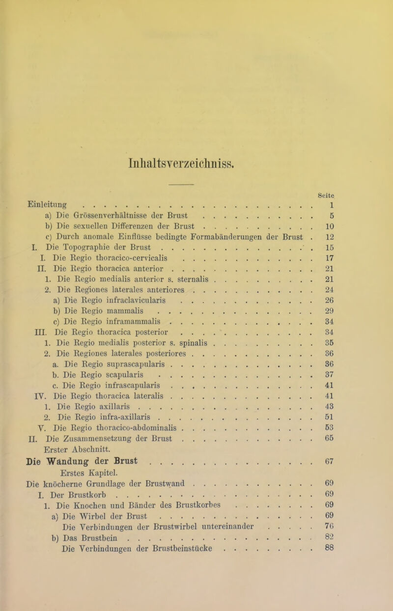 Inhalts verzeichniss. Seite Einleitung 1 a) Die Grössenverhältnisse der Brust 5 b) Die sexuellen Differenzen der Brust 10 e) Durch anomale Einflüsse bedingte Formabänderungen der Brust . 12 I. Die Topographie der Brust 15 I. Die Regio thoracico-cervicalis 17 II. Die Regio thoracica anterior 21 1. Die Regio medialis anterior s. sternalis 21 2. Die Reg'iones laterales anteriores 24 a) Die Regio infraclavicularis 26 b) Die Regio mammalis 29 c) Die Regio inframammalis 34 III. Die Regio thoracica posterior 34 1. Die Regio medialis posterior s. spinalis 35 2. Die Region es laterales posteriores 36 a. Die Regio suprascapularis 36 b. Die Regio scapularis 37 c. Die Regio infrascapularis 41 IY. Die Regio thoracica lateralis 41 1. Die Regio axillaris 43 2. Die Regio infra-axillaris 51 Y. Die Regio tlioracico-abdominalis 53 II. Die Zusammensetzung der Brust 65 Erster Abschnitt. Die Wändung der Brust 67 Erstes Kapitel. Die knöcherne Grundlage der Brustwand 69 I. Der Brustkorb 69 1. Die Knochen und Bänder des Brustkorbes 69 a) Die Wirbel der Brust 69 Die Verbindungen der Brustwirbel untereinander 76 b) Das Brustbein 82 Die Verbindungen der Brustbeinstücke 88