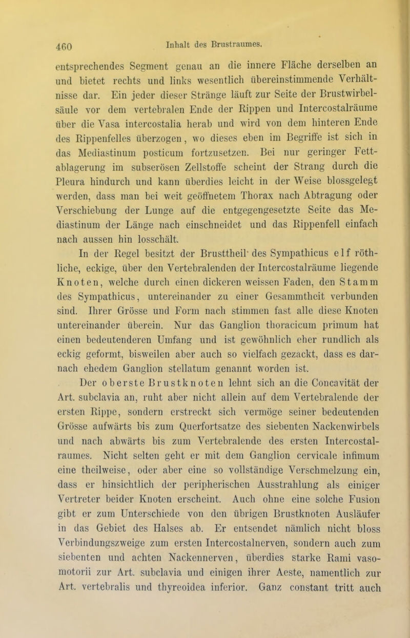 4G0 entsprechendes Segment genau an die innere Fläche derselben an und bietet rechts und links wesentlich übereinstimmende Verhält- nisse dar. Ein jeder dieser Stränge läuft zur Seite der Brustwirbel- säule vor dem vertebralen Ende der Rippen und Intercostalräume über die Vasa intercostalia herab und wird von dem hinteren Ende des Rippenfelles überzogen, wo dieses eben im Begriffe ist sich in das Mediastinum posticum fortzusetzen. Bei nur geringer Fett- ablagerung im subserösen Zellstoffe scheint der Strang durch die Pleura hindurch und kann überdies leicht in der Weise blossgelegt werden, dass man bei weit geöffnetem Thorax nach Abtragung oder Verschiebung der Lunge auf die entgegengesetzte Seite das Me- diastinum der Länge nach einschneidet und das Rippenfell einfach nach aussen hin losschält. In der Regel besitzt der Brusttheik des Sympathicus e 1 f röth- liche, eckige, über den Vertebralenden der Intercostalräume liegende Knoten, welche durch einen dickeren weissen Faden, den Stamm des Sympathicus, untereinander zu einer Gesammtheit verbunden sind. Ihrer Grösse und Form nach stimmen fast alle diese Knoten untereinander überein. Nur das Ganglion thoracicuin primum hat einen bedeutenderen Umfang und ist gewöhnlich eher rundlich als eckig geformt, bisweilen aber auch so vielfach gezackt, dass es dar- nach ehedem Ganglion stellatum genannt worden ist. Der oberste Brust knoten lehnt sich an die Concavität der Art. subclavia an, ruht aber nicht allein auf dem Vertebralende der ersten Rippe, sondern erstreckt sich vermöge seiner bedeutenden Grösse aufwärts bis zum Querfortsatze des siebenten Nackenwirbels und nach abwärts bis zum Vertebralende des ersten Intercostal- raumes. Nicht selten geht er mit dein Ganglion cervicale infimuin eine theilweise, oder aber eine so vollständige Verschmelzung ein, dass er hinsichtlich der peripherischen Ausstrahlung als einiger Vertreter beider Knoten erscheint. Auch ohne eine solche Fusion gibt er zum Unterschiede von den übrigen Brustknoten Ausläufer in das Gebiet des Halses ab. Er entsendet nämlich nicht bloss Verbindungszweige zum ersten Intercostalnerven, sondern auch zum siebenten und achten Nackennerven, überdies starke Rami vaso- motorii zur Art. subclavia und einigen ihrer Aest.e, namentlich zur Art. vertebralis und thyreoidea inferior. Ganz constant tritt auch