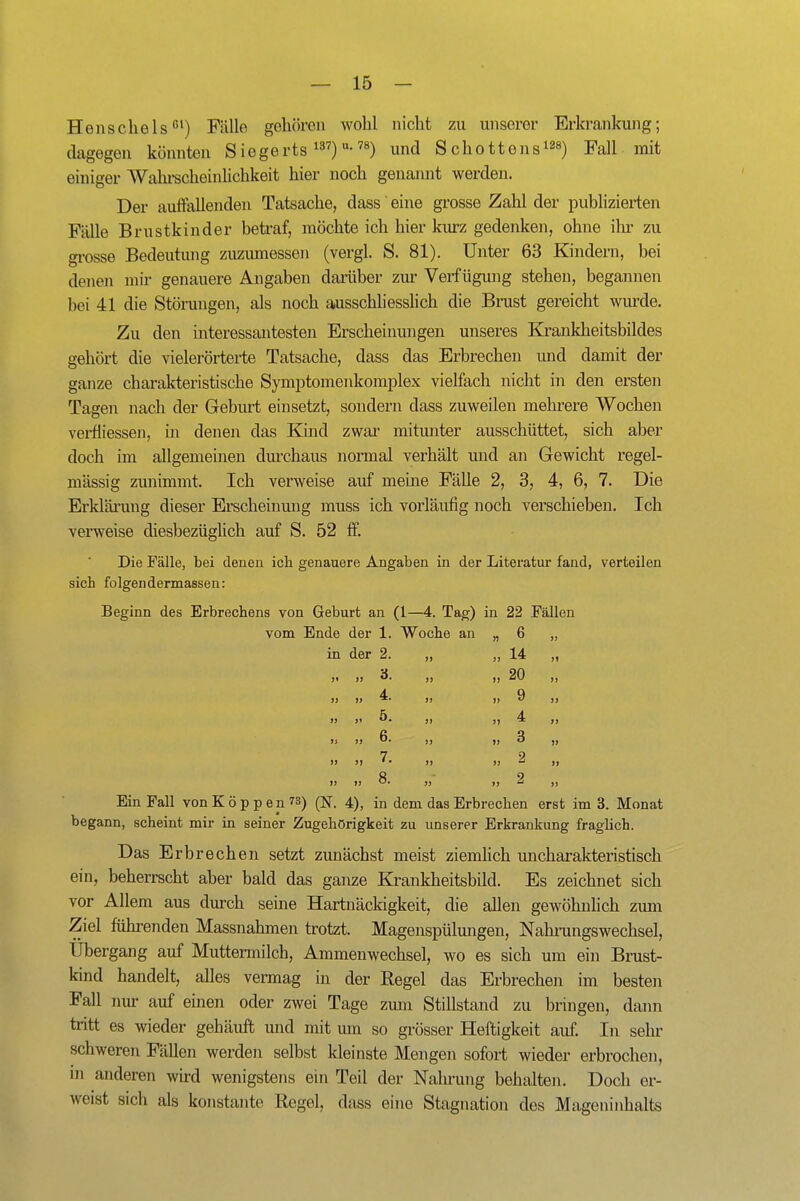 Henschels''^) Fälle gehören wohl nicht zn unserer Erkrankung; dagegen könnten S iege rts ^s?) u. 78) ^„^^ Schottens ^28) Fall mit einiger Wahrscheinlichkeit hier noch genannt werden. Der auftauenden Tatsache, dass eine grosse Zahl der publizierten Fälle Brustkinder betraf, möchte ich hier kiurz gedenken, ohne ilu' zu gi-osse Bedeutung zuzumessen (vergl. S. 81). Unter 63 Kindern, bei denen mir genauere Angaben darüber zur Verfügung stehen, begannen bei 41 die Störungen, als noch ausschliessHch die Brust gereicht wurde. Zu den interessantesten Erscheinungen unseres Krankheitsbildes gehört die vielerörterte Tatsache, dass das Erbrechen und damit der ganze charakteristische Symptomenkomplex vielfach nicht in den ersten Tagen nach der Geburt einsetzt, sondern dass zuweilen mehrere Wochen verfiiessen, in denen das Kind zwar mitunter ausschüttet, sich aber doch im allgemeinen durchaus normal verhält und an Gewicht regel- mässig zunimmt. Ich verweise auf meine Fälle 2, 3, 4, 6, 7. Die Erklärung dieser Erscheinung muss ich vorläufig noch verschieben. Ich verweise diesbezügüch auf S. 52 ff. Die Fälle, bei denen ich genauere Angaben in der Literatm* fand, verteilen sich folgendermassen: Beginn des Erbrechens von Geburt an (1—4. Tag) in 22 Fällen vom Ende der 1. Woche an „ 6 „ in der 2. „ „ 14 „ )• » )j I) 20 ,, >j j' ^* )> j) 4 ,, jj >j ^* )) I) 3 )j 7 9 Ein Fall vonKöppen^s) (N. 4), in dem das Erbrechen erst im 3. Monat begann, scheint mir in seiner Zugehörigkeit zu unserer Erkrankung fragUch. Das Erbrechen setzt zunächst meist ziemhch uncharakteristisch ein, beherrscht aber bald das ganze Krankheitsbild. Es zeichnet sich vor Allem aus dm-ch seine Hartnäckigkeit, die allen gewöhnhch zum Ziel führenden Massnahmen trotzt. Magenspülungen, Nahrungswechsel, Ubergang auf Muttermilch, Ammenwechsel, wo es sich um ein Brust- kind handelt, alles vermag in der Regel das Erbrechen im besten Fall nur auf einen oder zwei Tage zmn Stillstand zu bringen, dann tritt es wieder gehäuft und mit um so grösser Heftigkeit auf. In sehr schweren Fällen werden selbst kleinste Mengen sofort wieder erbrochen, m anderen wird wenigstens ein Teil der Nalu-ung behalten. Doch er- weist sich als konstante Regel, dass eine Stagnation des Mageninhalts