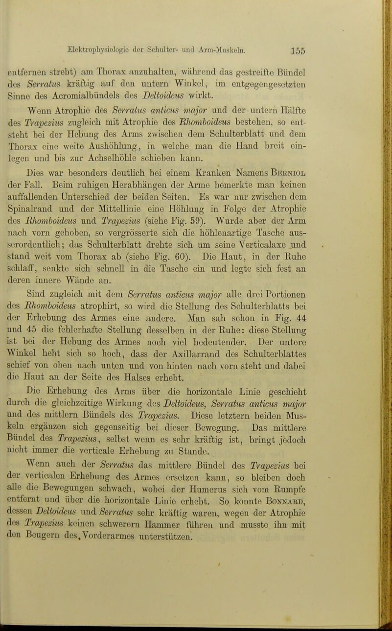 entfernen strebt) am Thorax anzuhalten, während das gestreifte Bündel des Serratiis kräftig auf den untern Winkel, im entgegengesetzten Sinne des Acromialbündels des Deltoideus wirkt. Wenn Atrophie des Serratus anticus major und der untern Hälfte des Trapemis zugleich mit Atrophie des Bhoniboideus bestehen, so ent- steht bei der Hebung des Arms zwischen dem Schulterblatt und dem Thorax eine weite Aushöhlung, in welche man die Hand breit ein- legen und bis zur Achselhöhle schieben kann. Dies war besonders deutlich bei einem Kranken Namens Beeniol der Fall. Beim ruhigen Herabhängen der Arme bemerkte man keinen auffallenden Unterschied der beiden Seiten. Es war nur zwischen dem Spinalrand luid der Mittellinie eine Höhlung in Folge der Atrophie des Bhoniboideus und Trapezius (siehe Fig. 59). Wurde aber der Arm nach vorn gehoben, so vergrösserte sich die höhlenartige Tasche aus- serordentlich; das Schulterblatt drehte sich um seine Verticalaxe und stand weit vom Thorax ab (siehe Fig. 60). Die Haut, in der Ruhe schlaff, senkte sich schnell in die Tasche ein und legte sich fest an deren innere Wände an. Sind zugleich mit dem Serratus anticus major alle drei Portionen des Bhomhoideus atrophirt, so wird die Stellung des Schulterblatts bei der Erhebung des Armes eine andere. Man sah schon in Fig. 44 und 45 die fehlerhafte Stellung desselben in der Ruhe: diese Stellung ist bei der Hebung des Armes noch viel bedeutender. Der untere Winkel hebt sich so hoch, dass der Axillarrand des Schulterblattes schief von oben nach unten und von hinten nach vorn steht und dabei die Haut an der Seite des Halses erhebt. Die Erhebung des Arms über die horizontale Linie geschieht dui-ch die gleichzeitige Wirkung des Deltoideus, Serratus anticus major und des mittlem Bündels des Trapezius. Diese letztern beiden Mus- keln ergänzen sich gegenseitig bei dieser Bewegung. Das mittlere Bündel des Trapesius, selbst wenn es sehr kräftig ist, bringt jfedoch nicht immer die verticale Erhebung zu Stande. Wenn auch der Serratus das mittlere Bündel des Trapezius bei der verticalen Erhebung des Armes ersetzen kann, so bleiben doch alle die Bewegungen schwach, wobei der Humerus sich vom Rumpfe entfernt und über die horizontale Linie erhebt. So konnte Bonnard, dessen Deltoideus und Serratus sehr kräftig waren, wegen der Atrophie des Trapezius keinen schwerern Hammer führen und musste ihn mit den Beugern des,Vorderarmes unterstützen.