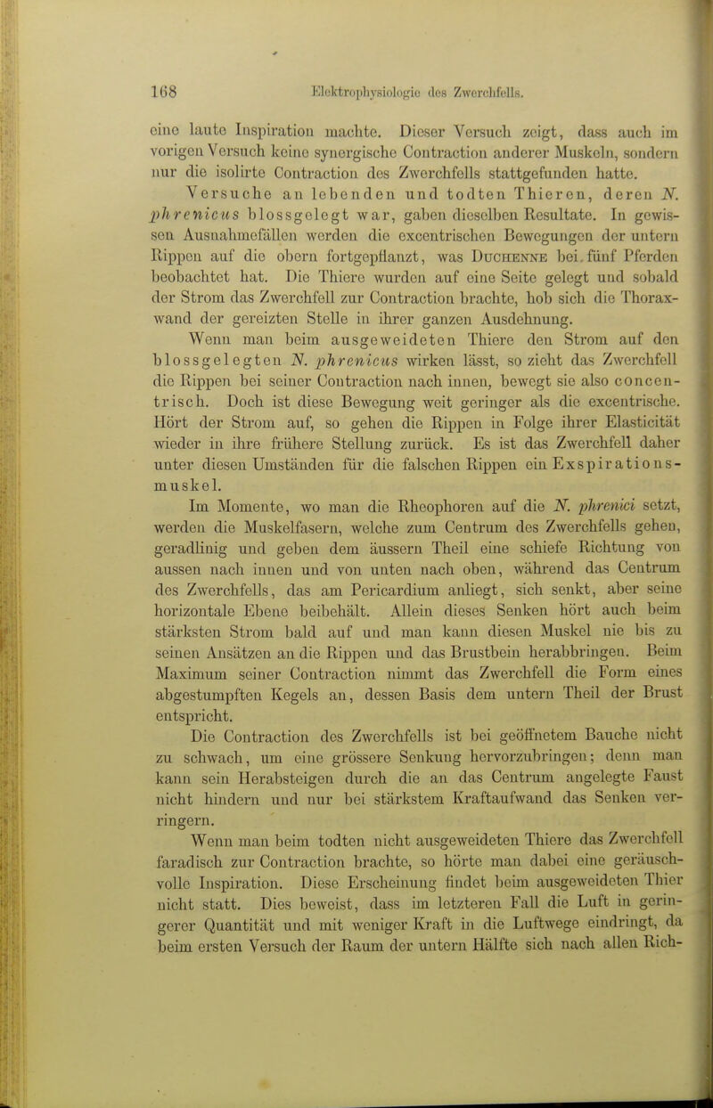 eine laute Inspiration machte. Dieser Versuch zeigt, class auch im vorigen Versuch Iceine synergische Contraction anderer Muskehi, sondern nur die isolu'te Contraction des Zwerchfells stattgefunden hatte. Versuche an lebenden und todten Thieren, deren N. 2')}irenicus blossgelegt war, gaben dieselben Resultate. In gewis- sen Ausnahmefällen werden die excentrischen Bewegungen der untern Hippen auf die obern fortgepflanzt, was Duchenne bei.fünf Pferden beobachtet hat. Die Thiere wurden auf eine Seite gelegt und sobald der Strom das Zwerchfell zur Contraction brachte, hob sich die Thorax- wand der gereizten Stelle in ihrer ganzen Ausdehnung. Wenn man beim ausgeweideten Thiere den Strom auf den blossgelegten N. phrenicus wirken lässt, so zieht das Zwerchfell die Rippen bei seiner Contraction nach innen, bewegt sie also concen- trisch. Doch ist diese Bewegung weit geringer als die excentrische. Hört der Strom auf, so gehen die Rippen in Folge ihrer Elasticität wieder in ihre frühere Stellung zurück. Es ist das Zwerchfell daher unter diesen Umständen für die falschen Rippen einExspirations- muskel. Im Momente, wo man die Rheophoren auf die N. plirenki setzt, werden die Muskelfasern, welche zum Centrum des Zwerchfells gehen, geradlinig und geben dem äussern Theil eine schiefe Richtung von aussen nach innen und von unten nach oben, während das Centrum des Zwerchfells, das am Pericardium anliegt, sich senkt, aber seine horizontale Ebene beibehält. Allein dieses Senken hört auch beim stärksten Strom bald auf und man kann diesen Muskel nie bis zu seinen Ansätzen an die Rippen und das Brustbein herabbringen. Beim Maximum seiner Contraction nimmt das Zwerchfell die Form eines abgestumpften Kegels an, dessen Basis dem untern Theil der Brust entspricht. Die Contraction des Zwerchfells ist bei geöffnetem Bauche nicht zu schwach, um eine grössere Senkung hervorzubringen; denn man kann sein Herabsteigen durch die an das Centrum angelegte Faust nicht hindern und nur bei stärkstem Kraftaufwand das Senken ver- ringern. Wenn man beim todten nicht ausgeweideten Thiere das Zwerchfell faradisch zur Contraction brachte, so hörte man dabei eine geräusch- volle Inspiration. Diese Erscheinung findet beim ausgeweideten Thier nicht statt. Dies beweist, dass im letzteren Fall die Luft in gerin- gerer Quantität und mit weniger Kraft in die Luftwege eindringt, da beim ersten Versuch der Raum der untern Hälfte sich nach allen Rieh-