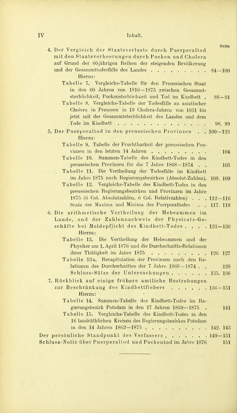 IV Inhalt. 4. Der Vergleich der Staatsverluste durch Puerperaltod mit den Staatsverheerungen durch Pocken und Cholera auf Grund der 60jährigen Reihen der steigenden Bevölkerung und der Gesammttodesfälle des Landes 84—100 Hierzu: Tabelle 7. Vergleichs-Tabelle für den Preussischen Staat in den 60 Jahren von 1816 — 1875 zwischen Gesammt- sterblichkeit, Pockensterblichkeit und Tod im Kindbett . 88 — 91 Tabelle 8. Vergleichs-Tabelle der Todesfälle an asiatischer Cholera in Preussen in 19 Cholera-Jahren von 1831 bis jetzt mit der Gesammtsterblichkeit des Landes und dem Tode im Kindbett 98. 99 5. Der Puerperaltod in den preussischen Provinzen . . 100—123 Hierzu: Tabelle 9. Tabelle der Fruchtbarkeit der preussischen Pro- vinzen in den letzten 14 Jahren 104 Tabelle 10. Summen-Tabelle des Kindbett-Todes in den preussischen Provinzen für die 7 Jahre 1868—1874 . . 105 Tabelle 11. Die Vertheilung der Todesfälle im Kindbett im Jahre 1875 nach Regierungsbezirken (Absolut-Zahlen). 108. 109 Tabelle 12. Vergleichs-Tabelle des Kindbett-Todes in den preussischen Regierungsbezirken und Provinzen im Jahre 1875 (6 Col. Absolutzahlen, 6 Col. Relativzahlen) . . . 112—116 Scala der Maxima und Minima des Puerperaltodes , . 117, 118 6. Die arithmetische Vertheilung der Hebeammen im Lande, und der Zahlennachweis der Physicats-Ge- schäfte bei Meldepflicht des Kindbett-Todes .... 123—136 Hierzu: Tabelle 13. Die Vertheilung der Hebeammen und der Physiker am 1. April 1876 und die Durchschnitts-Relalionen ihrer Thätigkeit im Jahre 1875 126. 127 Tabelle 13a. Recapitulation der Provinzen nach den Re- lationen des Durchschnittes der 7 Jahre 1868 — 1874 . . 128 Schluss-Sätze der Untersuchungen 135. 136 7. Rückblick auf einige frühere amtliche Bestrebungen zur Beschränkung des Kindbettfiebers 136 — 151 Hierzu: Tabelle 14. S ummen-Tabelle des Kindbett-Todos im Re- gierungsbezirk Potsdam in den 17 Jahren 1859—1875 . 141 Tabelle 15. Vergleichs-Tabelle des Kindbett-Todes in den 16 landräthlichen Kreisen des Regierungsbezirkes Potsdam in den 14 Jahren 1862—1875 142. 143 Der persönliche Standpunkt des Verfassers 149—151