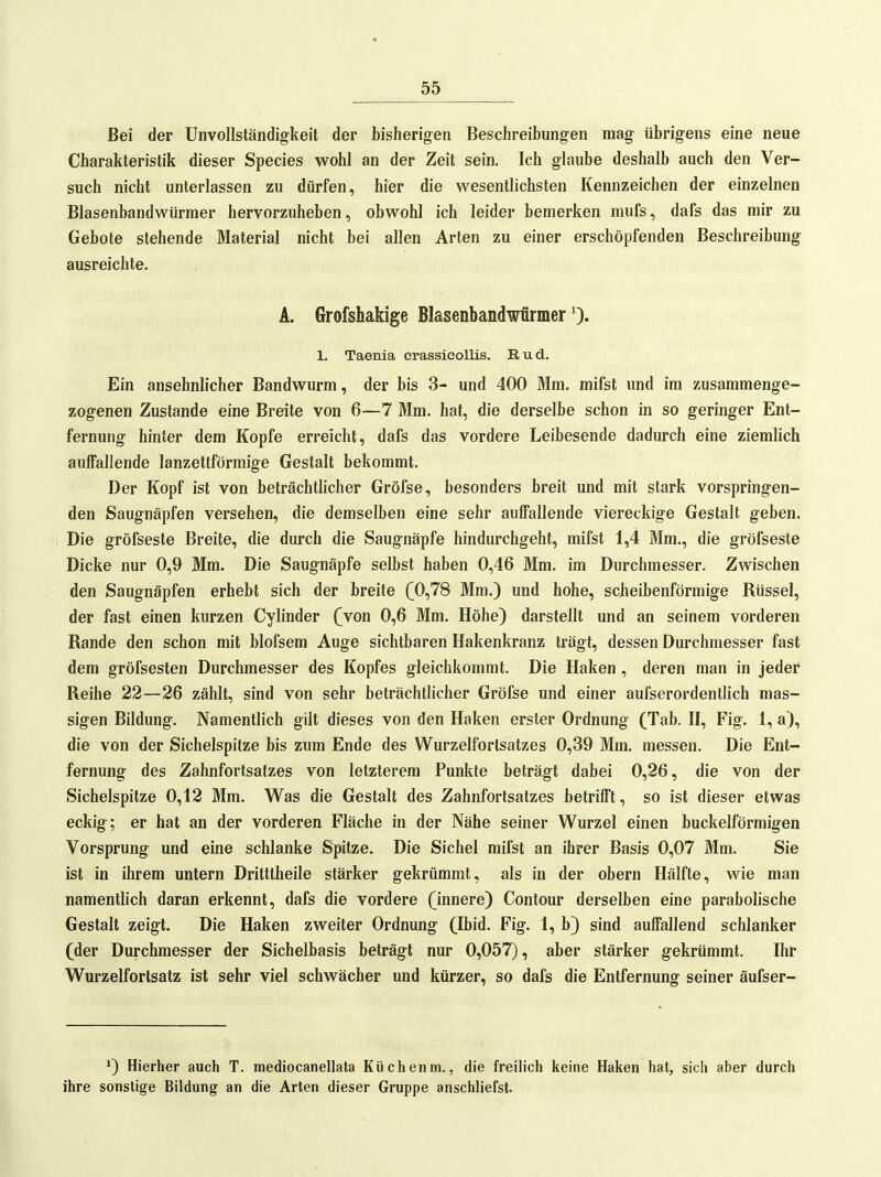 Bei der Unvollständigkeit der bisherigen Beschreibungen mag übrigens eine neue Charakteristik dieser Species wohl an der Zeit sein. Ich glaube deshalb auch den Ver- such nicht unterlassen zu dürfen, hier die wesentlichsten Kennzeichen der einzelnen Blasenbandwürmer hervorzuheben, obwohl ich leider bemerken mufs, dafs das mir zu Gebote stehende Material nicht bei allen Arten zu einer erschöpfenden Beschreibung ausreichte. Ä. Grofshakige Blasenbandwürmer 1. Taenia erassicollis. Rud. Ein ansehnlicher Bandwurm, der bis 3- und 400 Mm. mifst und im zusammenge- zogenen Zustande eine Breite von 6—7 Mm. hat, die derselbe schon in so geringer Ent- fernung hinter dem Kopfe erreicht, dafs das vordere Leibesende dadurch eine ziemlich auffallende lanzettförmige Gestalt bekommt. Der Kopf ist von beträchthcher Gröfse, besonders breit und mit stark vorspringen- den Saugnäpfen versehen, die demselben eine sehr auffallende viereckige Gestalt geben. Die gröfseste Breite, die durch die Saugnäpfe hindurchgeht, mifst 1,4 Mm., die gröfseste Dicke nur 0,9 Mm. Die Saugnäpfe selbst haben 0,46 Mm. im Durchmesser. Zwischen den Saugnäpfen erhebt sich der breite (0,78 Mm.) und hohe, scheibenförmige Rüssel, der fast einen kurzen Cylinder (yon 0,6 Mm. Höhe) darstellt und an seinem vorderen Rande den schon mit blofsem Auge sichtbaren Hakenkranz trägt, dessen Durchmesser fast dem gröfsesten Durchmesser des Kopfes gleichkommt. Die Haken , deren man in jeder Reihe 22—26 zählt, sind von sehr beträchtlicher Gröfse und einer aufserordentlich mas- sigen Bildung. Namentlich gilt dieses von den Haken erster Ordnung (Tab. H, Fig. 1, a), die von der Sichelspitze bis zum Ende des Wurzelforlsatzes 0,39 Mm. messen. Die Ent- fernung des Zahnfortsatzes von letzterem Punkte beträgt dabei 0,26, die von der Sichelspitze 0,12 Mm. Was die Gestalt des Zahnfortsatzes betrifft, so ist dieser etwas eckig; er hat an der vorderen Fläche in der Nähe seiner Wurzel einen buckeiförmigen Vorsprung und eine schlanke Spitze. Die Sichel mifst an ihrer Basis 0,07 Mm. Sie ist in ihrem untern Drittlheile stärker gekrümmt, als in der obern Hälfte, wie man namentlich daran erkennt, dafs die vordere (innere) Contour derselben eine parabolische Gestalt zeigt. Die Haken zweiter Ordnung (Ibid. Fig. 1, b) sind auffallend schlanker (der Durchmesser der Sichelbasis beträgt nur 0,057), aber stärker gekrümmt. Ihr Wurzelfortsatz ist sehr viel schwächer und kürzer, so dafs die Entfernung seiner äufser- *) Hierher auch T. mediocanellata Küchenm., die freilich keine Haken hat, sich aber durch ihre sonstige Bildung an die Arten dieser Gruppe anschliefst.