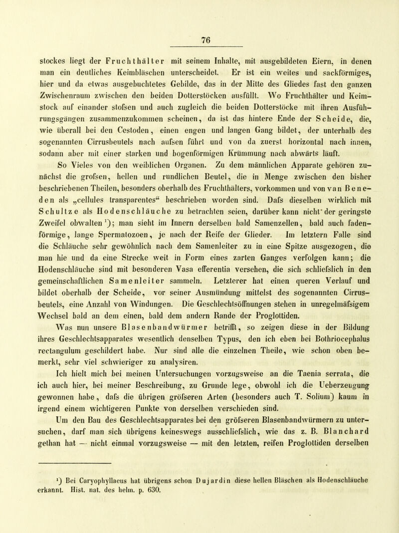 Stockes liegt der Fruchthälter mit seinem Inhalte, mit ausgebildeten Eiern, in denen man ein deutliches Keimhläschen unterscheidet. Er ist ein weites und sackförmiges, hier und da etwas ausgebuchtetes Gebilde, das in der Mitte des Gliedes fast den ganzen Zwischenraum zwischen den beiden Dotterstöcken ausfüllt. Wo Fruchthälter und Keim- stock auf einander stofsen und auch zugleich die beiden Dolterstöcke mit ihren Ausfüh- rungsgängen zusammenzukommen scheinen, da ist das hintere Ende der Scheide, die, wie überall bei den Cestoden, einen engen und langen Gang bildet, der unterhalb des sogenannten Cirrusbeutels nach aufsen führt und von da zuerst horizontal nach innen, sodann aber mit einer starken und bogenförmigen Krümmung nach abwärts läuft. So Vieles von den weiblichen Organen. Zu dem männlichen Apparate gehören zu- nächst die grofsen, hellen und rundlichen Beutel, die in Menge zwischen den bisher beschriebenen Theilen, besonders oberhalb des Fruchthälters, vorkommen und von van ß e n e- den als „cellules transparentes beschrieben worden sind. Dafs dieselben wirklich mit Schnitze als Hodenschläuche zu betrachten seien, darüber kann nicht'der geringste Zweifel obwalten ; man sieht im Innern derselben bald Samenzellen, bald auch faden- förmige , lange Spermatozoen, je nach der Reife der Glieder. Im letztern Falle sind die Schläuche sehr gewöhnlich nach dem Samenleiter zu in eine Spitze ausgezogen, die man hie und da eine Strecke weit in Form eines zarten Ganges verfolgen kann; die Hodenschläuche sind mit besonderen Vasa efferentia versehen, die sich schliefslich in den gemeinschaftlichen Samenleiter sammeln. Letzterer hat einen queren Verlauf und bildet oberhalb der Scheide, vor seiner Ausmündung mittelst des sogenannten Cirrus- beutels, eine Anzahl von Windungen. Die Geschlechtsöffnungen stehen in unregelmäfsigem Wechsel bald an dem einen, bald dem andern Rande der Proglottiden. Was nun unsere Blasenbandwürmer betrifft, so zeigen diese in der Bildung ihres Geschlechtsapparales wesentlich denselben Typus, den ich eben bei Bolhriocephalus rectangulum geschildert habe. Nur sind alle die einzelnen Theile, wie schon oben be- merkt, sehr viel schwieriger zu analysiren. Ich hielt mich bei meinen Untersuchungen vorzugsweise an die Taenia serrata, die ich auch hier, bei meiner Beschreibung, zu Grunde lege, obwohl ich die Ueberzeugung gewonnen habe, dafs die übrigen gröfseren Arten (besonders auch T. Solium} kaum in irgend einem wichtigeren Punkte von derselben verschieden sind. Um den Bau des Geschlechtsapparates bei den gröfseren Blasenbandwürmern zu unter- suchen, darf man sich übrigens keineswegs ausschliefslich, wie das z. B. Blanchard gethan hat — nicht einmal vorzugsweise — mit den letzten, reifen Proglottiden derselben Bei Caryophyllaeus hat übrigens schon Dujardin diese heilen Bläschen als Hodenschläuche erkannt. Hist. nat. des heim. p. 630.