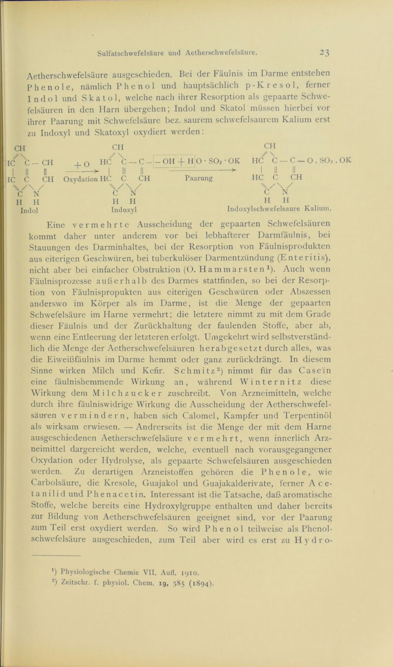 Aetherschwefelsäure ausgeschieden. Bei der Fäulnis im Darme entstehen Phenole, nämlich Phenol und hauptsächlich p-Kresol, ferner Indol und Skatol, welche nach ihrer Resorption als gepaarte Schwe- felsäuren in den Harn übergehen; Indol und Skatol müssen hierbei vor ihrer Paarung mit Schwefelsäure bez. saurem schwefelsaurem Kalium erst zu Indoxyl und Skatoxyl oxydiert werden: CH CH ✓ \ S \ : HC C — CH I II II 1 0 HC C —C- — ► 1 II II jPC C CH Oxydation HC C CH \/\ / \/\ / C N C N Ii H H H Indol Indoxyl CH S\ OH -f H:0 • SO2 • OK HC C — C — O . SO* > I II II Paarung HC C CH / C N H H Indoxylschwefelsaure Kalium. Eine vermehrte Ausscheidung der gepaarten Schwefelsäuren kommt daher unter anderem vor bei lebhafterer Darmfäulnis, bei Stauungen des Darminhaltes, bei der Resorption von Fäulnisprodukten aus eiterigen Geschwüren, bei tuberkulöser Darmentzündung (Enteritis), nicht aber bei einfacher Obstruktion (O. Hammarsten1). Auch wenn Fäulnisprozesse außerhalb des Darmes stattfinden, so bei der Resorp- tion von Fäulnispropukten aus eiterigen Geschwüren oder Abszessen anderswo im Körper als im Darme, ist die Menge der gepaarten Schwefelsäure im Harne vermehrt; die letztere nimmt zu mit dem Grade dieser Fäulnis und der Zurückhaltung der faulenden Stoffe, aber ab, wenn eine Entleerung der letzteren erfolgt. Umgekehrt wird selbstverständ- lich die Menge der Aetherschwefelsäuren herabgesetzt durch alles, was die Eiweißfäulnis im Darme hemmt oder ganz zurückdrängt. In diesem Sinne wirken Milch und Kefir. Schmitz2) nimmt für das Casein eine fäulnishemmende Wirkung an, während Winternitz diese Wirkung dem Milchzucker zuschreibt. Von Arzneimitteln, welche durch ihre fäulniswidrige Wirkung die Ausscheidung der Aetherschwefel- säuren vermindern, haben sich Calomel, Kampfer und Terpentinöl als wirksam erwiesen. — Andrerseits ist die Menge der mit dem Harne ausgeschiedenen Aetherschwefelsäure vermehrt, wenn innerlich Arz- neimittel dargereicht werden, welche, eventuell nach vorausgegangener Oxydation oder Hydrolyse, als gepaarte Schwefelsäuren ausgeschieden werden. Zu derartigen Arzneistoffen gehören die Phenole, wie Carbolsäure, die Kresole, Guajakol und Guajakalderivate, ferner Ace- t a n i 1 i d und Phenacetin. Interessant ist die Tatsache, daß aromatische Stoffe, welche bereits eine Hydroxylgruppe enthalten und daher bereits zur Bildung von Aetherschwefelsäuren geeignet sind, vor der Paarung zum Feil erst oxydiert werden. So wird Phenol teilweise als Phenol- schwcfelsäure ausgeschieden, zum Teil aber wird es erst zu Hydro- . OK *) Physiologische Chemie VII. Aufl. 1910. 2) Zeitschr. f. physiol. Chem. 19, 385 (1894).