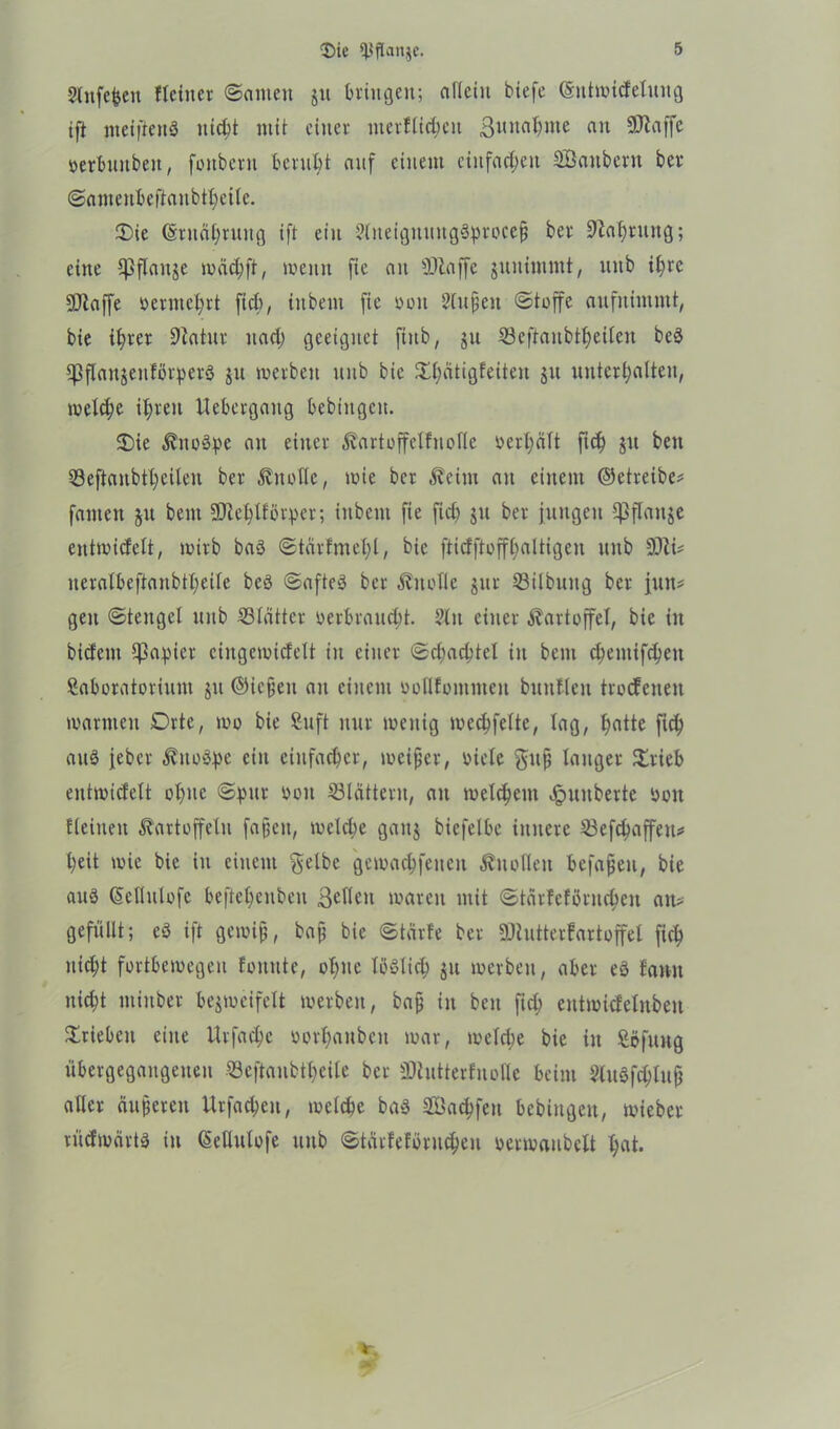 glttfefcen Heiner (Samen ju bringen; allein biefe (Sutroicfelung ift nteiffettS nicht mit einer merflichett ßunahnte an SOlaffe »erbuttbett, fonbent beruht anf einem einfachen Sauber« ber Samenbeftaiibthettc. Sie (Srufthruttg ift ein SliteignuugSproceß ber üftafjntng; eine Cpflanje mach ft, meint fie an SDlaffe juuimmt, uttb ihre SJiaffe vermehrt [ich, iitbent fie »ott Sinken (Stoffe aufuhnmt, bie ihrer Statur nach geeignet fiitb, ju SBeftaubtheileu beS ipflattjenforperS ju merben nnb bie ^hätigfeite« Su unterhalten, melche ihren liebergang bebiitgcn. 2)ie Knospe an einer Kartoffelfnolle oerhält ftch ju bett QSeftanbthcilen ber Knolle, mie ber Keim an einem betreibe? fanten jn bem SDcel;llörper; iitbent fie ftch jtt ber fungen ^flaitje entmicfelt, mirb baS Stärfmehl, bie fticfftoffhaltigen nnb SDli* neratbeftanbtheite beS SafteS ber Knolle jnr Gilbung ber jnn* gen (Stengel nnb Blätter verbraucht. ?ltt einer Kartoffel, bie in biefent Rapier ciitgcmicfelt in einer (Schachtel in bem chentifcheit ßaboratoriunt jtt ©ießett an einem voflfo mitten bitttflen treefeiten marttten Orte, rno bie fiuft nur mettig mechfelte, lag, hatte ftch anö feber Knospe ein einfacher, meiner, viele guß langer £rieb entmicfelt ohne Spur von Slätteru, au melchent Rimberte von fleiuett Kartoffeln faßen, melche gattj biefelbe innere 23efchaffeit* heit mie bie in einem $elbc gemachfencit Knollen befaßen, bie aus (Sellulofc befteheubeit ßcflctt maren mit Stärfeföriicbcn an- gefüllt; eS ift gemiß, baß bie Stärfe ber SDtutterfartoffel fich nicht fortbemegeu foitnte, ohne löslich $tt merben, aber eS famt nicht ntinber bezweifelt merben, baß in beit fich entmicfelnbeu Trieben eine Urfache vorhanbeu mar, melche bie in Söfttug übergegangeuen «eftanbtheile ber SDtutterfnotle beim SluSfchluß aller äußeren Urfacheit, melche bas Sachfett bebittgeu, mieber rücfmärts in (SeUulofe uttb Stärfeförttcheu vermaubclt hat.