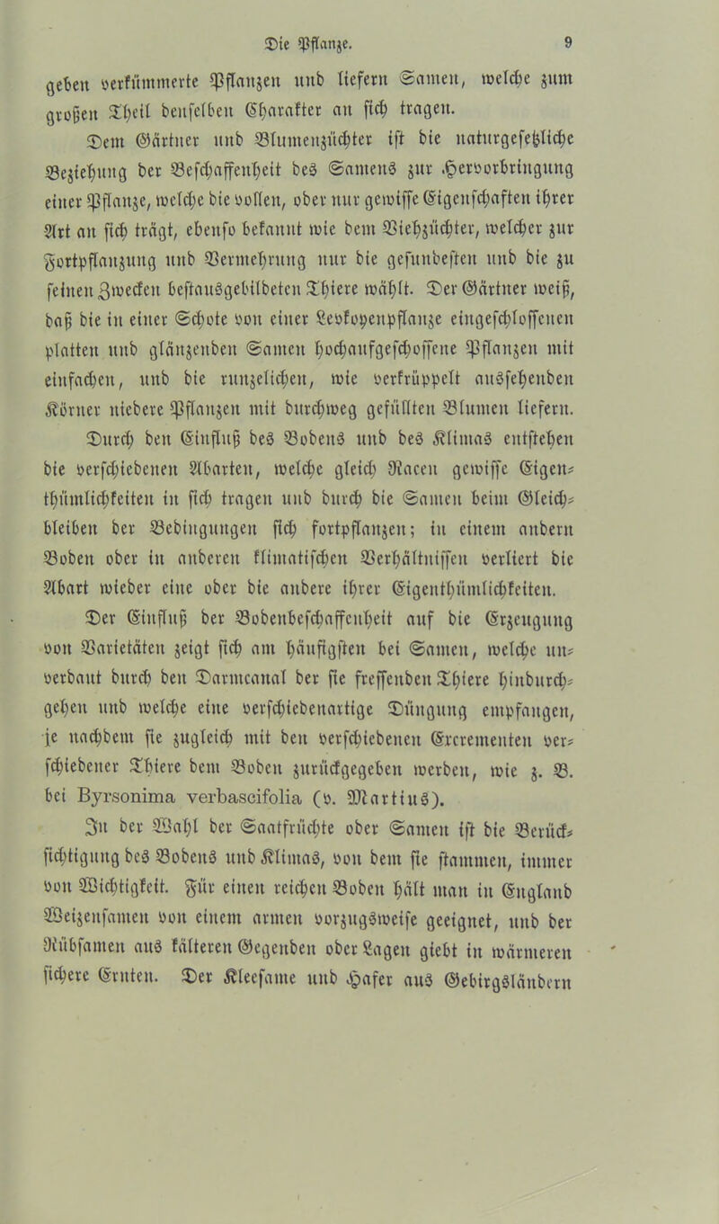 geben oerfümmerte Spffoitjen unb liefern ©amen, welche jnm großen £heil benfelbeit ©harafter an ftch tragen. $em ©ärtner nnb Sfonteujüthter ift bie naturgefefeliche Sejte'bnng ber ©efchaffeitheit beä ©antenS jnr .§eröorhringung einer CpfTanje, welche bie oollen, ober nur gewiffe ©igenfchaftett ihrer 3(rt an ftcb trägt, ebenfo befannt wie bcnt Viehzüchter, welcher jur Fortpflanzung unb Vermehrung nur bie gefunbeften unb bie ju feinen ßwecfeit beftanögebilbeten ^t;iere wählt. $)er ©ärtner weif, baß bie in einer ©chote oon einer Seöfopenpftanze eingefchtoffenen platten nnb gläitjenben ©amen hochaitfgefchoffene ^flanjcn mit einfachen, unb bie runjelicheit, wie oerfrüppelt anöfeheitben Körner niebere Cßflanjeit mit bitrcf>weg gefüllten ©turnen liefern. $)urch ben ©iitflnfs beä ©obeitS unb beä ^lintaS entgehen bie oerfchicbcnett Abarten, welche gleich Oiaceit gewiffe ©igelt* thnmlichfeiten in ftch tragen unb bitich bie ©amen beim ©leid)* bleiben ber ©ebiitgnitgeit fleh fortpflanjen; in einem aitbent ©oben ober in aitberen flimatifchen ©erhältniffen oerliert bie Slbart wieber eine ober bie anberc ihrer ©igenthümlichfeitcit. $)er ©iitfhtf ber ©obettbefebaffenheit auf bie (Srjeugtutg ooit ©arietäten zeigt ftch am hänfigften bei ©anteit, welche tut* oerbant bitrch ben $)anttcaital ber fte freffenben £l)iere t>titburch' gehen nnb welche eine oerfchiebenartige Düngung empfangen, je nachbent fte zugleich mit ben mfchiebeiteit ©memeitten oer* fchiebener $biere beut ©oben jnrücfgegeben werben, wie $. ©. bei Byrsonima verbascifolia (ü. SJlartiuS). 2>u ber Sal;l ber ©aatfrüchte ober ©amen ift bie ©erücf* fichtiguug bcö ©obcitö uitb^liiitaS, Pott bettt fte flammen, immer öou Söichtigfeit. Für einen reichen ©oben hält man in ©uglaub Söeijenfanten »oit einem armen norjugäweife geeignet, unb bet 9tübfamen aus fütteren ©egettben ober Sagen giebt in wärmeren fixere ©ritten. SDer Kleefarne unb gpafer au3 ©ebirgöläitbent