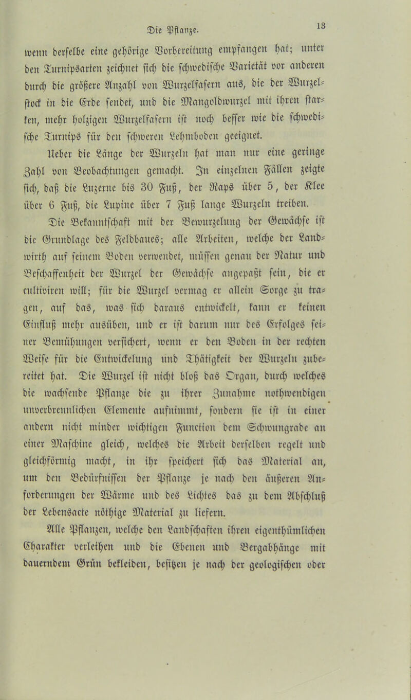 ©ic Ißflatije. weint berfelfie eine gehörige 93ort>ereituitg empfangen fiat; unter beit £nrnip‘3arten jeicfiitet fid; bie fefitoebifefie ©arietät bor anbeveit burd) bte größere Slnjafil öon Sßurjelfafcrn aitö, bie ber 2Öttr$el* ftod in bie @rbe fenbet, ttitb bie ©Zaitgolbiottrjcl mit ifireit ftar* feit, ntefir fioljigeit 28nr$elfaferit ift itocfi beffer mie bie (cfiioebi* fcfic £itrnipö für beit ferneren Sefintfiobeit geeignet. Uefier bie Sänge ber SÖitrjelit t;at man nur eine geringe ßafil ooit ©cofiad;tnitgeit gemacht. 3üt einzelnen gätfeit jeigte ftcfi, bafi bie Snjentc bis 30 $ufi, ber 9iap3 über 5, ber £Iee über 6 $ttfi, bie Sufiine über 7 guj} lange Söurjetn treiben. 0>ic ©efamttfcfiaft mit ber ©cmurjeluitg ber ©emäcfife i|t bie ©rttitblage beS $clbfiaue3; ade Arbeiten, melcfie ber Saitb* mirtfi auf feinem ©oben oeriocitbet, ntüffeit genau ber 9?atur uttb ©efcfiaffeitficit ber Sönrjet ber ©emaefife aitgepapt fein, bie er cultioireit miß; für bie Söurjel vermag er allein @orgc $u tra* gen, auf ba3, toaö ftcfi barattS cntioidelt, famt er feilten (Sinflitjj ntefir aitöübeit, ttitb er ift barnnt nur bc3 (SrfolgeS fei* ner ©entüfiuitgett oerftefiert, wenn er beit ©oben in ber rechten Sßeife für bie (Sittmidelung ttitb Sfiatigfeit ber 2önr$eltt jufie* reitet fiat. Oie Söitrjel ift itid;t blofi baö Organ, bnrd; wclcfieö bie macfifeitbc ^flaitje bie $u ifirer ßnitafinte notfiweitbigeit nitoerbrennlicfien Elemente anfitimmt, foitbern fie ift in einer aitbcnt itidit ntittber micfitigcit Function beut ©cfiwmtgrabe an einer 3Jiafd)iitc glcicfi, wclcfieS bie Slrficit berfclbcit regelt unb gteidiförmig ntaefit, in ifir fpeiefiert ftcfi baö Material an, mit beit ©ebürfniffeit ber ^flaitje je naefi beit anderen Slit* forbenutgeit ber Söärnte ttitb be3 Siditcö baä ju beut Stfcfcfilufi ber Scfieitäactc nötfiigc SPiatcrial $u liefern. Stile ^flaitjcn, melcfie beit Saitbfcfiaftcit ifireit eigentfiüntlicfien CSfiarafter ocrlcificit unb bie (Sficiteit unb ©ergafifiäitge mit bauernbeiit ©ritu fiefleibeit, befifieit je naefi ber geologifcficit ober