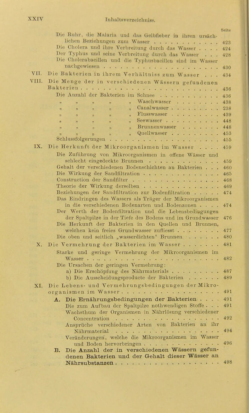 Seite Die Ruhr, die Malaria liikI das Gelbfieber ia ihren ursäch- lichen Beziehungen zura Wasser 423 Die Cholera und ihre Verbreitung durch das Wasser .... 424 Der Typhus und seine Verbreitimg durch das Wasser ... 428 Die Cholerabacillen und die Typhusbacilleu sind im Wasser nachgewiesen 430 'VII. Die Bakterien in ihrem Verhältniss zum Wasser ... 434 VIII. Die Menge der in verschiedenen Wässern gefundenen Bakterien 43g Die Anzahl der Bakterien im Schnee 436 n „ „ „ „ Waschwasser 438 ,1 „ „ „ „ Canalwasser 238 n „ „ „ „ Flusswasser 439 n n 1, „ „ Seewasser 448 n „ „ „ „ Brunnenwasser 448 )) n ,) „ „ Quellwasser 453 Schlussfolgerungen 455 IX. Die Herkunft der Mikroorganismen im Wasser .... 459 Die Zuführung von Mikroorganismen in offene Wässer mid schlecht eingedeckte Brunnen 459 Gehalt der verschiedenen Bodenschichten an Bakterien . . . 460 Die Wirkung der Sandfiltration 465 Construction der Sandfilter 468 Theoi'ie der Wirkung derselben 469 Beziehungen der Sandfiltration zur Bodenfiltration 474 Das Eindringen des Wassers als Träger der Mikroorganismen in die verschiedenen Bodenarten und Bodenzonen .... 474 Der Werth der Bodenfiltration und die Lebensbedingungen der Spaltpilze in der Tiefe des Bodens und im Grundwasser 476 Die Herkunft der Bakterien in den Quellen und Brunnen, welchen kein freies Grundwasser zufliesst 477 Die oben und seitlich „wasserdichten Brunnen 480 X. Die Vermehrung der Bakterien im Wasser 481 Starke und geringe Vermehrung der Mikroorganismen im Wasser 482 Die Ursachen der geringen Vermehrung: a) Die Erschöpfung des Nährmaterials 487 b) Die Ausscheidungsproducte der Bakterien 489 XI. Die Lebens- und Vermehrungsbedingungen der Mikro- organismen im Wasser 491 A. Die Ernährungsbedingungen der Bakterien .... 491 Die zum Aufbau der Spaltpilze notbwendigen Stoffe ... 491 Wachsthum der Organismen in Nährlösung verschiedener Concentration 492 Ansprüche verschiedener Arten von Bakterien an ihr Nährmaterial 494 Veränderungen, welche die Mikroorganismen im Wasser und Boden hervorbringen 496 B. Die Anzahl der in verschiedenen Wässern gefun- denen Bakterien und der Gehalt dieser Wässer an Nährsubstanzen 498