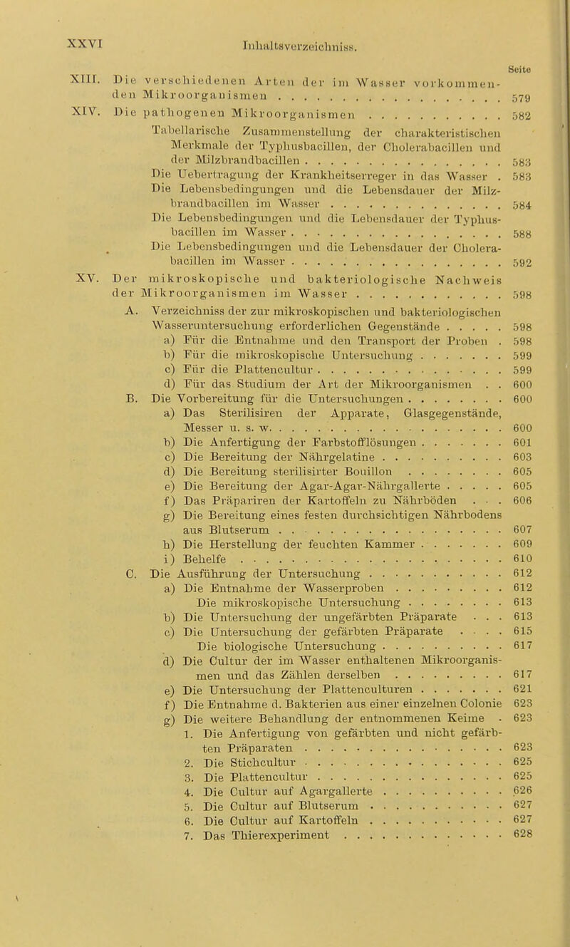 Seite XIII. Die verschietleuen Artoii der hu Wassur vorkommen- den Mikroorgauismeu 579 XIV. Die pathogeneu Mikroorganismen ,082 Tabellarisclie Zusammenstellung der charakteristischen Merkmale der TyphusbacUlen, der Cholerahacillen und der Milzbrandbacillen 583 Die Uebertragung der Krankheitserreger in das Wasser . 583 Die Lebensbedingungen und die Lebensdauer der Milz- brandbacillen im Wasser 584 Die Lebensbediiigungen und die Lebensdauer der Typhus- bacUlen im Wasser 588 Die Lebensbedingungen und die Lebensdauer der Cholera- hacillen im Wasser 592 XV. Der mikroskopische und bakteriologische Nachweis der Mikroorganismen im Wasser 598 A. Verzeichniss der zur mikroskopischen und bakteriologischen Wasseruntersuchung erforderlichen Gegenstände 598 a) Für die Entnahme und den Transport der Proben . 598 b) Für die mikroskopische Untersuchung 599 c) Für die Plattencultur 599 d) Für das Studium der Art der Mikroorganismen . . 600 B. Die Vorbereitung für die Untersuchungen 600 a) Das Sterilisiren der Apparate, Glasgegenstände, Messer u. s. w 600 b) Die Anfertigung der Farbstofflösungen 601 c) Die Bereitung der Nährgelatine 603 d) Die Bereitung sterilisirter Bouillon 605 e) Die Bereitung der Agar-Agar-Nährgallerte 605 f) Das Präpariren der Kartoffeln zu Nährböden . • . 606 g) Die Bereitung eines festen durchsichtigen Nährbodens aus Blutserum 607 h) Die Herstellung der feuchten Kammer 609 i) Behelfe 610 C. Die Ausführung der Untersuchung 612 a) Die Entnahme der Wasserproben 612 Die mikroskopische Untersuchung 613 b) Die Untersuchung der ungefärbten Präparate . . . 613 c) Die Untersuchung der gefärbten Präparate .... 615 Die biologische Untersuchung 617 d) Die Cultur der im Wasser enthaltenen Mikroorganis- men und das Zälüen derselben 617 e) Die Untersuchung der Plattenculturen 621 f) Die Entnahme d. Bakterien aus einer einzelnen Colonie 623 g) Die weitere Behandlung der entnommenen Keime . 623 1. Die Anfertigung von gefärbten und nicht gefärb- ten Präparaten 623 2. Die Stichcultur 625 3. Die Plattencultur 625 4. Die Cultur auf Agargallerte 626 5. Die Cultur auf Blutserum 627 6. Die Cultur auf Kartoffeln 627 7. Das Thierexperiment 628