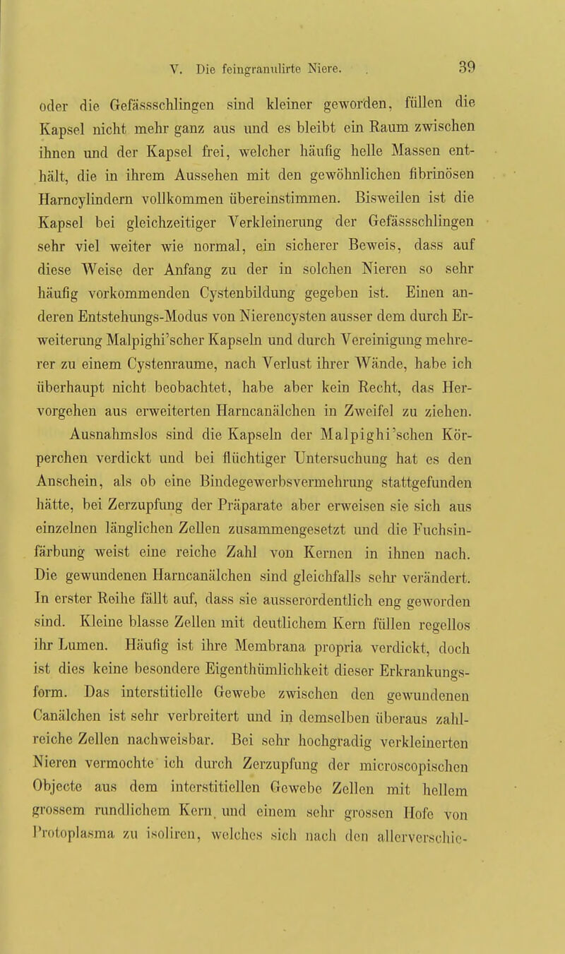 oder die Gefässschlingen sind kleiner geworden, füllen die Kapsel nicht mehr ganz aus und es bleibt ein Raum zwischen ihnen imd der Kapsel frei, welcher häufig helle Massen ent- hält, die in ihrem Aussehen mit den gewöhnlichen fibrinösen Harncylindern vollkommen übereinstimmen. Bisweilen ist die Kapsel bei gleichzeitiger Verkleinerung der Gefässschlingen sehr viel weiter wie normal, ein sicherer Beweis, dass auf diese Weise der Anfang zu der in solchen Nieren so sehr häufig vorkommenden Cystenbildimg gegeben ist. Einen an- deren Entstehmigs-Modus von Nierencysten ausser dem durch Er- weiterung Malpighi'scher Kapseln und durch Vereinigung mehre- rer zu einem Cystenraume, nach Verlust ihrer Wände, habe ich überhaupt nicht beobachtet, habe aber kein Recht, das Her- vorgehen aus erweiterten Harncanälchen in Zweifel zu ziehen. Ausnahmslos sind die Kapseln der Malpighi'sehen Kör- perchen verdickt und bei flüchtiger Untersuchung hat es den Anschein, als ob eine Bindegewerbsvermehrung stattgefunden hätte, bei Zerzupfimg der Präparate aber erweisen sie sich aus einzelnen länglichen Zellen zusammengesetzt mid die Fuchsin- färbung weist eine reiche Zahl von Kernen in ihnen nach. Die gewundenen Harncanälchen sind gleichfalls sehr verändert. In erster Reihe fällt auf, dass sie ausserordentlich eng geworden sind. Kleine blasse Zellen mit deutlichem Kern füllen regellos ihr Lumen. Häufig ist ihre Membrana propria verdickt, doch ist dies keine besondere Eigenthümlichkeit dieser Erkrankungs- form. Das interstitielle Gewebe zwischen den gewundenen Canälchen ist sehr verbreitert und in demselben überaus zahl- reiche Zellen nachweisbar. Bei sehr hochgradig verkleinerten Nieren vermochte ich durch Zerzupfung der microscopischen Objecto aus dem interstitiellen Gewebe Zellen mit hellem grossem rundlichem Kern, und einem sehr grossen Hofe von Protoplasma zu isoiiren, welches sich nach den allerverschic-