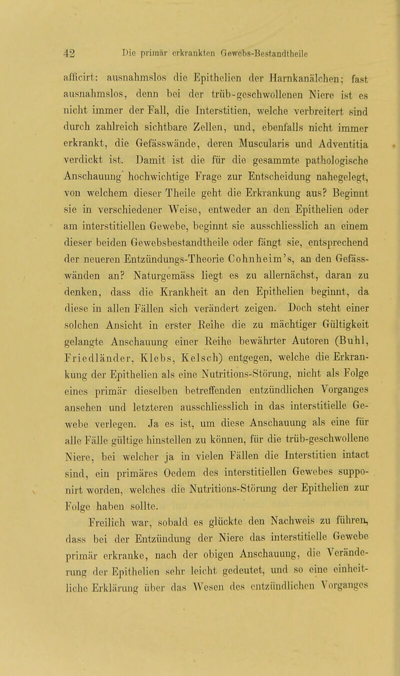 afficirt: ausnahmslos die Epithclicn der Harnkanälchen; fast ausnahmslos, denn bei der trüb-geschwollenen Niere ist es nicht immer der Fall, die Interstitien, welche verbreitert sind durch zahlreich sichtbare Zellen, und, ebenfalls nicht immer erkrankt, die Gefässwände, deren Muscularis und Adventitia verdickt ist. Damit ist die für die gesammte pathologische Anschauung hochwichtige Frage zur Entscheidung nahegelegt, von welchem dieser Theile geht die Erkrankung aus? Beginnt sie in verschiedener Weise, entweder an den Epithelien oder am interstitiellen Gewebe, beginnt sie ausschliesslich an einem dieser beiden Gewebsbestandtheile oder fängt sie, entsprechend der neueren Entzündungs-Theorie Cohnheim's, an den Gefäss- wänden an? Natm'gemäss liegt es zu allernächst, daran zu denken, dass die Krankheit an den Epithelien beginnt, da diese in allen Fällen sich verändert zeigen. Doch steht einer solchen Ansicht in erster Reihe die zu mächtiger Gültigkeit gelangte Anschauung einer Reihe bewährter Autoren (Buhl, Friedländer, Klebs, Kelsch) entgegen, welche die Erkran- kung der Epithelien als eine Nutritions-Störung, nicht als Folge eines primär dieselben betreffenden entzündlichen Vorganges ansehen und letzteren ausscliliesslich in das interstitielle Ge- webe verlegen. Ja es ist, um diese Anschauimg als eine für alle Fälle gültige hinstellen zu können, für die trüb-geschwollene Niere, bei welcher ja in vielen Fällen die Interstitien intact sind, ein primäres Oedem des interstitiellen Gewebes suppo- nirt worden, welches die Nutritions-Stönmg der Epithelien zm- Folge haben sollte. Freilich war, sobald es glückte den Nachweis zu fülu-en, dass bei der Entzündung der Niere das interstitielle Gewebe primär erkranke, nach der obigen Anschauung, die A^erände- rung der Epithelien sehr leicht gedeutet, und so eine einheit- liche Erklärung über das Wesen des entzündlichen Vorganges